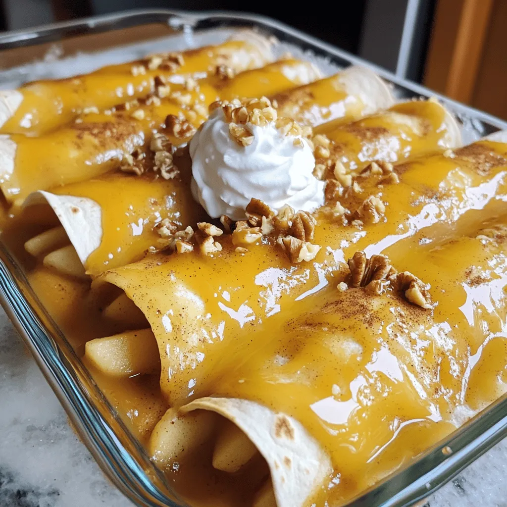 - Apples: Use 2 large Granny Smith or Honeycrisp apples, peeled, cored, and diced. - Spices: You need 1 teaspoon of cinnamon and 1/4 teaspoon of nutmeg. - Sweeteners: Grab 1/4 cup of brown sugar and 1 cup of caramel sauce. - Tortillas: Use 8 flour tortillas, about 8 inches in size. - Cheese: I recommend 1 cup of shredded cheddar cheese for a sweet and savory mix. - Additional Ingredients for Garnish: Consider whipped cream or vanilla ice cream for serving. You can also add chopped walnuts or pecans for crunch. Each ingredient plays a key role in making this dish shine. The apples give a fresh taste, while the spices add warmth. The caramel sauce brings sweetness, and the cheese offers a nice surprise. Enjoy gathering these ingredients! Start by peeling, coring, and dicing two large apples. I like using Granny Smith or Honeycrisp for a great taste. Place the diced apples in a skillet over medium heat. Add in one teaspoon of cinnamon, a quarter teaspoon of nutmeg, and a quarter cup of brown sugar. Pour in one tablespoon of lemon juice to keep the apples fresh. Stir everything together and cook for about five to seven minutes. The apples should be soft but not mushy. Remove the skillet from heat and set it aside. Now, grab your eight flour tortillas. Take one tortilla and place a generous amount of the apple filling in the center. Add a sprinkle of shredded cheese on top for a sweet and savory mix. Carefully roll the tortilla tightly. Place it seam-side down in a greased baking dish. Repeat this process with the remaining tortillas. Make sure all the enchiladas fit snugly in the dish. Preheat your oven to 350°F (175°C). Once all enchiladas are in the dish, drizzle one cup of caramel sauce over the top. Cover each tortilla well. If you have extra cheese, sprinkle it on top for more flavor. Bake in the oven for 20 to 25 minutes. You want the tortillas to be golden and the cheese melted. After baking, let them cool for a few minutes. Serve warm with whipped cream or vanilla ice cream. For an extra crunch, add chopped nuts. Enjoy this tasty dessert! When making apple pie enchiladas, pick the best apples. I recommend Granny Smith or Honeycrisp apples. These apples add a nice mix of sweet and tart flavors. Granny Smith apples are firm and hold their shape well. Honeycrisp apples are juicy and sweet. Using a blend of both can give you the best taste. Be sure to peel, core, and dice the apples before cooking. This makes the filling smooth and easy to roll. Rolling tortillas can sometimes be tricky, but I have tips to help. First, warm the tortillas slightly in the microwave for about 10 seconds. This makes them soft and easier to roll. Place a good amount of the apple mixture in the center of each tortilla. Be careful not to overfill, as this can make rolling hard. Roll the tortilla tightly, but not too tight. Place the seam side down in your greased baking dish. Repeat this with all tortillas to keep them neat and secure. Baking your enchiladas at the right time and temperature is key. I suggest preheating your oven to 350°F (175°C). This temperature helps the tortillas crisp up without burning. Bake them for 20 to 25 minutes. Keep an eye on them near the end. You want the tortillas to be golden brown and the cheese melted. Let them cool for a few minutes before serving. This way, they will hold their shape and be easier to enjoy! {{image_2}} You can swap apples for many fruits. Pears add a sweet twist. Peaches bring a juicy bite. Cherries offer a tart flavor. You can even mix fruit for a fun blend. Just keep the spices like cinnamon and nutmeg. They work well with any fruit. Cheese adds a nice touch. While cheddar is tasty, you can try others. Cream cheese gives a rich flavor. Goat cheese offers a tangy kick. For a sweeter option, use mascarpone. Each cheese will change the taste and keep it fun. Toppings can make your dish shine. Whipped cream is classic and light. Vanilla ice cream pairs well with warm enchiladas. Drizzle extra caramel sauce for sweetness. Chopped nuts add crunch and flavor. Try serving with a scoop of yogurt for a twist too. To keep your Apple Pie Enchiladas fresh, store them in an airtight container. Place a piece of wax paper between layers to avoid sticking. They will stay good in the fridge for about three days. If you want to enjoy them later, try freezing instead. For the best results, reheat your enchiladas in the oven. Preheat your oven to 350°F (175°C). Spread them out on a baking sheet. Cover them with foil to keep them moist. Heat for about 15-20 minutes until warm. If you're in a hurry, you can use the microwave. Heat for about one to two minutes, checking often. To freeze your Apple Pie Enchiladas, let them cool completely first. Wrap each enchilada tightly in plastic wrap, then place them in a freezer bag. They can last up to three months in the freezer. When you’re ready to eat, let them thaw in the fridge overnight before reheating. Apple Pie Enchiladas are a fun twist on classic apple pie. They use tortillas to wrap a sweet apple filling. The filling has diced apples, cinnamon, nutmeg, and brown sugar. Once wrapped, these enchiladas bake until golden. A drizzle of caramel sauce adds a tasty touch. Yes, you can make Apple Pie Enchiladas ahead of time. Prepare the filling and roll the enchiladas. Place them in a baking dish and cover. Keep them in the fridge for up to 24 hours. When you’re ready, bake as usual. This makes serving easy! To make homemade caramel sauce, you'll need sugar, butter, and cream. Start by melting sugar in a pan over medium heat. Stir until it turns golden brown. Then, add butter and mix until melted. Finally, slowly pour in cream and stir until smooth. Let it cool before using. If you need an alternative to flour tortillas, try corn tortillas. They work well and add a nice flavor. You can also use whole wheat tortillas for a healthier option. If you're feeling adventurous, consider using crepes for a unique twist. Yes, you can make this recipe gluten-free. Simply use gluten-free tortillas instead of flour ones. Make sure to check the caramel sauce too. Some brands may contain gluten. With these swaps, everyone can enjoy this tasty treat! In this blog post, we covered the yummy recipe for Apple Pie Enchiladas. We discussed the needed ingredients, step-by-step instructions, and helpful tips. You learned about variations and how to store leftovers. These enchiladas are a fun and tasty twist on a classic dessert. I hope you feel excited to try them! Enjoy the cooking process and share your delicious results with friends and family.