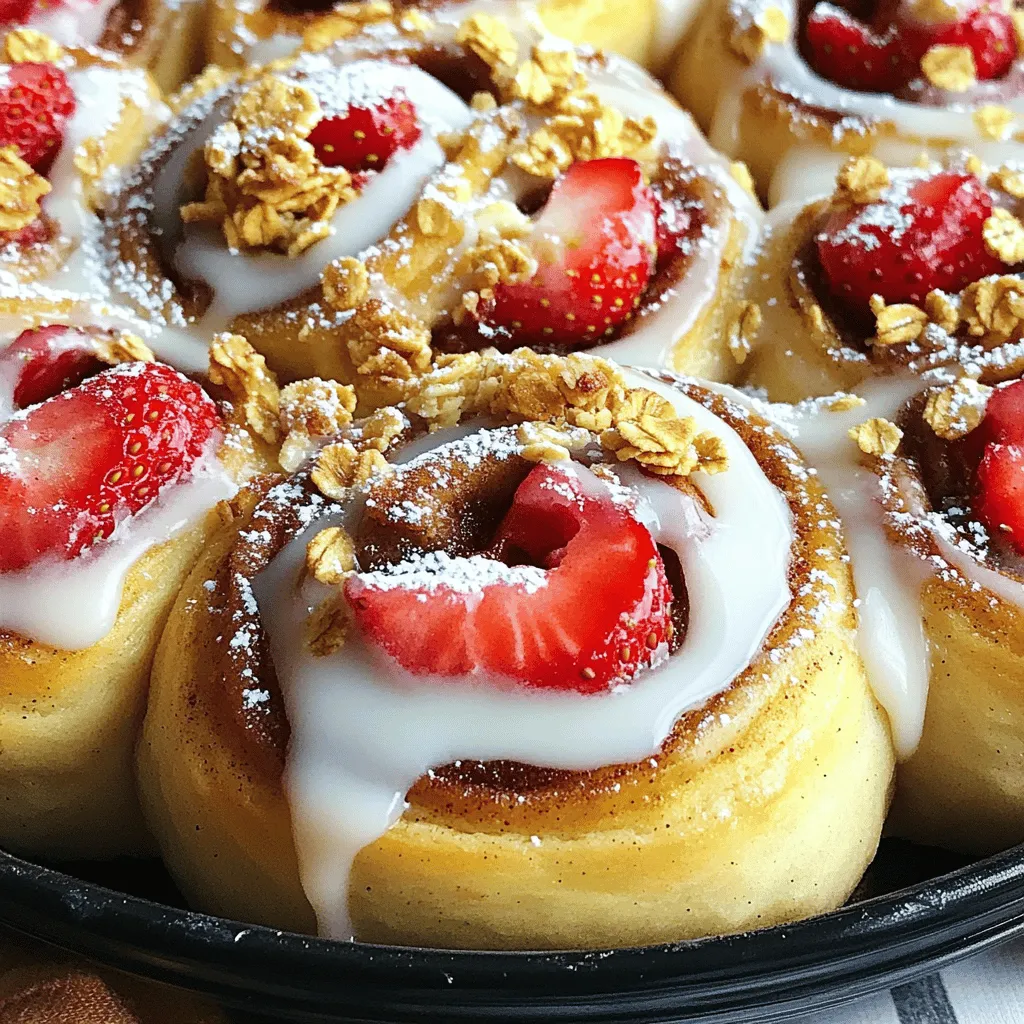To make these Strawberry Cheesecake Cinnamon Rolls, gather these key items: - 1 package (16 oz) refrigerated cinnamon roll dough - 1 cup cream cheese, softened - 1/2 cup powdered sugar - 1 teaspoon vanilla extract - 1 cup fresh strawberries, diced - 1/2 teaspoon lemon juice These ingredients form the base of your rolls. The cream cheese gives it a rich, creamy taste. Fresh strawberries add a burst of flavor and color. Add a little extra flair with these toppings: - 1/4 cup granola (for topping) - 1 tablespoon milk (for drizzling) - Extra powdered sugar (for dusting) Granola adds crunch, while a drizzle of milk mixed with powdered sugar makes it sweet. Dust with powdered sugar for a lovely finish. If you need to substitute, here are a few ideas: - Use Greek yogurt instead of cream cheese for a lighter option. - Swap out fresh strawberries for frozen ones if needed. Just thaw and drain before using. - For a dairy-free version, try vegan cream cheese. These swaps can still give you a tasty treat while catering to different dietary needs. First, gather all your ingredients. This recipe uses simple items. You need cinnamon roll dough, cream cheese, strawberries, and other basics. Preheating the oven to 350°F (175°C) is your first step. Grease your baking dish, so the rolls don’t stick. 1. Mix the Filling: In a bowl, blend softened cream cheese, powdered sugar, and vanilla. Mix until smooth. 2. Add Strawberries: Dice fresh strawberries and squeeze in lemon juice. Gently fold them into the cream cheese mix. Avoid mashing the strawberries. 3. Roll Out the Dough: On a floured surface, roll the cinnamon dough into a rectangle, about 9x12 inches. 4. Spread the Filling: Evenly spread your strawberry mixture on the dough. Leave a small edge around the sides. 5. Form the Rolls: Starting from one long side, roll the dough tightly into a log. Pinch the edges to seal it. 6. Slice and Arrange: Cut the log into 12 equal pieces. Place these in your greased baking dish. 7. Bake: Put the dish in the oven. Bake for 25-30 minutes. They should be golden brown when done. 8. Prepare the Drizzle: While baking, mix milk with powdered sugar. Adjust to your desired thickness. 9. Finish the Rolls: Once out of the oven, let them cool a bit. Drizzle the milk mix over the warm rolls. 10. Add Toppings: If you like, sprinkle granola on top for some crunch. Dust with extra powdered sugar before serving. - Don’t Overmix: When blending the filling, be gentle. You want chunks of strawberries. - Roll Tightly: Make sure to roll the dough tightly to keep the filling inside. - Use Fresh Ingredients: Fresh strawberries enhance the flavor. Frozen strawberries can make the filling watery. - Cool Slightly: Let the rolls cool a little before drizzling. This helps the drizzle set better. Enjoy making these sweet, creamy rolls! To get the best texture in your Strawberry Cheesecake Cinnamon Rolls, use room-temperature cream cheese. This helps it blend smoothly. Mix the cream cheese with powdered sugar well. You want it creamy, not lumpy. When you roll out the dough, aim for a 9x12-inch rectangle. This size helps create even rolls. Also, do not overfill with the cream cheese mixture. A thin layer is ideal. It keeps the rolls soft and fluffy. These rolls shine with fresh strawberries. You can also pair them with other fruits. Try blueberries or raspberries for a twist. A hint of lemon juice in the cream cheese adds brightness. A sprinkle of granola on top gives added crunch. For a richer taste, drizzle with chocolate. Each of these pairs makes your rolls even more delightful. One common mistake is using cold cream cheese. This can lead to lumps in your mixture. Another mistake is overbaking the rolls. Keep an eye on them, and take them out once they turn golden brown. Also, avoid cutting the rolls too small or too large. Aim for even slices to ensure they bake evenly. Lastly, don’t skip the cooling time before drizzling. It helps the glaze stick better. {{image_2}} You can change up the flavors in these rolls. Swap strawberries for blueberries for a fresh twist. If you love chocolate, add mini chocolate chips to the cream cheese mix. Try crushed raspberries for a tangy kick. For a nutty flavor, mix in some chopped walnuts or pecans. You can also add a hint of almond extract for a unique taste. Each option brings a new and exciting flavor to the rolls. You can make these rolls gluten-free by using gluten-free cinnamon roll dough. Many stores offer this option now. For a vegan version, choose a vegan cream cheese and a plant-based cinnamon roll dough. Check labels to ensure all ingredients are dairy-free. You can also replace the milk drizzle with a plant-based milk. These swaps let everyone enjoy this tasty treat without missing out. Serve these rolls warm for the best taste. They pair well with a scoop of vanilla ice cream. You can also serve them with fresh whipped cream on the side. For a fun twist, try adding a berry sauce for extra color and flavor. If you want to impress guests, plate them with mint leaves for a pop of green. These ideas make your rolls even more special and fun to eat! To keep your leftover strawberry cheesecake cinnamon rolls fresh, place them in an airtight container. This helps prevent them from drying out. Store the container in the fridge for up to three days. If you want to enjoy them later, make sure they're completely cool before sealing. Reheating is easy! Preheat your oven to 350°F (175°C). Place the rolls on a baking tray. Cover them with foil to keep them moist. Heat for about 10-15 minutes or until warm. You can also use the microwave. Just warm them for 15-20 seconds, but watch out! They can get chewy if overheated. Want to save some for later? You can freeze these rolls! After baking, let them cool completely. Wrap each roll in plastic wrap, then place them in a freezer bag. They can stay in the freezer for up to two months. When you’re ready to eat, thaw them in the fridge overnight and reheat as mentioned above. Yes, you can prepare the rolls a day in advance. After you slice them, place the rolls in the baking dish. Cover them with plastic wrap and store them in the fridge. The next day, just take them out and let them sit at room temperature for about 30 minutes. Then, bake as directed. This way, you save time and still enjoy fresh rolls. If you want to skip cream cheese, try Greek yogurt or mascarpone cheese. Both will give a creamy texture. You can also use a dairy-free option like cashew cream for a vegan choice. Just make sure to adjust the sweetness to match your taste. The rolls are done when they are golden brown on top. You can also check by inserting a toothpick in the center. If it comes out clean, they are ready. Let them cool slightly before drizzling to keep them soft and gooey. You now have all the knowledge to make amazing cinnamon rolls. We covered essential ingredients, step-by-step baking, and tips for the best results. You can explore variations and learn how to store your treats. With these skills, you will impress everyone with your baking. Enjoy your cinnamon rolls and have fun trying new flavors! Keep experimenting and make this recipe your own. Happy baking!