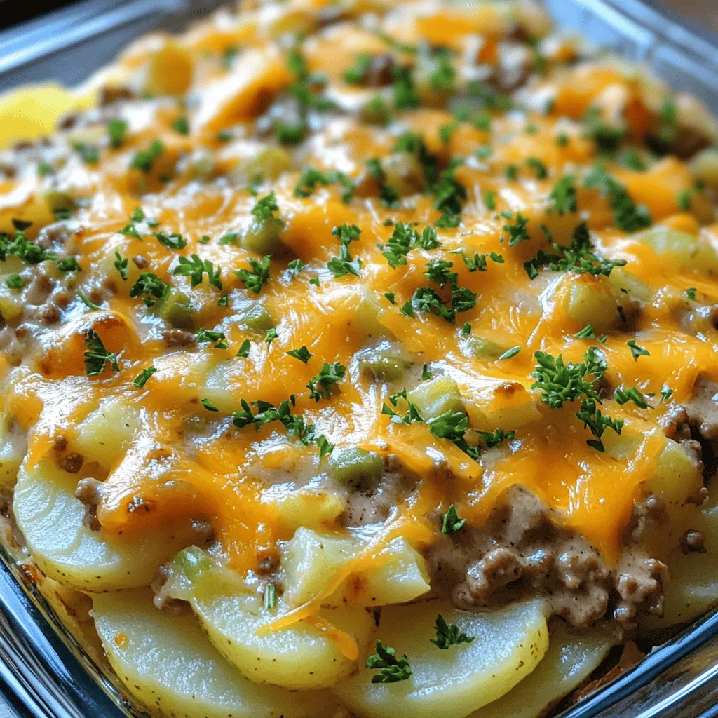 - 1 lb ground beef - 4 medium potatoes, thinly sliced - 1 onion, finely chopped - 2 cups frozen mixed vegetables (carrots, peas, corn) - 2 cups shredded cheddar cheese - 1 can (10.5 oz) cream of mushroom soup - 1 cup beef broth - 1 teaspoon garlic powder - 1 teaspoon paprika - Salt and pepper to taste - Fresh parsley for garnish For this Hobo Ground Beef & Potato Casserole, I love using fresh, quality ingredients. They really boost the flavor. You’ll need just one pound of ground beef as the base. Ground beef is rich and hearty. It pairs well with the potatoes. Next, grab four medium potatoes. Slicing them thin helps them cook evenly. A finely chopped onion adds sweetness and depth. You can use any onion, but a yellow onion works great. Mixed vegetables bring color and nutrients. I use two cups of frozen mixed vegetables, which are easy and quick. Then, we need two cups of shredded cheddar cheese. Cheese adds creaminess and a savory touch. For the sauce, I use a can of cream of mushroom soup and one cup of beef broth. This mixture makes the dish creamy and rich. Finally, don’t forget the spices! Garlic powder and paprika give warmth. Add salt and pepper to taste. I also like to garnish with fresh parsley. It adds a pop of color and freshness to the dish. With these ingredients, you can create a comforting casserole. It's a dish the whole family will enjoy! 1. First, preheat your oven to 350°F (175°C). This step is key for even cooking. 2. Next, take a large skillet and cook 1 lb of ground beef with 1 finely chopped onion. Use medium heat until the beef is browned and the onion is soft. 3. Once the meat is ready, drain excess fat to keep the dish light. 4. Stir in 2 cups of frozen mixed vegetables, 1 teaspoon garlic powder, 1 teaspoon paprika, salt, and pepper. Cook this mixture for 5 minutes. This lets the vegetables thaw and blend well. 1. Grab a greased 9x13 inch baking dish. Start by layering half of the 4 thinly sliced potatoes at the bottom. Sprinkle with a bit of salt and pepper for flavor. 2. Spread the beef and vegetable mix evenly over the potatoes. Make sure to cover the potatoes well. 3. Pour half of the creamy soup mixture, made from 1 can of cream of mushroom soup and 1 cup of beef broth, over the beef layer. 4. Follow this by adding half of the 2 cups of shredded cheddar cheese. 5. Now, layer the remaining potatoes on top. Don't forget to sprinkle more salt and pepper. 6. Pour the rest of the creamy soup mixture over everything. 1. Cover your dish with aluminum foil and bake it in the preheated oven for 45 minutes. This helps the potatoes cook through. 2. After 45 minutes, remove the foil. Sprinkle the remaining cheese on top. Bake uncovered for another 15 minutes. This will make the cheese melt and become bubbly. 3. Once done, let the casserole cool for a few minutes. This helps the layers set. 4. Finally, garnish with fresh parsley before serving. Enjoy your hearty dish! To make a great Hobo Ground Beef & Potato Casserole, start by browning the meat right. Use medium heat in a large skillet. Cook the ground beef and onion until the beef is brown and the onion is soft. This step adds rich flavor. Drain any extra fat to keep the dish from being greasy. Next, for tender potatoes, slice them thinly. This helps them cook evenly. Layer them well in the baking dish, and sprinkle salt and pepper on each layer. This seasoning enhances the taste and brings out the flavors of the dish. Pair this casserole with simple sides. A fresh green salad works great. You could also serve it with crusty bread for a hearty meal. For garnish, chop fresh parsley and sprinkle it on top before serving. This adds color and freshness. You can also add a dollop of sour cream for a creamy touch. These little extras enhance the dish and make it look amazing on the table. {{image_2}} You can change up your Hobo Ground Beef & Potato Casserole with different veggies. Try using: - Broccoli florets - Bell peppers - Zucchini slices - Green beans These options add flavor and color. You can also switch the cheese. Instead of cheddar, try: - Monterey Jack - Mozzarella - Pepper Jack for some heat Mixing different cheeses gives a unique taste. To make this dish gluten-free, use gluten-free cream of mushroom soup. You can also check the beef broth to ensure it's gluten-free. For a low-carb version, swap out the potatoes. Use cauliflower instead. Simply steam it until soft, then mash it or slice it. This keeps the creamy texture without the carbs. These adjustments keep the casserole tasty and friendly for different diets. Enjoy experimenting with flavors! To keep your Hobo Ground Beef & Potato Casserole fresh, follow these tips: - Refrigeration: Place leftovers in an airtight container. This helps keep the moisture in and prevents strong odors from mixing. Store in the fridge for up to 3-4 days. - Freezing: If you want to save some for later, freeze it. Use a freezer-safe container or heavy-duty aluminum foil. Make sure to label it with the date. It can last up to 2-3 months in the freezer. When it's time to enjoy your leftovers, use these methods: - Oven Method: Preheat your oven to 350°F (175°C). Cover the casserole with foil to keep it moist. Bake for about 25-30 minutes or until heated through. - Microwave Method: Place a portion on a microwave-safe plate. Heat on high for 2-3 minutes. Check and stir halfway through for even heating. Remember, always ensure the internal temperature reaches 165°F (74°C) before serving. This keeps your meal safe and delicious! Can I make Hobo Ground Beef & Potato Casserole ahead of time? Yes, you can prepare this casserole in advance. Just follow the recipe until you layer the ingredients in the dish. Cover it tightly and store it in the fridge. When you are ready to cook, simply bake it as instructed. This saves time on busy days. How long can I store leftovers? You can keep leftovers in the fridge for up to three days. Make sure to store them in an airtight container. If you want them to last longer, freeze them. They can last for up to three months in the freezer. Can I substitute the cream of mushroom soup? Absolutely! You can use other soups like cream of chicken or even a homemade white sauce. Just ensure it has a similar creamy texture. This keeps the dish rich and tasty while giving you some options. This blog post covered how to create a tasty Hobo Ground Beef & Potato Casserole. We discussed the ingredients, preparation steps, and cooking tips. You now know how to layer and bake your dish for the best results. Experiment with variations to suit your taste or dietary needs. Remember to store leftovers properly for future meals. Casseroles are a great way to feed your family and friends easily. Enjoy your cooking journey!