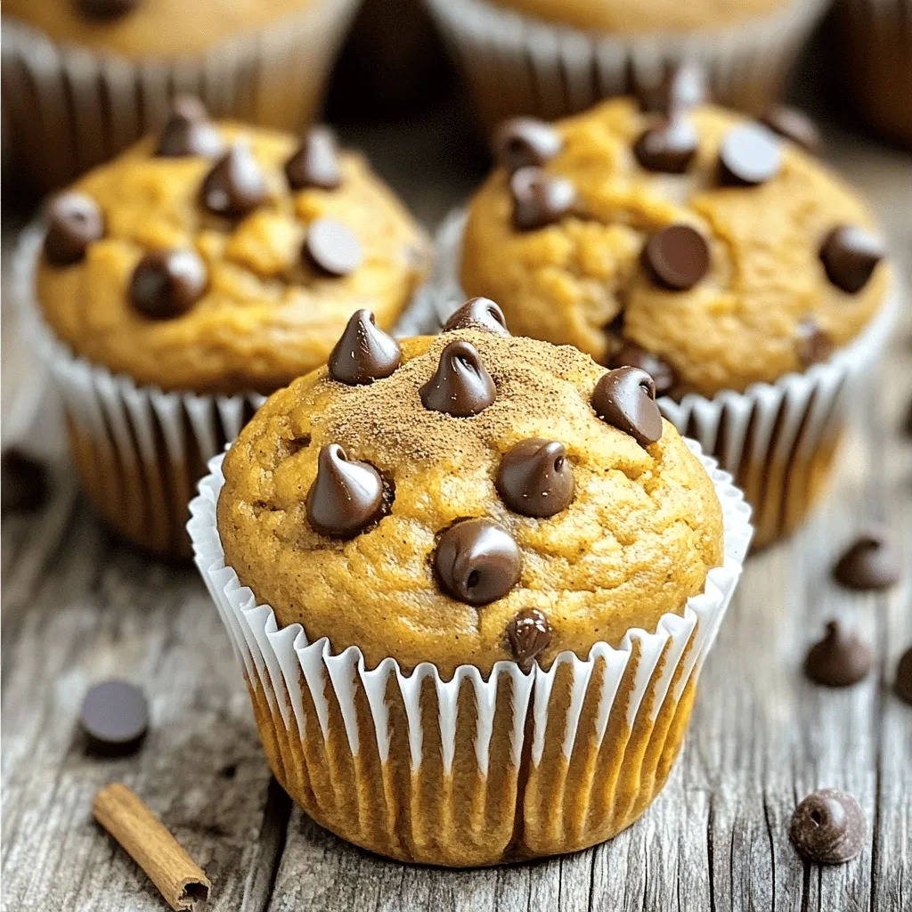To make pumpkin chocolate chip muffins, gather these items: - 1 cup canned pumpkin puree - 1/2 cup vegetable oil - 2 large eggs - 1/2 cup brown sugar - 1/2 cup granulated sugar - 1 teaspoon vanilla extract - 1 1/2 cups all-purpose flour - 1 teaspoon baking soda - 1 teaspoon baking powder - 1/2 teaspoon ground cinnamon - 1/4 teaspoon ground nutmeg - 1/4 teaspoon ground ginger - 1/4 teaspoon salt - 1 cup semi-sweet chocolate chips - Optional: 1/2 cup chopped nuts (like walnuts or pecans) If you need to swap ingredients, here are some ideas: - Use coconut oil instead of vegetable oil for a hint of flavor. - Replace eggs with flaxseed meal (1 tablespoon mixed with 2.5 tablespoons of water for each egg). - Swap all-purpose flour with gluten-free flour for a gluten-free option. - Dark chocolate chips can be used instead of semi-sweet for a richer taste. - Try maple syrup in place of brown sugar for a unique sweetness. Each muffin offers a tasty balance of flavors. Here’s a basic breakdown per muffin: - Calories: Approximately 180 - Total Fat: 8g - Saturated Fat: 1g - Cholesterol: 30mg - Sodium: 150mg - Total Carbohydrates: 25g - Dietary Fiber: 1g - Sugars: 10g - Protein: 2g These muffins are not just a treat. They are a good source of fiber and healthy fats too! First, set your oven to 350°F (175°C). This temperature helps muffins rise nicely. Next, grab a muffin tin. You can line it with paper liners or simply grease it with cooking spray. This step helps muffins come out easily after baking. In a large bowl, combine the pumpkin puree, vegetable oil, and both sugars. Add in the eggs and vanilla extract. Whisk these ingredients together until the mixture is smooth. This makes your muffins moist and flavorful. In another bowl, mix together the flour, baking soda, baking powder, cinnamon, nutmeg, ginger, and salt. Make sure they are well combined. This step ensures even flavor throughout your muffins. Now, gently add the dry mix to the wet ingredients. Stir until just combined. Avoid overmixing; you want fluffy muffins. Next, fold in the chocolate chips and any optional nuts. This adds a nice crunch and sweetness. Scoop the batter into your prepared muffin tin, filling each cup about 3/4 full. Bake for 18 to 20 minutes. Check doneness by inserting a toothpick into a muffin. If it comes out clean, they are ready! Let them cool in the tin for 5 minutes, then transfer to a wire rack. Enjoy your fresh, tasty pumpkin chocolate chip muffins! Overmixing can ruin your muffins. It makes them dense and tough. To avoid this, mix gently. After adding the dry ingredients, stir until just combined. You might still see some flour bits. That's okay! Fold in the chocolate chips carefully. This keeps your muffins light and fluffy. To check if your muffins are done, use a toothpick. Insert it into the center of a muffin. If it comes out clean, your muffins are ready. If not, bake for a few more minutes. Keep an eye on them. You want that perfect golden-brown color. To keep your muffins fresh, store them in an airtight container. This prevents them from drying out. You can also refrigerate them for longer life. If you want to freeze them, wrap each muffin tightly. This way, you can enjoy a tasty treat later! {{image_2}} You can easily make gluten-free pumpkin chocolate chip muffins. Simply replace all-purpose flour with a gluten-free blend. Look for a blend that has xanthan gum for better texture. Mix the dry ingredients as usual and follow the same steps. These muffins will still be soft and tasty. To create vegan pumpkin chocolate chip muffins, swap out the eggs. Use 1/2 cup of unsweetened applesauce instead. This keeps the muffins moist. Also, choose a plant-based oil, like coconut oil. Ensure your chocolate chips are dairy-free. These muffins will be fluffy and delightful without any animal products. You can enhance the flavor of your muffins with extra spices or extracts. Try adding 1/4 teaspoon of allspice or cloves for a warm touch. You can also mix in a splash of almond or maple extract for a unique twist. Feel free to experiment with flavors you enjoy. These little changes can make your muffins even more special. These pumpkin chocolate chip muffins taste great with many drinks. I love serving them with hot coffee or tea. The warm muffins balance well with the strong flavors of these drinks. You can also enjoy them with a glass of cold milk. For a cozy treat, try pairing them with apple cider. The sweet and spicy notes work perfectly together. To make the muffins look extra special, place them on a nice plate. You can stack them in a tall tower for a fun look. Sprinkle some extra chocolate chips or chopped nuts on top for decoration. Serve them warm with a spread of butter or cream cheese. A light dusting of cinnamon adds a lovely touch. You can even add a small dish of honey or maple syrup on the side. Store leftover muffins in an airtight container to keep them fresh. They last up to three days at room temperature. If you want them to last longer, freeze them. Wrap each muffin in plastic wrap, then place them in a freezer bag. When you're ready to enjoy, thaw them at room temperature. You can also reheat them in the oven for a few minutes at 350°F. This warms them up and keeps them soft. Yes, you can freeze pumpkin chocolate chip muffins. Wrap each muffin tightly in plastic wrap. Then, place them in a freezer bag. This keeps them fresh for up to three months. When you're ready to enjoy, just thaw them in the fridge overnight. You can also warm them in the microwave for a few seconds. You can use several egg substitutes. Common options include: - 1/4 cup unsweetened applesauce - 1/4 cup mashed banana - 1/4 cup yogurt - 1 tablespoon ground flaxseed mixed with 2.5 tablespoons water These substitutes keep the muffins moist and help them rise. Homemade muffins last about 3 to 5 days at room temperature. Keep them in an airtight container to maintain freshness. If you want them to last longer, store them in the fridge for up to a week. Just remember to let them come to room temperature before serving for the best taste. Yes, you can use fresh pumpkin. Start by roasting a small pumpkin. Cut it in half, scoop out the seeds, and bake it until soft. Then, mash it until smooth. This fresh puree works great in the recipe. However, canned pumpkin is often more convenient and saves time. In this post, I covered pumpkin chocolate chip muffins. We explored the needed ingredients and how to swap them. I shared step-by-step baking instructions and key tips to get it right. You learned about tasty variations like gluten-free and vegan options, plus great serving ideas. Remember, baking should be fun and creative. Feel free to experiment with flavors and always enjoy your delicious muffins!