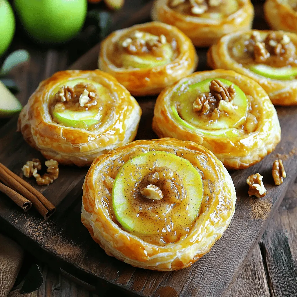 You need one sheet of puff pastry for this recipe. Make sure it is thawed before using. Puff pastry creates a light and flaky texture. You can find it in the freezer section of most grocery stores. I recommend using a large Granny Smith or Honeycrisp apple. These apples are tart and sweet. They hold their shape well when baked. Peel and thinly slice the apple for the best results. Using one cup of shredded sharp cheddar cheese adds a rich flavor. The sharpness of the cheese balances the sweetness of the apples. You can also try other cheeses like gouda or cream cheese for different tastes. Add one tablespoon of brown sugar to sweeten the apples. A teaspoon of cinnamon enhances the flavor beautifully. You can also include a pinch of salt to balance the sweetness. For a crunchy texture, mix in chopped walnuts or pecans if you like. First, set your oven to 400°F (200°C). This heat helps the puff pastry puff up nicely. Line a baking sheet with parchment paper. This keeps the pinwheels from sticking. Next, take your thawed puff pastry. Place it on a lightly floured surface. Roll it out gently to remove any creases. You want it slightly larger to hold more filling. Now, grab a mixing bowl. Add the thinly sliced apple, brown sugar, cinnamon, and a pinch of salt. Stir these together until the apples are coated well. This mix brings out the sweet and spicy flavors. Spread the shredded cheddar cheese evenly over the puff pastry. Leave a small margin around the edges. Then, layer the apple mixture over the cheese. If you like, sprinkle some chopped walnuts or pecans for a crunch. Starting from one edge, roll the puff pastry tightly into a log. Keep the filling inside as you roll. Once rolled, use a sharp knife to slice the log into 1-inch pinwheels. Place these cut-side up on the prepared baking sheet with space in between. Brush the tops of each pinwheel with the beaten egg for a golden finish. Bake in the oven for 15-20 minutes. Look for them to puff up and turn golden brown. Once done, remove them from the oven and let them cool for a few minutes before serving. For these pinwheels, I love using Granny Smith or Honeycrisp apples. Granny Smith has a tart flavor that pairs well with cheese. Honeycrisp is sweet and crunchy, adding a nice texture. Both types hold their shape during baking. Choose apples that are firm and fresh for the best taste. To get a nice golden color, brush the tops with beaten egg before baking. The egg wash helps them brown beautifully. Bake at 400°F (200°C) for 15-20 minutes. Keep an eye on them. Once they puff up and turn golden, they are ready to come out. When rolling the puff pastry, start at one edge and roll tightly. Make sure the filling stays inside as you roll. If the pastry tears, gently pinch it back together. Slice the log into 1-inch pinwheels with a sharp knife. This keeps them even and helps them bake uniformly. Serve these pinwheels warm for the best experience. Arrange them on a rustic wooden board. Garnish with fresh apple slices and a sprinkle of cinnamon. You can also pair them with a sweet dip like honey or a savory one like ranch. These add extra flavor and fun! {{image_2}} You can add some nuts for extra crunch. Walnuts and pecans work well. Chop them up and sprinkle them over the apples. This adds a nice texture and flavor. Nuts pair well with both apple and cheese. They bring a delightful twist to this treat. Try mixing in some nuts next time you make these pinwheels. If you want a change, try different cheeses. Gouda has a rich, creamy taste. It melts nicely and gives a unique flavor. Cream cheese offers a tangy twist and makes the pinwheels extra creamy. Spread it thinly on the puff pastry for a smooth base. Both choices can elevate your pinwheel game. For a sweeter touch, consider adding caramel or honey. Drizzle caramel over the apples for a rich, sweet layer. Honey adds natural sweetness and pairs well with apples and cheese. You can brush a little honey on top before baking. This will create a glossy finish and enhance the flavor. Sweet additions make these pinwheels even more delightful. To keep your apple cheddar puff pastry pinwheels fresh, place them in an airtight container. You can store them in the fridge for up to three days. Make sure they cool completely before sealing. This helps prevent sogginess. For best taste, enjoy them within two days. You can freeze the pinwheels for a later treat. First, let them cool completely. Then, place them in a single layer on a baking sheet. Freeze until solid, about one hour. Once frozen, transfer them to a freezer bag. They can stay in the freezer for up to three months. When ready to eat, thaw them overnight in the fridge. Reheat your pinwheels for the best taste. Preheat your oven to 375°F (190°C). Place them on a baking sheet. Heat for about 10 minutes or until warm. This helps restore the crispiness of the pastry. Avoid using the microwave, as it may make them soggy. Enjoy your tasty treat warm! Yes, you can use store-bought apple filling. It saves time and still tastes great. Choose a filling that has good flavor without too much liquid. This helps keep the pinwheels crisp. You can prepare the pinwheels and store them in the fridge. Just roll them, slice them, and place them on a baking sheet. Cover them with plastic wrap. Bake them when you’re ready. They stay fresh for a day. Apple Cheddar Puff Pastry Pinwheels taste good with many dips. Try a honey mustard sauce for a sweet kick. A creamy ranch dip also works well. You could even serve them with a warm caramel sauce for dessert. Yes, you can make these pinwheels gluten-free. Use gluten-free puff pastry instead of regular. Check the label to ensure it fits your needs. The filling remains the same, so enjoy those yummy flavors! These apple cheddar puff pastry pinwheels are tasty and fun to make. We explored the key ingredients, from puff pastry to apple varieties and cheese. I gave you simple steps for prep and baking. You learned tips for making the best pinwheels and how to store leftovers, too. Feel free to try different flavors and share them with friends. Enjoy experimenting in the kitchen!