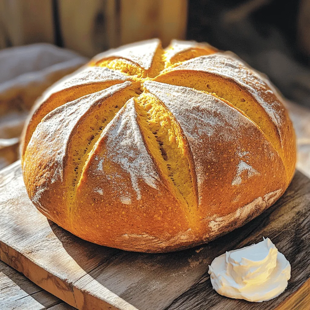 - 2 cups active sourdough starter - 1 cup pumpkin puree - 1/2 cup warm water - 1/4 cup brown sugar - 1/4 cup honey - 1 teaspoon ground cinnamon - 1/2 teaspoon ground nutmeg - 1/2 teaspoon ground ginger - 1 teaspoon salt - 4 cups bread flour (plus extra for dusting) - 1/4 cup chopped pecans or walnuts (optional) To make sweet pumpkin sourdough, gather these simple ingredients first. The active sourdough starter gives life to the bread. Pumpkin puree adds flavor and moisture. Warm water helps combine these ingredients smoothly. Next, we have sweeteners and spices. Brown sugar and honey bring natural sweetness. Cinnamon, nutmeg, and ginger add warmth and depth. The salt balances all the flavors, making each bite tasty. For the main structure, we use bread flour. It gives the bread its chewy texture. You might want to dust your work surface with extra flour to keep things easy. If you enjoy nuts, add chopped pecans or walnuts for a nice crunch. With these ingredients ready, you're set to create a lovely loaf! - In a large bowl, mix 2 cups of active sourdough starter, 1 cup of pumpkin puree, and 1/2 cup of warm water. - Add 1/4 cup of brown sugar and 1/4 cup of honey to the mix. Stir until combined. - Now, sprinkle in 1 teaspoon of ground cinnamon, 1/2 teaspoon of ground nutmeg, 1/2 teaspoon of ground ginger, and 1 teaspoon of salt. Mix well. - Gradually add 4 cups of bread flour, one cup at a time. Use a wooden spoon or your hands. - Form a shaggy dough that is slightly sticky. - Turn the dough onto a floured surface. Knead it for about 10 minutes until it feels smooth and elastic. - Place the dough back in the bowl. Cover it with a damp cloth and let it rise in a warm place for 4-6 hours until it doubles in size. - Once the dough has risen, gently punch it down to release air. - Shape it into a loaf or place it in a greased loaf pan. - Cover the dough again and let it rise for another 1-2 hours until it looks puffy. - Preheat your oven to 375°F (190°C) while the dough rises. - Before baking, score the top of the loaf with a sharp knife for a nice design. - Place the loaf in the oven and bake for 30-35 minutes. - The bread should sound hollow when tapped and have a golden color. Kneading sourdough bread is key for great texture. First, use your hands to push and fold the dough. This builds the gluten, which helps the bread rise. Keep kneading for about 10 minutes. The dough should feel smooth and elastic. If it sticks, just sprinkle a little flour on your hands or the surface. This helps keep things easy and clean. You can add nuts or dried fruits to boost flavor. Chopped pecans or walnuts add a nice crunch. Dried cranberries or raisins can add sweetness. Mix them in after you add the flour. This way, they spread evenly. Adjust spices to your taste, too! If you love cinnamon, add a bit more. Want a spicy kick? Try extra ginger or nutmeg. Sweet pumpkin sourdough shines when served warm. Try spreading cream cheese on a slice. It adds a creamy texture that pairs well. Butter is another great choice. For a fun twist, sprinkle more cinnamon on top. This gives it a nice look and extra flavor. Enjoy this bread at breakfast or as a snack. It’s perfect with a cup of tea or coffee. {{image_2}} If you want a gluten-free sweet pumpkin sourdough, you need to swap the bread flour. You can use gluten-free all-purpose flour. Look for a blend with xanthan gum. This helps mimic the texture of regular bread. The dough may feel different. Keep an eye on moisture levels. Gluten-free dough can be sticky, so add more flour as needed. You can change the sweetness of your bread easily. If you prefer less sugar, cut back on the brown sugar or honey. You can even switch honey for maple syrup. For a richer flavor, try adding a splash of vanilla extract. This gives your bread a warm, sweet taste. To make your bread unique, try different toppings. Chopped pecans or walnuts add a nice crunch. You can also use sunflower seeds or pumpkin seeds for a nut-free option. For a fun look, sprinkle some seeds on top before baking. This adds color and texture. You can also brush the top with melted butter for a shiny finish. To keep your sweet pumpkin sourdough fresh for a few days, wrap it well. Use plastic wrap or a clean kitchen towel. Place the wrapped bread in a bread box or a cool, dry spot. This will help keep the crust nice and soft. If you slice the bread, store it in an airtight container. This keeps the slices fresh and easy to grab. For long-term storage, freezing is the best choice. Slice your bread first, as this makes it easy to defrost. Place the slices in a freezer bag. Use a vacuum sealer if you have one. This keeps out air and prevents freezer burn. When you're ready to eat it, take out a slice and let it thaw at room temperature. You can also warm it in the toaster. Check your bread for signs of spoilage. If you see mold, toss it out. If the bread feels very hard or dry, it may not taste good. A sour smell is a sign that it has gone bad. Always trust your senses. If something seems off, it's better to be safe. Making sweet pumpkin sourdough takes about 6 hours. This time includes rising. You will spend about 15 minutes on prep. The first rise lasts 4-6 hours, and the second rise takes 1-2 hours. This waiting time is key for good flavor and texture. Yes, you can use fresh pumpkin! Start with a small pumpkin. Cook it until soft, then mash it. Strain it to remove extra water. This helps keep the dough from getting too wet. Fresh pumpkin gives a bright taste and great texture. If your dough does not rise, check a few things. First, make sure your sourdough starter is active. It should bubble and smell fresh. Next, ensure that your dough is warm enough. Yeast loves warmth. If it is too cold, the dough may take longer to rise. Lastly, be patient! Sometimes, dough needs more time. In this post, we explored making sweet pumpkin sourdough bread. We covered key ingredients, mixing, and baking steps. I shared tips for great texture and ways to enhance flavor. You learned about gluten-free options and how to store your bread. Enjoy this tasty recipe in your kitchen, and don’t hesitate to experiment. Happy baking!