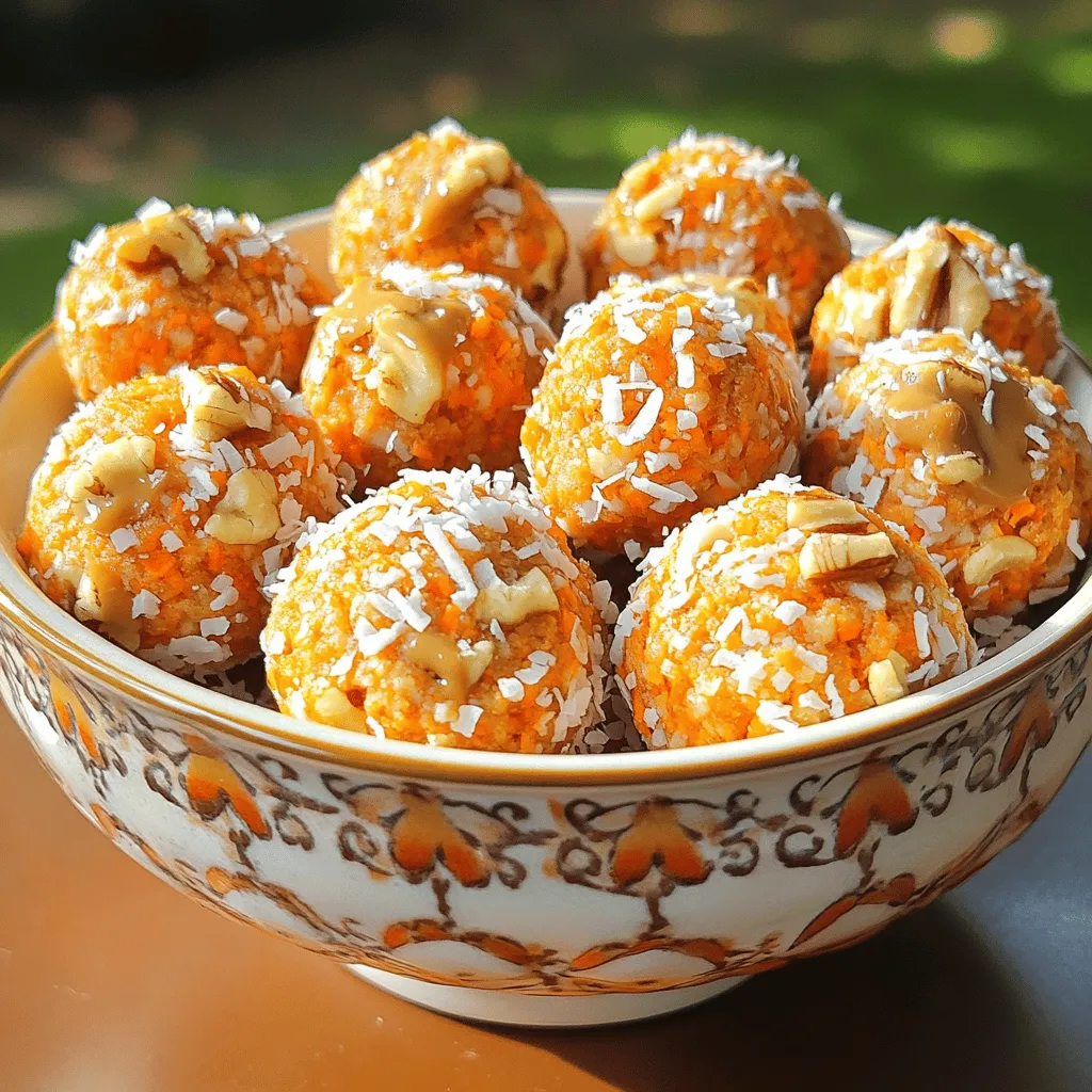 To make your own Carrot Cake Energy Bites, gather these simple ingredients: - 1 cup rolled oats - 1 cup finely grated carrots (about 3 medium carrots) - ½ cup almond butter (or any nut/seed butter) - ½ cup pitted dates, chopped - ½ teaspoon cinnamon - ¼ teaspoon nutmeg - ¼ teaspoon vanilla extract - ¼ cup shredded coconut (unsweetened) - ¼ cup walnuts or pecans, chopped - A pinch of salt These ingredients blend to create a sweet, tasty snack that packs energy. You can easily swap ingredients based on your taste or diet: - Oats: Use gluten-free oats for a gluten-free option. - Nut Butter: Try peanut butter or sunflower seed butter if you need nut-free. - Dates: Substitute with maple syrup or honey for sweetness. - Spices: Add ginger for extra warmth or use pumpkin pie spice for variety. - Nuts: Pecans work great, but try cashews or seeds for a different crunch. These swaps keep your energy bites fresh and fun! Each ingredient in these bites offers nutritional perks: - Rolled Oats: High in fiber, they help keep you full longer. - Carrots: Packed with vitamins A and C, they support your immune system. - Nut Butter: A great source of healthy fats and protein for energy. - Dates: Natural sweeteners that provide quick energy and fiber. - Coconut: Adds healthy fats and can aid digestion. - Nuts: They provide protein and essential nutrients, boosting heart health. These ingredients work together to make your snack both tasty and healthy. To make Carrot Cake Energy Bites, start by gathering your ingredients. In a large bowl, mix 1 cup of rolled oats and 1 cup of finely grated carrots. You will need about 3 medium carrots for this. Next, add ½ cup of almond butter, which gives it a nice creamy texture. Then, toss in ½ cup of chopped pitted dates for sweetness. Now, sprinkle in ½ teaspoon of cinnamon and ¼ teaspoon of nutmeg. These spices add warmth and flavor. Don’t forget ¼ teaspoon of vanilla extract for a lovely aroma. Add ¼ cup of shredded coconut and ¼ cup of chopped walnuts or pecans. Lastly, include a pinch of salt to balance the flavors. Mix everything well. If it feels too dry, add a bit more almond butter or water. Then, use your hands to shape the mixture into small balls, about a tablespoon each. Place them on a parchment-lined baking sheet. When mixing, ensure you really combine all the ingredients. If you see dry spots, mix more. To form the bites, wet your hands slightly. This helps the mixture stick together better. You can also roll the bites in extra shredded coconut or chopped nuts for an extra crunch. This gives them a fun texture and look! After rolling the bites, place the baking sheet in the fridge for at least 30 minutes. This helps them firm up nicely. Once chilled, they are ready to eat. Store any leftovers in an airtight container in the fridge. They will last about one week. Enjoy these bites as a tasty snack anytime! To get the right texture and flavor, start with fresh ingredients. Use finely grated carrots for moisture and sweetness. Oats add a good base. If your mix feels dry, add a bit more almond butter or a splash of water. This helps the bites stick together. The spices, like cinnamon and nutmeg, give warmth. Adding a pinch of salt enhances all the flavors. You can easily change these bites to fit your taste. Want a nut-free version? Substitute almond butter with sunflower seed butter. For a sweeter bite, add more chopped dates or a drizzle of honey. If you like chocolate, mix in dark chocolate chips. You could also use different nuts, like cashews or hazelnuts. Just remember to keep the ratios similar for the best texture. For a fun presentation, serve these bites in a decorative bowl. You can sprinkle extra shredded coconut on top for color. Arrange them on a platter with fresh fruit, like orange slices or berries, for a vibrant look. If you want to pack them for a snack, place them in a small container. They travel well and make a great grab-and-go treat! {{image_2}} You can mix up your Carrot Cake Energy Bites with different flavors. Try adding dried fruits like raisins or apricots. They add sweetness and chewiness. You can also swap in spices like ginger for a kick. Another option is to use pumpkin pie spice instead of cinnamon. This gives a warm, cozy taste. You might even add cocoa powder for a chocolate twist. Get creative and see what you like best! If you have dietary needs, you can adjust the recipe easily. For a nut-free version, use sunflower seed butter instead of almond butter. This still gives a creamy texture. If you want them gluten-free, make sure to use certified gluten-free oats. You can also replace dates with maple syrup or agave for a lower-sugar option. This way, everyone can enjoy these tasty bites! You can easily make these energy bites ahead of time. They are perfect for meal prep! Simply make a big batch and store them in the fridge. They stay fresh for up to a week. You can also freeze them for longer storage. Just place them in an airtight container. They will be ready for a quick snack or post-workout treat any time you need them! To keep your Carrot Cake Energy Bites fresh, store them in an airtight container. This helps to prevent moisture loss and keeps them tasting great. Place the bites in the fridge if you plan to eat them within a week. For longer storage, consider freezing them. When stored in the fridge, these energy bites last up to one week. Make sure to check for any signs of spoilage before enjoying. If you notice any odd smells or texture changes, it is best to discard them. Freezing is an excellent option if you want to keep your energy bites longer. Place them in a single layer on a baking sheet first. Freeze for about an hour, then transfer them to a freezer-safe bag or container. They will last up to three months in the freezer. When ready to eat, simply thaw them in the fridge overnight or enjoy them straight from the freezer for a cold treat! Carrot Cake Energy Bites are small, nutritious snacks that taste like carrot cake. They combine oats, carrots, and nuts for a sweet and healthy treat. These bites are packed with flavor and energy. They are perfect for a quick snack or dessert. The best part is they are easy to make at home. Yes, you can use other nuts or nut butters. Almonds, cashews, or peanuts work well. You can also use sunflower seed butter for a nut-free option. Just keep the same amount of nut butter in the recipe. This way, you get the same creamy texture. Feel free to experiment with your favorite nuts! To make these energy bites vegan, use a plant-based nut butter. Almond butter or peanut butter are great choices. Ensure any added ingredients, like chocolate chips, are dairy-free. The main ingredients in the recipe are already vegan. Simply follow the recipe, and you will have delicious vegan bites! Carrot cake energy bites are simple to make and delicious. We covered key ingredients and their benefits, plus easy steps. Don’t forget customization options for unique flavors. Storing bites correctly helps keep them fresh. Experiment with different nut butters and flavors to suit your needs. You can even make these bites vegan if desired. Enjoy making and sharing these energy boosts!