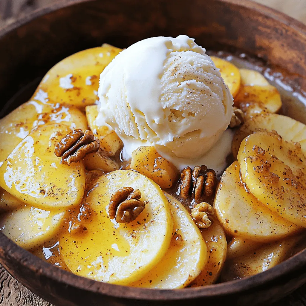 - 4 medium-sized apples (preferably Granny Smith or Honeycrisp), peeled, cored, and sliced - 2 tablespoons unsalted butter - 1/4 cup brown sugar - 1 teaspoon cinnamon - 1/2 teaspoon nutmeg - 1 teaspoon vanilla extract - Pinch of salt - 1/4 cup chopped walnuts or pecans (optional) - A scoop of vanilla ice cream (for serving, optional) To make skillet fried apples, you need fresh apples. I prefer Granny Smith or Honeycrisp. Their tartness adds great flavor. You will also need butter. Unsalted butter works best. It creates a rich taste as the apples cook. Next, you need brown sugar. It gives a lovely caramel flavor. Cinnamon and nutmeg are also key. These spices make the dish warm and cozy. A dash of vanilla extract brightens up the taste. Don't forget a pinch of salt. It helps balance the sweetness. If you want extra crunch, add chopped nuts. Walnuts or pecans are great choices. You can also serve these apples with vanilla ice cream. It melts slightly and creates a creamy topping. This simple mix of ingredients makes a sweet treat that everyone will love. - Heating the Skillet First, heat a large skillet over medium heat. Make sure it gets hot enough to melt the butter well. This step helps create a nice base for the apples. - Melting the Butter Next, add 2 tablespoons of unsalted butter to the skillet. Watch as it melts and coats the bottom. This melted butter will give your apples a rich flavor as they cook. - Slicing and Coating Apples Take 4 medium-sized apples. I prefer Granny Smith or Honeycrisp for their tartness. Peel, core, and slice them. Add the apple slices to the skillet, stirring gently to coat them with the melted butter. - Incorporating Sugar and Spices Now, sprinkle in 1/4 cup of brown sugar, 1 teaspoon of cinnamon, 1/2 teaspoon of nutmeg, and a pinch of salt. Mix everything well to ensure the apples are evenly coated with the sweet and spicy goodness. - Timing and Stirring Tips Cook the apples for about 5-7 minutes. Stir them occasionally to avoid sticking. You want them to soften but still hold some shape. - Enhancing Flavor with Vanilla After the apples soften, add 1 teaspoon of vanilla extract. Stir to combine and let it cook for 1-2 more minutes. This step adds a warm, inviting aroma and deepens the flavor. If you want a bit of crunch, fold in some chopped walnuts or pecans before serving. Enjoy your skillet fried apples warm! Best Apple Varieties for Frying I love using Granny Smith or Honeycrisp apples for skillet fried apples. These apples hold their shape well. They also give a nice sweet and tart balance. You can try other varieties like Fuji or Braeburn, but I recommend the first two. Seasonal Recommendations Fall is the best time for apple picking. Apples are crisp and full of flavor. You can find them fresh at local farms or markets. In winter, check your grocery store for good quality apples. They should still taste great. Avoiding Overcooking Apples To keep your apples crisp, watch the cooking time closely. Aim for about 5-7 minutes of cooking. Stir them gently to avoid breaking them apart. They should be soft but still have a bite. Ideal Skillet Temperature Heat your skillet over medium heat. This temperature helps the butter melt evenly. It also allows the apples to cook without burning. If the heat is too high, you risk charring the apples. Serving with Ice Cream Serving the fried apples warm with vanilla ice cream is a must. The ice cream melts slightly, creating a delicious mix. The cold and warm contrast is simply divine. Garnishing Tips For a pretty touch, sprinkle some cinnamon on top. You can also add chopped nuts for crunch. A drizzle of the skillet juices adds flavor and richness. Serve in a bowl or on a plate for a lovely presentation. {{image_2}} You can make your skillet fried apples even better by adding nuts. I love using walnuts or pecans. They give a nice crunch and flavor. Just chop them up and add them near the end of cooking. You can also try other nuts like almonds or hazelnuts. Each one brings a unique taste. For sweetness, you can swap brown sugar for honey or maple syrup. These options add a rich flavor too. You can use less sugar if you like. Just taste as you go to find the right balance. Spices can change the whole dish. Besides cinnamon and nutmeg, try adding ginger or allspice. A pinch of cloves gives a nice kick too. Each spice adds depth and warmth. You can also mix in a splash of maple syrup for extra sweetness. This makes it feel cozy and perfect for fall. You can serve skillet fried apples in many ways. They go great on pancakes or waffles. Just spoon them on top for a sweet breakfast treat. You can also serve them as a dessert. Try them warm with vanilla ice cream. The cold ice cream melts into the warm apples, creating a heavenly mix. Whether for breakfast or dessert, skillet fried apples are always a hit! To keep your skillet fried apples fresh, place them in an airtight container. Make sure the apples cool to room temperature first. This helps avoid excess moisture. Store them in the fridge for up to three days. If you want to keep them longer, you can freeze them. In the freezer, they last up to two months. When you're ready to enjoy your leftovers, reheating is easy. You can use a skillet over low heat. Add a little butter to help restore moisture. Stir gently until warmed through. You can also use the microwave. Heat in short bursts, stirring in between. This keeps the apples tasty and soft. Enjoy them warm for the best flavor! To make skillet fried apples, start with four medium apples. Peel, core, and slice them. Heat a large skillet over medium heat and melt two tablespoons of unsalted butter. Add the sliced apples and stir to coat them in the butter. Next, sprinkle in a quarter cup of brown sugar, one teaspoon of cinnamon, half a teaspoon of nutmeg, and a pinch of salt. Stir well to combine. Cook the apples for five to seven minutes, stirring often. They should soften but remain firm. Finally, add one teaspoon of vanilla extract and cook for another one to two minutes. If you like, toss in chopped walnuts or pecans for extra texture. Serve warm for a tasty treat! Yes, you can use other types of apples! While Granny Smith and Honeycrisp are great choices, feel free to experiment. Fuji apples add sweetness, while Pink Lady offers a tangy twist. Each apple has a unique taste and texture. Some may break down more than others. So, choose apples based on your flavor preference and desired texture. To keep apples from turning brown, you can use a few simple tricks. First, soak the sliced apples in water with a splash of lemon juice. This helps slow oxidation. You can also sprinkle them with a little salt water. If you plan to cook them soon, keep them in a bowl covered with plastic wrap. This keeps the moisture in and slows browning. These tips will help your apples stay fresh and vibrant until you’re ready to cook! This guide covered the essentials for making skillet fried apples. You learned about the ingredients, step-by-step cooking, and tips for the best flavors. Remember to choose the right apples and avoid overcooking them. You can also try fun variations, like adding nuts or spices. Store any leftovers wisely and reheat them to enjoy later. Now, you can serve these delicious apples at breakfast or dessert. Happy cooking!