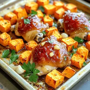 - 4 boneless, skinless chicken thighs - 2 large sweet potatoes, peeled and cubed - 4 cloves garlic, minced - 3 tablespoons honey The chicken thighs give this dish a rich flavor. I love using boneless, skinless thighs because they stay moist and juicy. Sweet potatoes add a sweet and creamy bite. They also pack great nutrients. Garlic brings depth to the dish, while honey adds a lovely glaze. - 2 tablespoons olive oil - 1 teaspoon paprika - 1 teaspoon dried thyme - Salt and pepper to taste The marinade creates a tasty coating. Olive oil helps the chicken cook evenly and adds richness. Paprika gives a nice color and a hint of heat. Thyme adds an earthy tone. Salt and pepper bring all the flavors together. - Fresh parsley, chopped Adding fresh parsley brightens the dish. It gives a pop of color and freshness. You can sprinkle it on right before serving for a lovely finish. Preheating the Oven First, set your oven to 400°F (200°C). This heat will help cook the chicken and sweet potatoes perfectly. Marinating the Chicken In a small bowl, mix together 3 tablespoons of honey, 4 minced garlic cloves, 2 tablespoons of olive oil, 1 teaspoon of paprika, 1 teaspoon of dried thyme, salt, and pepper. This mix will be your marinade. Place 4 chicken thighs in a bowl or ziplock bag and pour the marinade over them. Ensure the chicken is well coated. Let it sit for at least 15 minutes. This time allows the flavors to soak in while you prepare the sweet potatoes. Seasoning Sweet Potatoes Peel and cube 2 large sweet potatoes. Spread them out on a large sheet pan in a single layer. Drizzle a little olive oil over them. Season with salt, pepper, and a sprinkle of paprika. Toss everything together to coat the sweet potatoes evenly. Setting up the Chicken After marinating, take the chicken out of the bowl or bag. Place the chicken thighs on the sheet pan with the sweet potatoes. Pour any remaining marinade from the chicken over the sweet potatoes. This adds more flavor to the dish. Roasting Duration Put the sheet pan in your preheated oven. Roast for 25-30 minutes. The chicken should be cooked through, and the sweet potatoes should be tender and slightly caramelized. Checking for Doneness To check the chicken, use a meat thermometer. The internal temperature should reach 165°F (75°C). This ensures your chicken is safe to eat and juicy. Once done, remove the pan from the oven and let it rest for a few minutes. Enjoy the lovely aroma! How Long to Marinate You should marinate the chicken for at least 15 minutes. This gives the flavors time to soak in. For more depth, you can marinate it for up to an hour. Just keep it in the fridge during that time. Best Practices for Flavor Always make sure the chicken is well coated in the marinade. You can use a ziplock bag for easy mixing and even coating. Remember to save some marinade for drizzling over the sweet potatoes. Achieving Perfectly Cooked Chicken Cook the chicken until it reaches 165°F. Use a meat thermometer to check the temperature. The chicken should look golden brown and juicy when done. Ensuring Sweet Potatoes Are Tender Cut the sweet potatoes into even cubes. This helps them cook at the same rate. Toss them in olive oil and season well. They should be tender and slightly caramelized after roasting. Presentation Ideas You can serve this dish straight from the sheet pan. This gives it a rustic look. For a fancier touch, plate the chicken and sweet potatoes separately. Drizzle the pan juices over the dish for extra flavor. Side Dish Pairings This meal goes well with a simple green salad. You can also pair it with steamed broccoli or green beans. These sides add color and crunch to your plate. {{image_2}} You can swap chicken thighs for chicken breasts if you like. Chicken breasts are leaner but still tasty. For a fun twist, try using pork tenderloin or even tofu for a plant-based option. When it comes to sweet potatoes, you can use other root veggies. Carrots, parsnips, or butternut squash work well. Each brings its own flavor and texture to your meal. If you want to change the taste, try different marinades. You could use soy sauce for a savory touch or balsamic vinegar for some tang. Mixing in citrus zest, like lemon or orange, adds a fresh kick. Want some heat? You can add red pepper flakes to the marinade. A little spice can make your dish pop. You might also consider fresh chili peppers for a bolder flavor. For gluten-free options, simply check your spice labels. Most spices are gluten-free, but some blends may contain gluten. You can also add more veggies to boost nutrients. Bell peppers, zucchini, or broccoli roast nicely. These additions not only increase vitamins but also give your dish a colorful look. - After cooking, let your chicken and sweet potatoes cool down. - Place leftovers in an airtight container. - Store in the fridge for up to three days. - Use glass or plastic containers with tight lids. - Make sure they are clean and dry before use. - Label the containers with the date for easy tracking. - To freeze, allow the dish to cool to room temperature. - Divide into portions and place in freezer-safe bags or containers. - Remove as much air as possible to prevent freezer burn. - Thaw meals overnight in the fridge for best results. - Reheat in the oven or microwave until hot. - Ensure the chicken reaches 165°F for safe eating. - In the fridge, the dish lasts about three days. - Frozen meals can last up to three months. - For best taste, consume within one month. To keep your chicken juicy, marinate it well. Use olive oil and honey in your marinade. Allow it to soak for at least 15 minutes. The longer you marinate, the more flavor it absorbs. Cooking the chicken at the right temperature also helps. Aim for 400°F (200°C). This temperature seals in moisture and keeps it tender. Yes, you can use other potatoes. Yukon Gold or red potatoes work well. These types hold their shape and have a creamy texture. If you prefer, you can also try purple potatoes for a fun twist. The cooking time remains the same, so don’t worry about that. Check the internal temperature of the chicken. It should reach 165°F (74°C). You can use a meat thermometer for accuracy. If you don’t have one, cut into the thickest part. The meat should be white, not pink. The juices should run clear. Yes, this recipe is great for meal prep. You can store leftovers in the fridge for up to four days. Just make sure to keep the chicken and sweet potatoes in airtight containers. It reheats well in the oven or microwave. You can enjoy it all week! To add spice, try using red pepper flakes in the marinade. Start with half a teaspoon and adjust to your taste. You can also add chopped jalapeños for fresh heat. If you love spicy food, consider using sriracha or hot sauce as a glaze before serving. This article covers a tasty chicken and sweet potato recipe that’s easy to make. We explored key ingredients like chicken thighs, sweet potatoes, garlic, and honey. You learned how to marinate, arrange, and roast your dish for perfect flavor. I shared tips for marinating, cooking, and serving. You can even adapt the recipe with substitutions and dietary options. Cooking doesn’t have to be hard. With these steps, you'll impress anyone at your table. Enjoy your delicious meal!