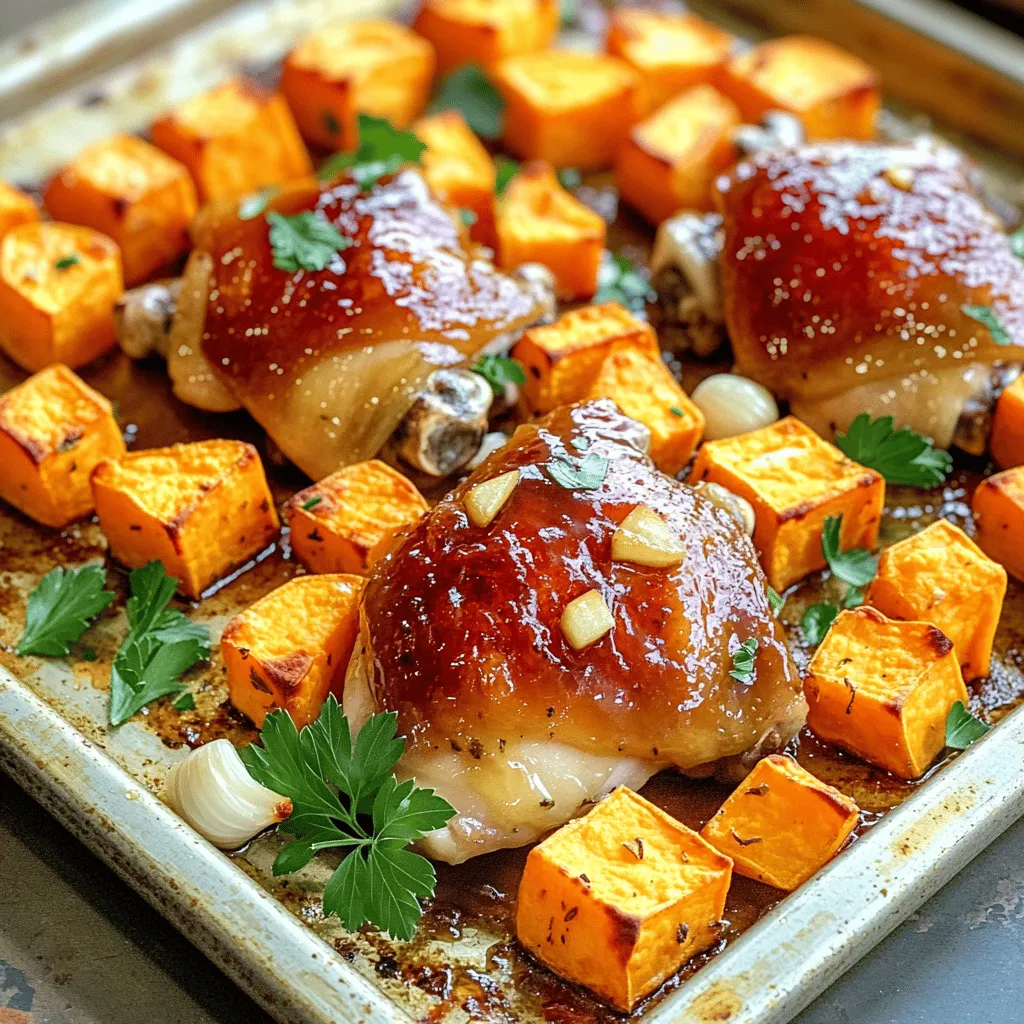 - 4 boneless, skinless chicken thighs - 2 large sweet potatoes, peeled and cubed - 4 cloves garlic, minced - 3 tablespoons honey The chicken thighs give this dish a rich flavor. I love using boneless, skinless thighs because they stay moist and juicy. Sweet potatoes add a sweet and creamy bite. They also pack great nutrients. Garlic brings depth to the dish, while honey adds a lovely glaze. - 2 tablespoons olive oil - 1 teaspoon paprika - 1 teaspoon dried thyme - Salt and pepper to taste The marinade creates a tasty coating. Olive oil helps the chicken cook evenly and adds richness. Paprika gives a nice color and a hint of heat. Thyme adds an earthy tone. Salt and pepper bring all the flavors together. - Fresh parsley, chopped Adding fresh parsley brightens the dish. It gives a pop of color and freshness. You can sprinkle it on right before serving for a lovely finish. Preheating the Oven First, set your oven to 400°F (200°C). This heat will help cook the chicken and sweet potatoes perfectly. Marinating the Chicken In a small bowl, mix together 3 tablespoons of honey, 4 minced garlic cloves, 2 tablespoons of olive oil, 1 teaspoon of paprika, 1 teaspoon of dried thyme, salt, and pepper. This mix will be your marinade. Place 4 chicken thighs in a bowl or ziplock bag and pour the marinade over them. Ensure the chicken is well coated. Let it sit for at least 15 minutes. This time allows the flavors to soak in while you prepare the sweet potatoes. Seasoning Sweet Potatoes Peel and cube 2 large sweet potatoes. Spread them out on a large sheet pan in a single layer. Drizzle a little olive oil over them. Season with salt, pepper, and a sprinkle of paprika. Toss everything together to coat the sweet potatoes evenly. Setting up the Chicken After marinating, take the chicken out of the bowl or bag. Place the chicken thighs on the sheet pan with the sweet potatoes. Pour any remaining marinade from the chicken over the sweet potatoes. This adds more flavor to the dish. Roasting Duration Put the sheet pan in your preheated oven. Roast for 25-30 minutes. The chicken should be cooked through, and the sweet potatoes should be tender and slightly caramelized. Checking for Doneness To check the chicken, use a meat thermometer. The internal temperature should reach 165°F (75°C). This ensures your chicken is safe to eat and juicy. Once done, remove the pan from the oven and let it rest for a few minutes. Enjoy the lovely aroma! How Long to Marinate You should marinate the chicken for at least 15 minutes. This gives the flavors time to soak in. For more depth, you can marinate it for up to an hour. Just keep it in the fridge during that time. Best Practices for Flavor Always make sure the chicken is well coated in the marinade. You can use a ziplock bag for easy mixing and even coating. Remember to save some marinade for drizzling over the sweet potatoes. Achieving Perfectly Cooked Chicken Cook the chicken until it reaches 165°F. Use a meat thermometer to check the temperature. The chicken should look golden brown and juicy when done. Ensuring Sweet Potatoes Are Tender Cut the sweet potatoes into even cubes. This helps them cook at the same rate. Toss them in olive oil and season well. They should be tender and slightly caramelized after roasting. Presentation Ideas You can serve this dish straight from the sheet pan. This gives it a rustic look. For a fancier touch, plate the chicken and sweet potatoes separately. Drizzle the pan juices over the dish for extra flavor. Side Dish Pairings This meal goes well with a simple green salad. You can also pair it with steamed broccoli or green beans. These sides add color and crunch to your plate. {{image_2}} You can swap chicken thighs for chicken breasts if you like. Chicken breasts are leaner but still tasty. For a fun twist, try using pork tenderloin or even tofu for a plant-based option. When it comes to sweet potatoes, you can use other root veggies. Carrots, parsnips, or butternut squash work well. Each brings its own flavor and texture to your meal. If you want to change the taste, try different marinades. You could use soy sauce for a savory touch or balsamic vinegar for some tang. Mixing in citrus zest, like lemon or orange, adds a fresh kick. Want some heat? You can add red pepper flakes to the marinade. A little spice can make your dish pop. You might also consider fresh chili peppers for a bolder flavor. For gluten-free options, simply check your spice labels. Most spices are gluten-free, but some blends may contain gluten. You can also add more veggies to boost nutrients. Bell peppers, zucchini, or broccoli roast nicely. These additions not only increase vitamins but also give your dish a colorful look. - After cooking, let your chicken and sweet potatoes cool down. - Place leftovers in an airtight container. - Store in the fridge for up to three days. - Use glass or plastic containers with tight lids. - Make sure they are clean and dry before use. - Label the containers with the date for easy tracking. - To freeze, allow the dish to cool to room temperature. - Divide into portions and place in freezer-safe bags or containers. - Remove as much air as possible to prevent freezer burn. - Thaw meals overnight in the fridge for best results. - Reheat in the oven or microwave until hot. - Ensure the chicken reaches 165°F for safe eating. - In the fridge, the dish lasts about three days. - Frozen meals can last up to three months. - For best taste, consume within one month. To keep your chicken juicy, marinate it well. Use olive oil and honey in your marinade. Allow it to soak for at least 15 minutes. The longer you marinate, the more flavor it absorbs. Cooking the chicken at the right temperature also helps. Aim for 400°F (200°C). This temperature seals in moisture and keeps it tender. Yes, you can use other potatoes. Yukon Gold or red potatoes work well. These types hold their shape and have a creamy texture. If you prefer, you can also try purple potatoes for a fun twist. The cooking time remains the same, so don’t worry about that. Check the internal temperature of the chicken. It should reach 165°F (74°C). You can use a meat thermometer for accuracy. If you don’t have one, cut into the thickest part. The meat should be white, not pink. The juices should run clear. Yes, this recipe is great for meal prep. You can store leftovers in the fridge for up to four days. Just make sure to keep the chicken and sweet potatoes in airtight containers. It reheats well in the oven or microwave. You can enjoy it all week! To add spice, try using red pepper flakes in the marinade. Start with half a teaspoon and adjust to your taste. You can also add chopped jalapeños for fresh heat. If you love spicy food, consider using sriracha or hot sauce as a glaze before serving. This article covers a tasty chicken and sweet potato recipe that’s easy to make. We explored key ingredients like chicken thighs, sweet potatoes, garlic, and honey. You learned how to marinate, arrange, and roast your dish for perfect flavor. I shared tips for marinating, cooking, and serving. You can even adapt the recipe with substitutions and dietary options. Cooking doesn’t have to be hard. With these steps, you'll impress anyone at your table. Enjoy your delicious meal!
