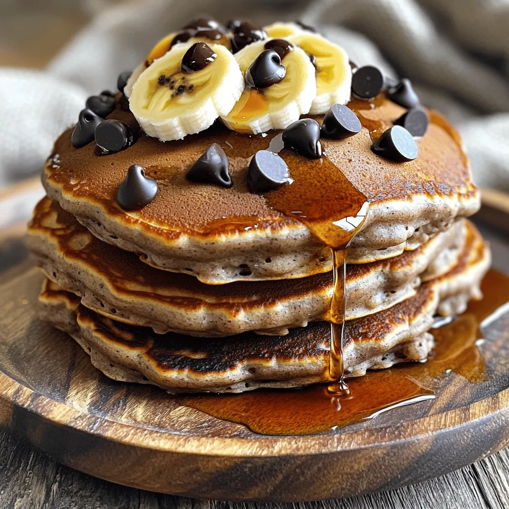 - 1 cup rolled oats - 1 scoop chocolate protein powder - 1 banana, mashed - 1 cup almond milk - 2 large eggs To make these pancakes, you'll need some simple main ingredients. First, grab a cup of rolled oats. This gives the pancakes their base. Next, you need a scoop of chocolate protein powder. It adds flavor and protein to the mix. A mashed banana brings sweetness and moisture. For the liquid, use a cup of almond milk, or any milk you like. Finally, you'll need two large eggs to hold everything together. - 1 teaspoon baking powder - 1/2 teaspoon vanilla extract - Pinch of salt You also need some baking essentials. A teaspoon of baking powder helps the pancakes rise. This makes them fluffy. Add a half teaspoon of vanilla extract for extra flavor. A pinch of salt balances the sweetness and enhances taste. - 1/4 cup dark chocolate chips - Coconut oil or non-stick spray for cooking For a tasty twist, add in dark chocolate chips. A quarter cup is perfect. They melt and create gooey pockets of chocolate. When cooking, use coconut oil or non-stick spray to prevent sticking. This makes flipping pancakes easy. To start, gather your ingredients. In a blender, add: - 1 cup rolled oats - 1 scoop chocolate protein powder - 1 banana, mashed - 1 cup almond milk - 2 large eggs - 1 teaspoon baking powder - 1/2 teaspoon vanilla extract - A pinch of salt Blend these ingredients until smooth. If the batter seems too thick, add a little almond milk. Blend again until you reach the right consistency. This batter will be thick but pourable, perfect for pancakes. Next, gently stir in 1/4 cup dark chocolate chips. Do this carefully to keep the chips intact. You want pockets of chocolate in every bite! Now, it’s time to cook! Preheat your skillet or griddle over medium heat. Once hot, lightly grease it with coconut oil or non-stick spray. This helps your pancakes brown nicely without sticking. Pour 1/4 cup of batter for each pancake onto the skillet. Watch closely! Cook for about 2-3 minutes. You’ll see bubbles form on the top, and the edges will look set. That’s your cue to flip! Flip each pancake and cook for an additional 2-3 minutes. You want them to be golden brown and cooked through. Once done, take them off the skillet and repeat the process with the remaining batter. If needed, add more oil to the skillet. Serve these warm and enjoy the sweet, chocolatey taste! To make a great batter, focus on consistency. Use rolled oats and blend them well. If your batter is thick, just add more almond milk. This keeps it smooth. Avoid overmixing. Stir in dark chocolate chips gently. This way, they stay whole and add a nice bite. Cook your pancakes on medium heat. This helps them cook evenly. If your pan is too hot, they may burn. The secret to fluffy pancakes is to let them rest for a minute before flipping. You want bubbles to form on top before you turn them over. Stack your pancakes high on a plate. This makes them look fancy. Drizzle with maple syrup or nut butter for added flavor. Top with more chocolate chips and banana slices. This adds color and makes them even tastier. {{image_2}} You can change the flavor of your pancakes easily. Try using different protein powders. Vanilla or peanut butter protein powder adds a fun twist. You can also mix in seasonal fruits. Fresh berries or sliced peaches make a great addition. They add sweetness and color, making your pancakes more appealing. If you need gluten-free pancakes, use gluten-free oats. They work just as well as regular oats. For a vegan option, swap eggs for flaxseed meal. Mix one tablespoon of flaxseed with three tablespoons of water. Let it sit for a few minutes until it thickens. You can also use plant-based milk, like oat or soy milk, for a creamy texture. Get creative with your pancakes by adding nuts or seeds. Chopped walnuts or chia seeds add crunch and nutrition. You can also use flavor extracts or spices. A dash of cinnamon can elevate the taste. For a chocolate boost, add more chocolate chips or cocoa powder. Each mix-in adds a unique twist to your pancakes, making breakfast fun and exciting. To keep your pancakes fresh, store them in an airtight container. Place a piece of parchment paper between layers to avoid sticking. They will stay good in the fridge for up to three days. If you want to store them longer, consider freezing them. - Freezing pancakes: Allow the pancakes to cool completely. Stack them with parchment paper in between. Place the stack in a freezer bag. They will last for up to two months in the freezer. You can reheat pancakes in two easy ways. Use a skillet or a microwave. - In a skillet: Heat a small amount of coconut oil over medium heat. Place the pancakes in the skillet for about one to two minutes on each side. This helps keep them crispy. - In the microwave: Place your pancake on a microwave-safe plate. Heat for about 15-30 seconds. Check to see if it’s warm. If not, heat a few seconds more. To keep the texture nice, don’t overheat them. Make mornings easier by prepping these pancakes for the week. - Prepping pancakes: You can double or triple the recipe. When they cool, store them in the fridge or freezer. This way, you always have a quick breakfast ready. - Quick breakfast ideas: Pair your pancakes with yogurt or fresh fruit. You can also add some nut butter for extra protein. This makes a tasty and filling meal. Chocolate chip protein pancakes can last for about 3-4 days in the fridge. Store them in an airtight container to keep them fresh. You can also freeze them for up to a month. Just place parchment paper between pancakes to prevent sticking. Yes, you can make these pancakes without eggs. Use 1/4 cup of unsweetened applesauce or a flax egg as a substitute. To make a flax egg, mix 1 tablespoon of ground flaxseed with 2.5 tablespoons of water. Let it sit for a few minutes to thicken. If you don't have protein powder, you can use additional rolled oats. Try adding 1/4 cup more oats to keep the texture. You can also use ground nuts or seeds for added protein, but this may change the flavor and texture. Absolutely! You can use regular milk instead of almond milk. Any milk you prefer will work just fine, such as cow's milk, soy milk, or oat milk. The flavor may vary a bit, but the pancakes will still taste great. Yes, these pancakes are perfect for meal prep! Make a batch on the weekend and store them in the fridge or freezer. Just reheat them in the microwave or skillet when you want a quick breakfast. Enjoy them all week long! You can whip up delicious chocolate chip protein pancakes easily. We started with simple ingredients, like oats, bananas, and protein powder. Then, we went step-by-step through mixing and cooking. Don’t forget our tips for fluffy pancakes and fun variations. You can also prep leftovers for busy days. Enjoy these tasty pancakes anytime. They’re a great way to fuel your morning!