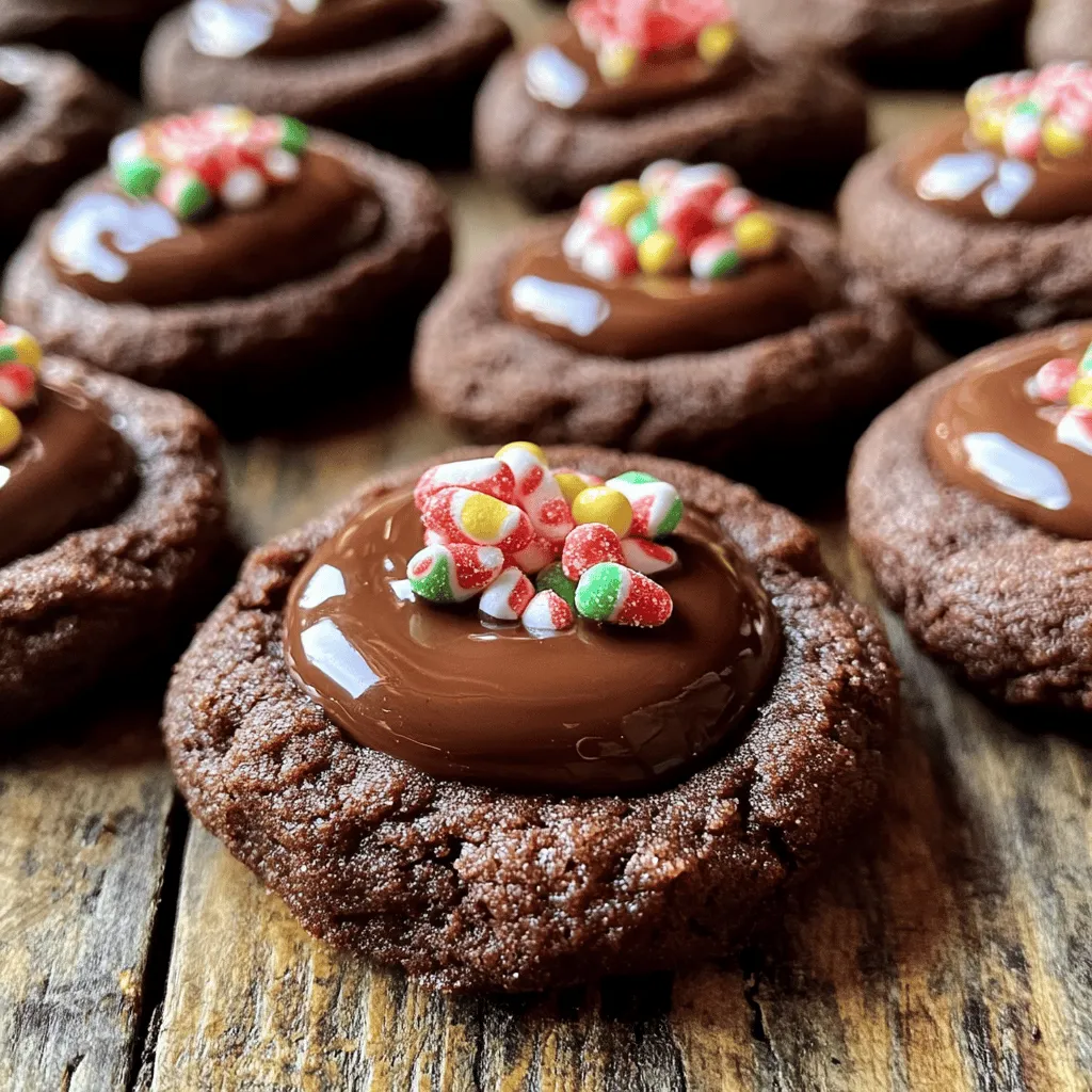 To make Chocolate Peppermint Thumbprint Cookies, you need a few key ingredients. Each one plays a role in crafting these festive treats. Here’s what you will need: - 1 cup unsalted butter, softened - 1 cup granulated sugar - 1 teaspoon vanilla extract - 1 teaspoon peppermint extract - 2 cups all-purpose flour - 1/2 cup unsweetened cocoa powder - 1/2 teaspoon baking powder - 1/4 teaspoon salt - 1/2 cup chocolate chips (for filling) - Crushed peppermint candies (for garnish) Unsalted butter is essential for a rich flavor. Granulated sugar gives the cookies their sweetness. Vanilla and peppermint extracts add that lovely aroma and taste. All-purpose flour and cocoa powder create the cookie base. Baking powder helps them rise, while salt balances the sweetness. The chocolate chips melt in the center, making each bite delightful. Finally, crushed peppermint candies add a festive touch on top. When using these ingredients, ensure you measure accurately. This keeps your cookies soft and chewy. Each ingredient works together, creating a cookie that is both tasty and beautiful. Enjoy gathering these ingredients; they are the first step to making your cookies a success! - Preheat your oven to 350°F (175°C). Line a baking sheet with parchment paper. - In a large bowl, cream 1 cup of softened unsalted butter and 1 cup of granulated sugar. Mix until light and fluffy. - Add 1 teaspoon of vanilla extract and 1 teaspoon of peppermint extract to the mixture. Beat until well combined. - In a separate bowl, whisk together 2 cups of all-purpose flour, 1/2 cup of unsweetened cocoa powder, 1/2 teaspoon of baking powder, and 1/4 teaspoon of salt. - Gradually mix the dry ingredients into the wet mixture. Stir until a soft dough forms. - Chill the dough in the refrigerator for about 30 minutes. This makes it easier to handle. - Once chilled, scoop out tablespoon-sized portions of dough. Roll them into balls and place them on the prepared baking sheet, spacing them about 2 inches apart. - Use your thumb or the back of a spoon to make a small indentation in the center of each cookie. - Bake in the preheated oven for 10-12 minutes. The edges should be firm when done. - While the cookies are still warm, fill each indentation with a few chocolate chips. They will melt and create a delicious filling. - Let the cookies cool on the baking sheet for 5 minutes. Then, transfer them to a wire rack to cool completely. Chilling the dough is key to great cookies. This step firms up the butter and helps the cookies hold their shape. When the dough is cold, it also bakes more evenly. I chill mine for about 30 minutes. This makes it easier to roll into balls. Avoiding overmixing is crucial too. Mix just until the ingredients blend. Overmixing can make cookies tough. You want that soft and tender texture. Using chocolate chips for filling is a great choice. They melt perfectly in the cookie’s center. When warm, they create a gooey and rich filling. This adds a great taste to each bite. You can also try other fillings. Nut butters or caramel can add a twist. For a fun surprise, use different flavors of chocolate chips. Each bite can be a new delight! Dusting with crushed peppermint makes these cookies pop. It adds color and a festive touch. The crunch of the peppermint is a nice contrast to the soft cookie. For serving, think about your plate. A simple white plate lets the cookies shine. Arrange them in a circle or stack them high for a fun effect. This makes your treat look as good as it tastes! {{image_2}} You can change the flavor of these cookies in fun ways. Mint chocolate gives a fresh twist. It brings a cool taste to the rich chocolate base. If you prefer classic chocolate, skip the peppermint extract. You can also explore other extracts for unique flavors. Almond or orange extracts can add a special touch. Experiment and find your favorite flavor! If you need gluten-free cookies, swap all-purpose flour with a gluten-free mix. Make sure it has a good binding agent. For vegan cookies, use plant-based butter and replace the egg with applesauce. You can also use coconut sugar for a healthier option. These swaps keep the cookies tasty while meeting your dietary needs. Toppings can make your cookies even more fun! White chocolate chips add a sweet contrast to the dark chocolate. You can also mix in nuts or dried fruits for added texture. For a festive look, try using different candy garnishes. Crushed candy canes or colorful sprinkles can brighten up your cookies. Get creative and make them your own! To keep your Chocolate Peppermint Thumbprint Cookies fresh, store them at room temperature. Place them in an airtight container. This helps keep them soft and tasty. They last for about a week this way. If you want to keep them longer, try refrigerating them. Wrap the cookies in plastic wrap and put them in the fridge. This can help them stay fresh for up to two weeks. You can also freeze cookie dough for later use. To do this, scoop the dough into balls. Place them on a baking sheet and freeze until solid. Once frozen, transfer the balls to a freezer bag. This keeps them fresh for up to three months. When you want to bake some cookies, take out the dough. Let it thaw in the fridge overnight. Once thawed, bake as you normally would. This method gives you fresh cookies anytime! Can I use salted butter instead? You can use salted butter, but it may change the cookie's taste. The salt in salted butter can overpower the sweet chocolate and peppermint flavors. If you use it, skip adding extra salt in the recipe. How long do the cookies stay fresh? These cookies stay fresh for about one week at room temperature. Store them in an airtight container to keep them soft and tasty. If you want to keep them longer, consider freezing them for up to three months. Can I make the dough ahead of time? Yes, you can make the dough ahead of time. Chill it, then wrap it tightly in plastic wrap. Store it in the fridge for up to three days. You can also freeze it for later use. Just thaw it in the fridge before baking. What to do if the dough is too sticky? If your dough is sticky, you can add a little more flour. Start with one tablespoon at a time until the dough is manageable. Chilling the dough for about 30 minutes can help, too. How do I know when the cookies are done? The cookies are done when the edges are firm and the tops look set. They should still be soft in the center. Bake them for 10-12 minutes for the best results. Can I substitute peppermint extract with mint oil? Yes, you can use mint oil. Mint oil is stronger than peppermint extract, so use less. Start with half the amount and taste the dough. Adjust as needed for your perfect flavor. In this blog post, we explored how to make delicious chocolate peppermint thumbprint cookies. We covered ingredients, preparation, baking steps, and expert tips to ensure success. Remember, chilling the dough is key for the best texture. Don't be afraid to try variations and toppings to customize your cookies. With proper storage techniques, you can enjoy these treats long after baking. Bake with joy and share your sweet creations!