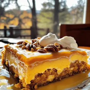 - 1 (15 oz) can of pumpkin puree - 1 (12 oz) can of evaporated milk - 3 large eggs - 1 cup sugar - 1 teaspoon vanilla extract - 2 teaspoons pumpkin pie spice - 1/2 teaspoon salt - 1 box yellow cake mix - 1 cup unsalted butter, melted - 1 cup chopped pecans (optional) - Whipped cream for serving (optional) To make the best pumpkin spice dump cake, gather these simple ingredients. The pumpkin puree gives it that rich flavor. The evaporated milk adds creaminess. The eggs bind everything together, while sugar brings sweetness. Vanilla extract adds a warm note. Pumpkin pie spice gives that cozy fall taste. The salt helps balance the flavors. The yellow cake mix makes it easy to prepare. Melted butter creates a golden top. If you like crunch, add chopped pecans. Whipped cream is a tasty way to serve it. This cake is a comfort dessert with easy steps. You can enjoy it warm or cold. 1. Preheat your oven to 350°F (175°C). This step is key. A hot oven helps the cake rise well. 2. In a large bowl, combine the pumpkin puree, evaporated milk, eggs, sugar, vanilla extract, pumpkin pie spice, and salt. Use a whisk to mix until smooth. This blend gives the cake its rich flavor. 1. Pour the pumpkin mixture into a greased 9x13 inch baking dish. Spread it evenly across the bottom. 2. Next, sprinkle the dry yellow cake mix over the pumpkin filling. Make sure to cover it fully. Do not stir! This keeps the layers intact. 3. Drizzle the melted butter evenly over the top of the cake mix. If you want extra crunch, add the chopped pecans on top of the butter. 1. Place the dish in the preheated oven. Bake for 50-60 minutes. The top should turn golden brown. 2. To check if it’s done, insert a toothpick into the center. If it comes out clean, the cake is ready. Let the cake cool a bit before serving. This cake is warm, comforting, and perfect for any fall gathering. - Ensuring proper bake time and temperature: Preheat your oven to 350°F (175°C). Bake for 50-60 minutes. Check for a golden top and clean toothpick. This means it's done! Adjust time as needed for your oven. - How to avoid a soggy bottom: Make sure to evenly sprinkle the cake mix over the pumpkin layer. Do not stir! This helps keep the bottom firm. Drizzle melted butter evenly. It creates a barrier against sogginess. - Presentation tips for serving: Cut the cake into squares for neat servings. Drizzle extra melted butter on top. A sprinkle of cinnamon or more pecans adds flair and flavor. Serve warm for the best taste! - Accompaniments such as whipped cream: A dollop of whipped cream makes this dessert shine. It adds creaminess and balances the spices. You can also use vanilla ice cream for a fun twist. - Not overmixing the layers: Remember, mixing is not your friend here! Overmixing can ruin the texture. Just whisk the pumpkin filling until smooth, then layer without stirring. - Using fresh pumpkin vs. canned: Canned pumpkin is best for this recipe. It has a smooth texture and blends well. Fresh pumpkin can be watery and may change the taste. If you use fresh, cook and drain it well first. {{image_2}} You can change the taste of your pumpkin spice dump cake easily. Try using different spices, like cinnamon or nutmeg, to add warmth. Each spice brings a new twist. If you love chocolate, toss in some chocolate chips. They melt and mix well with the pumpkin. For a sweet surprise, drizzle caramel over the top before baking. It makes every bite rich and indulgent. If you need gluten-free options, look for a gluten-free cake mix. Many brands make a mix that works great in this recipe. For those who want a vegan version, substitute eggs with flaxseed meal or applesauce. Use coconut milk instead of evaporated milk. These swaps keep the cake moist and tasty. Add a festive flair by mixing in some cranberries or nuts. Chopped pecans give a nice crunch and pair well with pumpkin. You can also transform this cake into a pumpkin dessert trifle. Layer the cake with whipped cream and extra pumpkin filling in a glass dish. This looks beautiful and tastes amazing! To keep your pumpkin spice dump cake fresh, store it in the fridge. Place it in an airtight container. This helps keep the cake moist. You can also cover it tightly with plastic wrap. It will stay good for about 3 to 5 days. If you want to save it longer, freezing is a great option. Cut the cake into squares. Wrap each piece in plastic wrap, then place them in a freezer bag. This way, you can enjoy it later. The cake can last up to 3 months in the freezer. Just remember to label the bag with the date. When it’s time to enjoy your cake again, reheating is easy. The best method is to use the oven. Preheat your oven to 350°F (175°C). Place a piece of cake on a baking sheet. Warm it for about 10-15 minutes. This keeps the cake soft and tasty. You can also use the microwave for quick reheating. Place a slice on a microwave-safe plate. Heat it for about 15-20 seconds. If you want it warm all the way through, check it after heating. For the best taste and texture, eat your pumpkin spice dump cake within a week. After that, it may lose some flavor. If frozen, the cake can taste great up to 3 months later. However, the sooner you eat it, the better it will be! A dump cake is a simple dessert. You layer ingredients in a pan without mixing. This method saves time and effort. You usually pour fruit or a filling in first. Then, you top it with dry cake mix. Finally, you drizzle butter on top. The cake bakes up into a sweet, gooey treat. It's perfect for busy cooks! Yes, you can use fresh pumpkin! Start by cooking the pumpkin. You can roast it in the oven or steam it. Once soft, scoop out the flesh and mash it. You need about 2 cups of fresh puree. Strain it to remove excess water. This keeps the cake from getting too soggy. Taste may vary slightly, but it will still be delicious! You can prep the pumpkin mixture a day early. Store it in the fridge in a sealed container. On baking day, pour it into the pan. Then, sprinkle the cake mix and butter on top. Bake as directed. You can also bake it completely and serve later. Just reheat it in the oven or microwave. Yes, you can make it gluten-free easily! Look for a gluten-free yellow cake mix. Many brands make great substitutes. Make sure to check labels for gluten-free certification. All other ingredients in this recipe are naturally gluten-free. This way, everyone can enjoy this tasty dessert! This blog post has covered all you need to make a tasty pumpkin spice dump cake. We discussed ingredients, step-by-step instructions, and tips to avoid common mistakes. I shared how to store your cake and even added some fun variations. In the end, feel free to explore your creativity with flavors and toppings. Enjoy every bite of your delicious creation while making it uniquely yours. Happy baking!