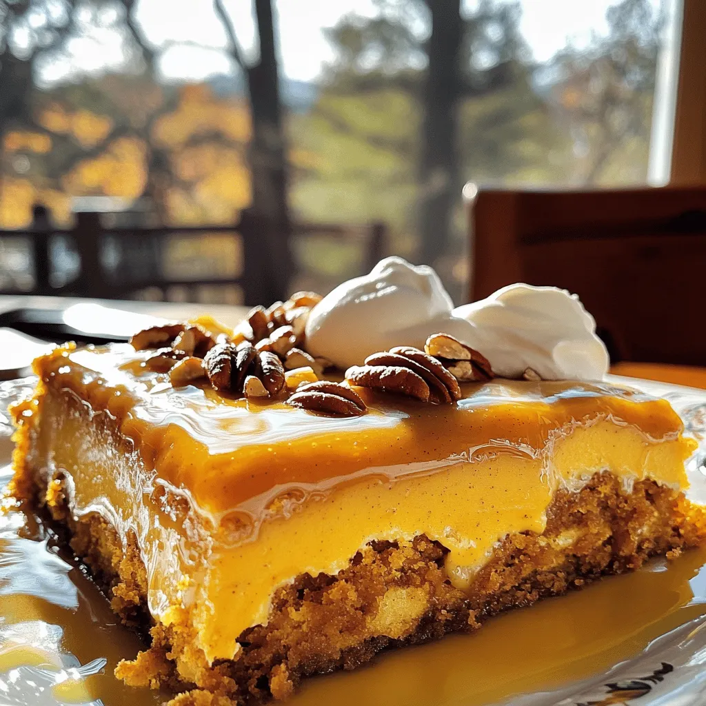 - 1 (15 oz) can of pumpkin puree - 1 (12 oz) can of evaporated milk - 3 large eggs - 1 cup sugar - 1 teaspoon vanilla extract - 2 teaspoons pumpkin pie spice - 1/2 teaspoon salt - 1 box yellow cake mix - 1 cup unsalted butter, melted - 1 cup chopped pecans (optional) - Whipped cream for serving (optional) To make the best pumpkin spice dump cake, gather these simple ingredients. The pumpkin puree gives it that rich flavor. The evaporated milk adds creaminess. The eggs bind everything together, while sugar brings sweetness. Vanilla extract adds a warm note. Pumpkin pie spice gives that cozy fall taste. The salt helps balance the flavors. The yellow cake mix makes it easy to prepare. Melted butter creates a golden top. If you like crunch, add chopped pecans. Whipped cream is a tasty way to serve it. This cake is a comfort dessert with easy steps. You can enjoy it warm or cold. 1. Preheat your oven to 350°F (175°C). This step is key. A hot oven helps the cake rise well. 2. In a large bowl, combine the pumpkin puree, evaporated milk, eggs, sugar, vanilla extract, pumpkin pie spice, and salt. Use a whisk to mix until smooth. This blend gives the cake its rich flavor. 1. Pour the pumpkin mixture into a greased 9x13 inch baking dish. Spread it evenly across the bottom. 2. Next, sprinkle the dry yellow cake mix over the pumpkin filling. Make sure to cover it fully. Do not stir! This keeps the layers intact. 3. Drizzle the melted butter evenly over the top of the cake mix. If you want extra crunch, add the chopped pecans on top of the butter. 1. Place the dish in the preheated oven. Bake for 50-60 minutes. The top should turn golden brown. 2. To check if it’s done, insert a toothpick into the center. If it comes out clean, the cake is ready. Let the cake cool a bit before serving. This cake is warm, comforting, and perfect for any fall gathering. - Ensuring proper bake time and temperature: Preheat your oven to 350°F (175°C). Bake for 50-60 minutes. Check for a golden top and clean toothpick. This means it's done! Adjust time as needed for your oven. - How to avoid a soggy bottom: Make sure to evenly sprinkle the cake mix over the pumpkin layer. Do not stir! This helps keep the bottom firm. Drizzle melted butter evenly. It creates a barrier against sogginess. - Presentation tips for serving: Cut the cake into squares for neat servings. Drizzle extra melted butter on top. A sprinkle of cinnamon or more pecans adds flair and flavor. Serve warm for the best taste! - Accompaniments such as whipped cream: A dollop of whipped cream makes this dessert shine. It adds creaminess and balances the spices. You can also use vanilla ice cream for a fun twist. - Not overmixing the layers: Remember, mixing is not your friend here! Overmixing can ruin the texture. Just whisk the pumpkin filling until smooth, then layer without stirring. - Using fresh pumpkin vs. canned: Canned pumpkin is best for this recipe. It has a smooth texture and blends well. Fresh pumpkin can be watery and may change the taste. If you use fresh, cook and drain it well first. {{image_2}} You can change the taste of your pumpkin spice dump cake easily. Try using different spices, like cinnamon or nutmeg, to add warmth. Each spice brings a new twist. If you love chocolate, toss in some chocolate chips. They melt and mix well with the pumpkin. For a sweet surprise, drizzle caramel over the top before baking. It makes every bite rich and indulgent. If you need gluten-free options, look for a gluten-free cake mix. Many brands make a mix that works great in this recipe. For those who want a vegan version, substitute eggs with flaxseed meal or applesauce. Use coconut milk instead of evaporated milk. These swaps keep the cake moist and tasty. Add a festive flair by mixing in some cranberries or nuts. Chopped pecans give a nice crunch and pair well with pumpkin. You can also transform this cake into a pumpkin dessert trifle. Layer the cake with whipped cream and extra pumpkin filling in a glass dish. This looks beautiful and tastes amazing! To keep your pumpkin spice dump cake fresh, store it in the fridge. Place it in an airtight container. This helps keep the cake moist. You can also cover it tightly with plastic wrap. It will stay good for about 3 to 5 days. If you want to save it longer, freezing is a great option. Cut the cake into squares. Wrap each piece in plastic wrap, then place them in a freezer bag. This way, you can enjoy it later. The cake can last up to 3 months in the freezer. Just remember to label the bag with the date. When it’s time to enjoy your cake again, reheating is easy. The best method is to use the oven. Preheat your oven to 350°F (175°C). Place a piece of cake on a baking sheet. Warm it for about 10-15 minutes. This keeps the cake soft and tasty. You can also use the microwave for quick reheating. Place a slice on a microwave-safe plate. Heat it for about 15-20 seconds. If you want it warm all the way through, check it after heating. For the best taste and texture, eat your pumpkin spice dump cake within a week. After that, it may lose some flavor. If frozen, the cake can taste great up to 3 months later. However, the sooner you eat it, the better it will be! A dump cake is a simple dessert. You layer ingredients in a pan without mixing. This method saves time and effort. You usually pour fruit or a filling in first. Then, you top it with dry cake mix. Finally, you drizzle butter on top. The cake bakes up into a sweet, gooey treat. It's perfect for busy cooks! Yes, you can use fresh pumpkin! Start by cooking the pumpkin. You can roast it in the oven or steam it. Once soft, scoop out the flesh and mash it. You need about 2 cups of fresh puree. Strain it to remove excess water. This keeps the cake from getting too soggy. Taste may vary slightly, but it will still be delicious! You can prep the pumpkin mixture a day early. Store it in the fridge in a sealed container. On baking day, pour it into the pan. Then, sprinkle the cake mix and butter on top. Bake as directed. You can also bake it completely and serve later. Just reheat it in the oven or microwave. Yes, you can make it gluten-free easily! Look for a gluten-free yellow cake mix. Many brands make great substitutes. Make sure to check labels for gluten-free certification. All other ingredients in this recipe are naturally gluten-free. This way, everyone can enjoy this tasty dessert! This blog post has covered all you need to make a tasty pumpkin spice dump cake. We discussed ingredients, step-by-step instructions, and tips to avoid common mistakes. I shared how to store your cake and even added some fun variations. In the end, feel free to explore your creativity with flavors and toppings. Enjoy every bite of your delicious creation while making it uniquely yours. Happy baking!