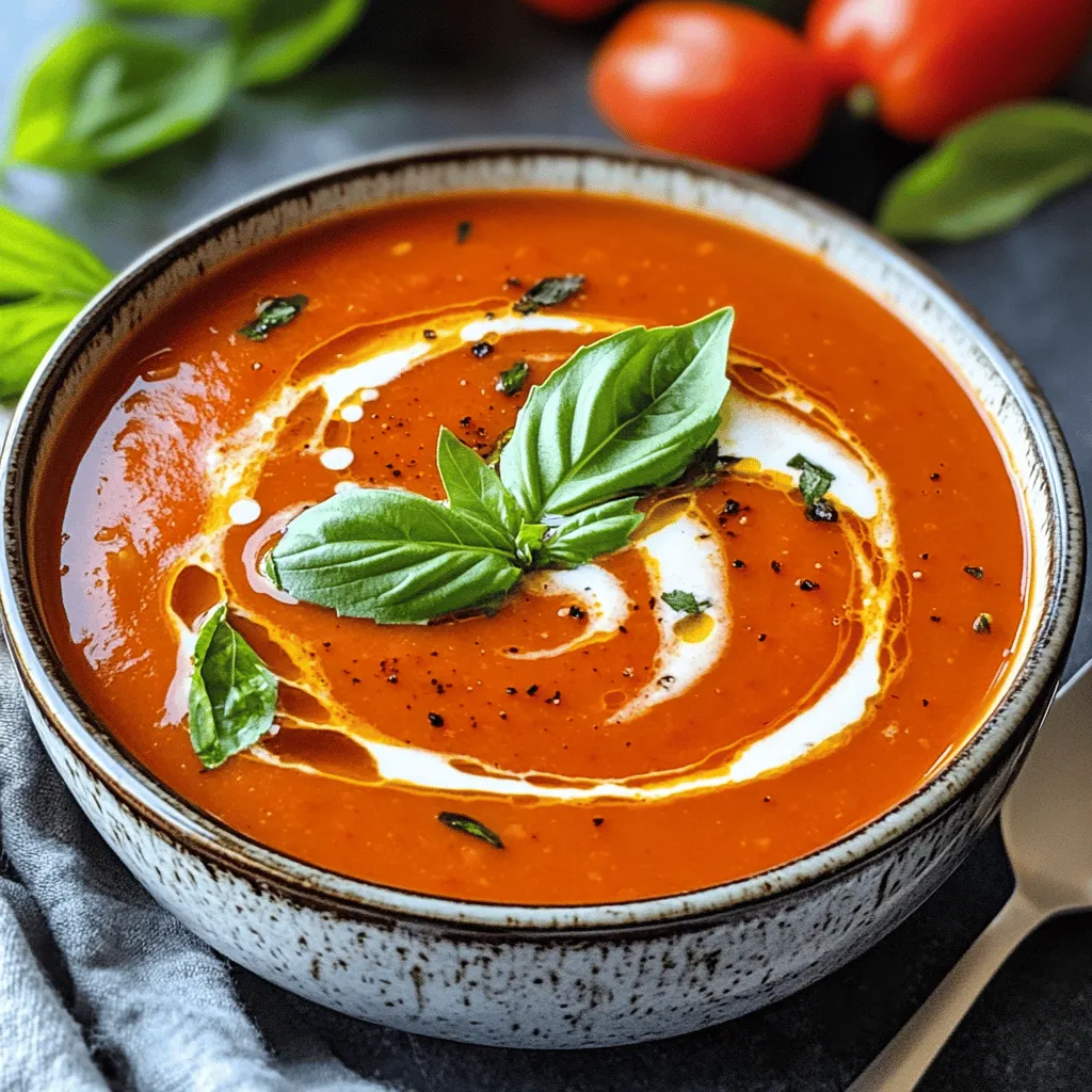 Here are the ingredients you need for a rich, cozy Roasted Red Pepper Tomato Bisque: - 4 large red bell peppers - 2 tablespoons olive oil - 1 small onion, chopped - 2 cloves garlic, minced - 2 cans (14 oz each) diced tomatoes, undrained - 2 cups vegetable broth - 1 teaspoon dried basil - 1 teaspoon dried oregano - Salt and pepper to taste - 1 cup heavy cream (or coconut cream for a dairy-free option) - Fresh basil leaves for garnish Each ingredient plays a key role in making this bisque comforting and flavorful. The red bell peppers provide a sweet, smoky taste when roasted. Olive oil adds richness while the onion and garlic bring depth. Diced tomatoes offer a juicy base, and vegetable broth keeps the soup light yet savory. The herbs—basil and oregano—infuse the soup with aromatic notes. Finally, the cream adds a deliciously smooth texture. You can easily adjust any ingredient based on your taste or dietary needs, making this recipe truly versatile. To start, I cut the red bell peppers in half. I remove the seeds and stems. I place them cut side down on a baking sheet. Roasting them brings out their sweet flavor. I set my oven to 425°F (220°C) and roast for about 25-30 minutes. The skins should be charred and blistered. Once done, I let them cool. While the peppers roast, I chop one small onion. I also mince two cloves of garlic. Both will add great flavor to the soup. Next, I heat two tablespoons of olive oil in a large pot over medium heat. I add the chopped onion and sauté it. I cook until it becomes soft and clear, which takes about five minutes. Then, I add the minced garlic and sauté for one more minute. The smell is amazing! Now, I peel off the charred skin from the roasted peppers. I chop the flesh into pieces. I add these pieces to the pot, along with two cans of diced tomatoes (with their juices), two cups of vegetable broth, one teaspoon of dried basil, and one teaspoon of dried oregano. I bring the mixture to a boil. Once it boils, I reduce the heat and let it simmer for about 15 minutes. After simmering, I use an immersion blender to puree the bisque until it’s smooth. If I don't have an immersion blender, I can carefully transfer the soup to a regular blender in batches. I blend until it reaches a silky texture. Finally, I stir in one cup of heavy cream or coconut cream for a dairy-free option. I season the bisque with salt and pepper to taste. I heat it through but avoid boiling. Now, it is ready to serve! To get the best flavor, you need to char the bell peppers well. When you roast them, the skins should blister and blacken. This gives the soup a smoky taste. To roast, cut the peppers in half, remove seeds, and place them cut side down on a baking sheet. Bake at 425°F (220°C) for 25-30 minutes. If you prefer, you can grill or broil them instead. Just watch closely to avoid burning. For a smooth and creamy bisque, you can adjust the consistency. If it's too thick, add more vegetable broth. If too thin, let it simmer longer. Balancing flavors is key. Taste and add salt, pepper, or herbs as needed. Fresh basil can brighten the soup. Don't skip this step; it adds great flavor. Garnishing can elevate your bisque. Try adding fresh basil leaves on top for color and taste. You can also drizzle a bit of cream for a rich look. Serve the soup in a bowl or a mug for a cozy feel. Pair it with crusty bread for a complete meal. {{image_2}} If you want a dairy-free option, use coconut cream. It gives the soup a rich texture. Simply swap the heavy cream for one cup of coconut cream. This still keeps the bisque creamy and delicious. The coconut adds a subtle sweetness. It pairs well with the roasted peppers and tomatoes. To make the soup heartier, consider adding protein. Chicken or tofu works great. For chicken, use cooked, shredded pieces. Stir them in just before serving. If you prefer tofu, use firm or extra-firm. Cube it and add it to the pot while simmering. Both options make the soup filling and satisfying. If you like heat, spice it up! You can add chili flakes or your favorite hot sauce. A pinch of chili flakes gives a nice warmth. If you enjoy more heat, add a few drops of hot sauce. This adds a fun kick and enhances the flavor. Adjust to your liking, and enjoy your cozy soup! To store leftovers of your roasted red pepper tomato bisque, let it cool first. Transfer the soup to an airtight container. You can keep it in the fridge for up to 4 days. When you are ready to eat, check for any off-smells or changes in color before reheating. If you want to freeze your bisque, let it cool completely. Use freezer-safe containers or bags for storage. Leave some space at the top for expansion. You can freeze the bisque for up to 3 months. When you’re ready to enjoy it again, thaw it in the fridge overnight. To safely reheat your bisque, pour it into a pot. Heat it on medium-low heat, stirring often. Make sure it warms through but does not boil. If you prefer the microwave, use a microwave-safe bowl. Heat in short bursts, stirring in between, until hot. Enjoy your cozy soup! Yes, you can use fresh tomatoes. About six medium tomatoes will work well. Just chop them up. You may need to add more broth to keep the soup smooth. Fresh tomatoes add a bright taste, but make sure they are ripe. To change the heat level, add more or fewer peppers. You can also add a pinch of chili flakes. If you want it milder, skip the flakes and use less garlic. Taste as you go to find your perfect spice. Serve the bisque hot in bowls. Add a drizzle of olive oil or a dollop of cream on top. Fresh basil leaves make a nice garnish. Pair it with crusty bread for a cozy meal. Yes, you can make this bisque a day ahead. Just store it in the fridge in an airtight container. When you’re ready to eat, heat it on the stove over low heat. Stir well to combine before serving. You can use coconut cream for a dairy-free option. Silken tofu is another great choice. Just blend it until smooth and stir it in. Both options will give you a creamy texture without dairy. This article covered how to make Roasted Red Pepper Tomato Bisque. You learned about the ingredients, preparing them, and the steps to cook the soup. I shared tips for roasting peppers and serving ideas to make your dish shine. In the end, this soup is a simple and tasty meal. Feel free to experiment with variations to suit your taste. Enjoy making this bisque for family and friends!