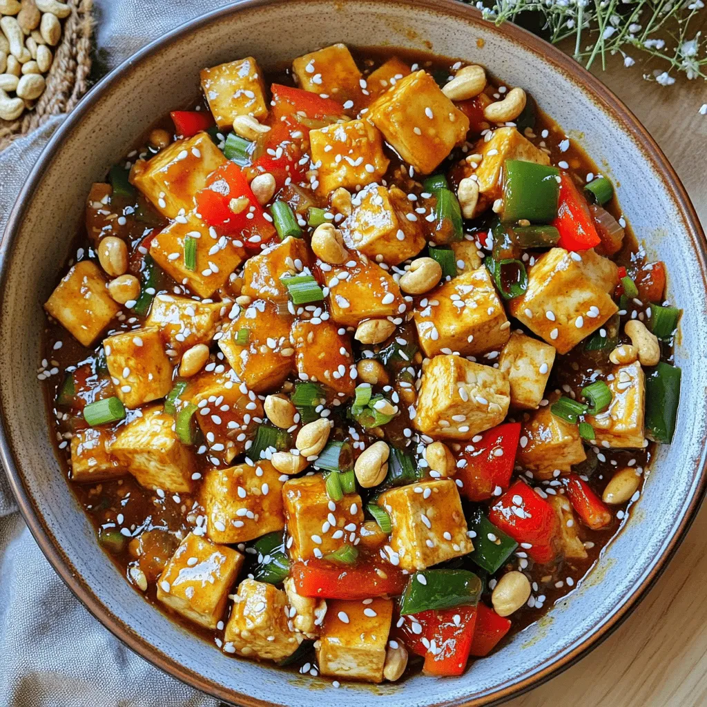 - 14 oz firm tofu, pressed and cubed - 3 tablespoons soy sauce (low sodium) - 2 tablespoons vegetable oil - 1 red bell pepper, diced - 1 green bell pepper, diced - 1 cup unsalted roasted peanuts - 3 tablespoons soy sauce and 1 tablespoon cornstarch for tofu - 2 tablespoons rice vinegar and 1 tablespoon honey or maple syrup - 2 cloves fresh garlic, minced - 1 tablespoon fresh ginger, minced - 3 dried red chilies, deseeded and chopped - Salt, pepper, and sesame seeds for garnish This recipe uses firm tofu as the main ingredient. It gives a great texture. I recommend using low-sodium soy sauce. It adds flavor without too much salt. The vegetable oil helps fry the tofu until golden and crispy. Bell peppers add crunch and color. I prefer both red and green for a nice mix. Roasted peanuts add a delightful crunch and nutty flavor. For the marinade, soy sauce and cornstarch coat the tofu well. Letting it sit for 15 minutes helps absorb flavors. The sauce includes rice vinegar for tanginess and honey or maple syrup for sweetness. This balance makes the dish special. Fresh garlic and ginger bring warmth and spice. Dried red chilies give it that kick. You can adjust the amount based on your spice level. Salt, pepper, and sesame seeds finish it off perfectly. Feel free to play around with these ingredients. Each one adds something unique. The right mix will make your Kung Pao Tofu better than takeout! First, we need to prepare the tofu. Take 14 ounces of firm tofu and press it to remove excess water. This helps it absorb flavor. Cut the tofu into cubes. In a large bowl, combine the tofu with 3 tablespoons of soy sauce and 1 tablespoon of cornstarch. Toss gently until all pieces are coated. Let the tofu marinate for about 15 minutes. This step adds great taste and texture. Next, heat a skillet or wok over medium-high heat. Add 2 tablespoons of vegetable oil to the hot pan. Once the oil is hot, add the marinated tofu cubes. Pan-fry the tofu for about 8-10 minutes. You want it golden brown on all sides. Once done, remove the tofu from the pan and set it aside. This keeps it crispy and prevents sogginess. In the same skillet, add 1 tablespoon of sesame oil. Sauté 2 cloves of minced garlic, 1 tablespoon of minced ginger, and 3 chopped dried red chilies for about 30 seconds. The aroma will fill your kitchen! After that, toss in 1 diced red bell pepper, 1 diced green bell pepper, and the white parts of 4 chopped green onions. Stir-fry these for about 3-4 minutes. They should start to soften but still be bright and colorful. Now, it's time to combine everything. Add the fried tofu back into the skillet with the vegetables. In a small bowl, mix together 2 tablespoons of rice vinegar, 1 tablespoon of honey or maple syrup, and 1 teaspoon of hoisin sauce. Pour this sauce over the tofu and veggies. Stir everything to coat evenly. Cook for an additional 2-3 minutes until the sauce thickens slightly. Finally, stir in 1 cup of unsalted roasted peanuts and the green parts of the green onions. Season with salt and pepper to taste. Toss everything together one last time, and your dish is ready to serve! To get crispy tofu, start by pressing it well. Remove excess water for a better texture. After cutting it into cubes, toss the tofu in soy sauce and cornstarch. Let it marinate for at least 15 minutes. This step adds flavor and helps it crisp up when cooked. Cook the tofu in a hot skillet with vegetable oil. Pan-fry until golden brown on all sides. This takes about 8 to 10 minutes. If you prefer softer tofu, reduce the cooking time slightly. This keeps the tofu tender inside while still being crispy outside. For a spicy kick, adjust the number of dried chilies. Three chilies give a nice heat level, but you can add more if you love spice. Deseed the chilies for less heat. If you want more umami, add a teaspoon of hoisin sauce. This sweet and savory sauce enhances the overall flavor. Mixing rice vinegar and honey or maple syrup in the sauce adds a sweet tang. This balance of flavors makes the dish pop. Serve your Kung Pao Tofu in a large bowl. Top it with sesame seeds for a nice finish. This not only looks great but adds a nutty flavor too. Pair it with steamed jasmine rice or noodles. This combination makes for a complete meal. You can also add extra green onions on top for a fresh touch. {{image_2}} You can enhance your Kung Pao Tofu by adding more protein. Here are some ideas: - Incorporating vegetables: Try adding mushrooms, broccoli, or snap peas for extra crunch and flavor. These veggies pair well with the sauce and add depth to the dish. - Swapping tofu for tempeh/chicken: If you want a different texture, use tempeh or chicken. Tempeh has a nutty taste that complements the spices. Chicken will give you a classic flavor, but adjust the cooking time to ensure it's cooked through. Adjusting the heat of your Kung Pao Tofu is simple. Here’s how: - Altering the quantity of chilies: Use more dried red chilies for a spicier dish. If you prefer mild heat, use fewer chilies or remove the seeds. - Adding sriracha or chili paste: For an extra kick, mix in sriracha or chili paste. Start with a small amount, then taste and add more if you want it hotter. Making this dish vegan and gluten-free is easy. Follow these tips: - Ensuring all ingredients are vegan: Check that your soy sauce is vegan. Some brands add fish sauce, so read the labels carefully. You can substitute honey with maple syrup for a vegan option. - Gluten-free soy sauce alternatives: Use tamari or coconut aminos instead of regular soy sauce. Both options provide a similar taste without gluten, making the dish safe for those with gluten sensitivities. To keep your Spicy Kung Pao Tofu fresh, store leftovers in an airtight container. Make sure it cools to room temperature first. I recommend eating it within three days. This way, you enjoy the best taste and texture. To reheat tofu, use a skillet or microwave. If using a skillet, heat it on medium. Add a splash of water or oil to keep it moist. Stir until heated through. If using a microwave, cover it to avoid drying out. Heat in short bursts, checking often. This helps maintain the tofu's texture. Yes, you can freeze Kung Pao Tofu. First, let it cool completely. Place it in an airtight container or freezer bag. Remember to remove as much air as possible. For best results, use it within three months. To thaw, place it in the fridge overnight. Reheat as directed to enjoy! Yes, you can add or replace vegetables. Some great options include: - Broccoli - Snow peas - Carrots - Zucchini - Mushrooms Feel free to mix and match. Each veggie adds its unique flavor and crunch. Just make sure to cut them into small pieces for even cooking. This dish is quick. Here’s how the time breaks down: - Prep time: 15 minutes - Cooking time: 15 minutes - Total time: 30 minutes In less than half an hour, you can have a tasty meal ready to enjoy. Yes, this recipe works well for meal prep. Here are some tips: - Make the dish ahead and store it in an airtight container. - Keep it in the fridge for up to 4 days. - Reheat in a skillet or microwave before serving. Meal prep makes it easy to enjoy delicious Kung Pao Tofu during busy days. This blog post covered all you need to know for making Kung Pao Tofu. We explored ingredients like firm tofu and bell peppers, key marinades, and perfect seasoning. I shared step-by-step cooking instructions to make awesome tofu. Plus, I gave tips for texture and flavor. You can even customize this dish with different proteins. Overall, I hope you feel ready to create your own Kung Pao Tofu. Enjoy cooking this delicious dish and happy eating!