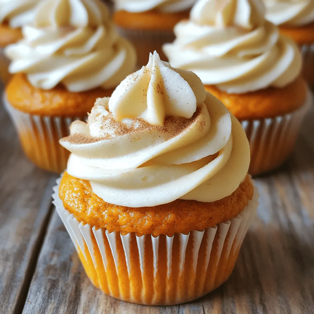 - 1 cup all-purpose flour - 1 teaspoon baking powder - 1 teaspoon baking soda - 1 teaspoon ground cinnamon - 1/2 teaspoon ground nutmeg - 1/4 teaspoon ground ginger - 1/4 teaspoon salt - 1/2 cup granulated sugar - 1/2 cup brown sugar, packed - 1/2 cup vegetable oil - 1 cup pumpkin puree (canned or fresh) - 2 large eggs - 1 teaspoon vanilla extract - 1/2 cup unsalted butter, softened - 2 cups powdered sugar - 1/4 cup pumpkin puree - 1/2 teaspoon ground cinnamon - 1/4 teaspoon vanilla extract - A pinch of salt When you gather the ingredients, start with the dry ones. The all-purpose flour forms the base. Baking powder and baking soda help the cupcakes rise. The spices, like cinnamon, nutmeg, and ginger, add warmth and flavor. Don’t forget the salt; it brings out all the other tastes. Next, move to the wet ingredients. The sugars give sweetness and moisture. The vegetable oil makes the cupcakes soft and tender. Pumpkin puree adds flavor and color. Eggs bind everything together and help with rising. Finally, the vanilla extract gives a lovely aroma. For the pumpkin frosting, you need unsalted butter for a rich taste. Powdered sugar makes the frosting sweet and smooth. Adding more pumpkin puree keeps the flavor strong. Ground cinnamon enhances the pumpkin, and a pinch of salt balances the sweetness. This mix creates a creamy topping you’ll love. 1. Preheating the oven: Start by preheating your oven to 350°F (175°C). This step is key for getting your cupcakes just right. 2. Whisking dry ingredients: In a medium bowl, whisk together 1 cup of all-purpose flour, 1 teaspoon baking powder, 1 teaspoon baking soda, 1 teaspoon ground cinnamon, 1/2 teaspoon ground nutmeg, 1/4 teaspoon ground ginger, and 1/4 teaspoon salt. Mix until all the dry ingredients are well combined. 3. Mixing wet ingredients: In a large bowl, combine 1/2 cup granulated sugar, 1/2 cup brown sugar, and 1/2 cup vegetable oil. Beat these together until the mixture is smooth. Then, add 1 cup of pumpkin puree, 2 large eggs, and 1 teaspoon vanilla extract. Mix well until everything is fully blended together. 1. Adding dry ingredients to wet mixture: Gradually add the dry mixture to the wet mixture. Stir gently but do not overmix. Stop when you see no more flour streaks. This step is crucial for fluffy cupcakes! 2. Filling cupcake liners: Line your cupcake tin with paper liners. Pour the batter into each liner, filling them about 2/3 full. This helps them rise nicely without overflowing. 1. Baking time and temperature: Place the cupcake tin in your preheated oven. Bake for 18-20 minutes. To check doneness, insert a toothpick into the center of a cupcake. If it comes out clean, they are done! 2. Cooling the cupcakes: Let the cupcakes cool in the tin for a few minutes. Then, transfer them to a wire rack to cool completely. This step ensures they don’t get soggy. 1. Preparing the frosting mixture: In a medium bowl, beat 1/2 cup unsalted butter until smooth. Gradually add 2 cups of powdered sugar, 1/4 cup pumpkin puree, 1/2 teaspoon ground cinnamon, 1/4 teaspoon vanilla extract, and a pinch of salt. Mix until it is creamy and smooth. 2. Frosting the cooled cupcakes: Once the cupcakes are completely cool, spread or pipe the pumpkin frosting on top of each one generously. This is where you can get creative! - Ensuring the right oven temperature: Always preheat your oven to 350°F (175°C). This step is key. An oven that’s too hot or cold can ruin your cupcakes. You can use an oven thermometer to check the actual temperature. - Checking doneness with a toothpick: Insert a toothpick in the center of a cupcake. If it comes out clean, the cupcakes are ready. If it has wet batter, bake for a few more minutes. - Achieving a smooth frosting consistency: Start with soft butter for the frosting. Beat it well to make it creamy. Gradually add powdered sugar and mix until smooth. If it’s too thick, add a bit more pumpkin puree. - Best techniques for spreading vs. piping: Use a spatula to spread frosting for a rustic look. If you want to pipe it, use a piping bag. This gives a neat and fun finish. - Garnishing with cinnamon or candied ginger: Sprinkle cinnamon on top of the frosted cupcakes. You can also add a small piece of candied ginger for extra flair. This adds color and flavor. - Creative decoration ideas: Try using mini chocolate chips or nuts for added texture. You can even top with seasonal sprinkles to match holidays or events. {{image_2}} You can easily change the flavor of your pumpkin cupcakes. Here are two fun ideas: - Adding chocolate chips: Fold in 1/2 cup of semi-sweet chocolate chips into the batter. The chocolate adds a sweet touch that pairs well with the pumpkin spice. - Incorporating nuts or dried fruits: Add 1/2 cup of chopped walnuts or pecans for a crunchy texture. You can also mix in 1/2 cup of raisins or dried cranberries for added sweetness. If you follow special diets, you can still enjoy these cupcakes. Here are some easy swaps: - Gluten-free options: Replace all-purpose flour with a gluten-free flour blend. Make sure it has a 1:1 ratio for best results. - Vegan substitutions for cupcakes and frosting: Use flax eggs instead of regular eggs. Mix 1 tablespoon of ground flaxseed with 2.5 tablespoons of water and let it sit for 5 minutes. For the frosting, replace butter with vegan margarine. Want to make these cupcakes even more festive? Try these seasonal flavors: - Using butterscotch or caramel flavor: Add 1/4 cup of butterscotch chips to the batter, or drizzle caramel sauce on top of the frosting for extra sweetness. - Incorporating apple or maple flavors: Mix in 1/2 cup of applesauce for a fruity twist. You can also use maple syrup instead of granulated sugar for a rich, warm flavor. To keep your pumpkin cupcakes fresh, store them properly. For short-term storage, place the cupcakes in an airtight container at room temperature. They stay good for up to three days. If you want to keep them longer, freezing is a great option. Wrap each cupcake in plastic wrap and then place them in a freezer-safe bag. They can stay frozen for up to three months. When you want to enjoy them, thaw them in the fridge overnight. Leftover pumpkin frosting can be stored easily. Place it in an airtight container and store it in the fridge. It will stay fresh for about a week. If the frosting hardens, you can bring it back to life. Just let it sit at room temperature for a bit. Then, beat it with a mixer until it becomes creamy again. This way, you can enjoy that delicious frosting on anything you like! To check if your cupcakes are done, look for a few signs: - The tops should be golden brown. - A toothpick inserted in the center should come out clean. - The edges will start to pull away from the liner. These signs mean your cupcakes are ready to come out of the oven. Yes, you can use fresh pumpkin! Here are some tips: - Cook your pumpkin by roasting or steaming it. - Once soft, puree it until smooth. - Make sure to measure the puree after cooking. Fresh pumpkin adds a nice flavor and texture to your cupcakes. If you want vegan cupcakes, here are some egg replacements: - Use 1/4 cup unsweetened applesauce for each egg. - You can also use 1 tablespoon ground flaxseed mixed with 3 tablespoons water. - Another option is 1/4 cup silken tofu blended until smooth. These substitutes work well and keep your cupcakes moist. If your cupcakes turn out dry, try these suggestions: - Add a little more oil to the batter next time. - Use extra pumpkin puree for added moisture. - You can also brush them with simple syrup after baking. These tricks will help improve moisture in your cupcakes. You now have a complete guide to making delicious pumpkin cupcakes. We covered ingredients, step-by-step instructions, tips, and fun variations. Remember, baking is all about practice and creativity. Don't hesitate to try new flavors and techniques. With these cupcakes, you'll impress friends and family. Enjoy baking and tasting your tasty treats!