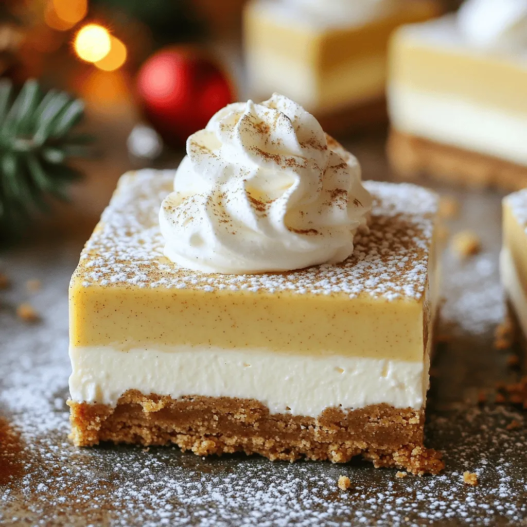 - 1 ½ cups graham cracker crumbs - ½ cup unsalted butter, melted - 2 cups cream cheese, softened - 1 cup powdered sugar - 1 cup eggnog - 1 teaspoon vanilla extract - 1 teaspoon ground nutmeg (plus more for garnish) - 1 teaspoon ground cinnamon - Whipped cream for topping - Alternatives for graham cracker crumbs: You can use crushed cookies like Oreos or vanilla wafers. This change adds a fun twist to your bars. - Substitutes for eggnog: If you don’t have eggnog, use milk or almond milk with a dash of nutmeg and cinnamon. This mix mimics the flavor well. - Dairy-free options for cream cheese: Try using a dairy-free cream cheese. Many brands offer great taste and texture for your cheesecake. These ingredients create a creamy, rich treat perfect for the holidays. You can easily adjust them to meet your needs and preferences. To start, mix 1 ½ cups of graham cracker crumbs with ½ cup of melted butter. Stir until it looks like wet sand. Next, press this mixture into the bottom of a lined 9x9-inch baking dish. Make sure to pack it down firmly. This creates a solid base for your cheesecake. Once pressed, chill the crust in the fridge for about 15 minutes. This helps it set up nicely. Now, let’s make the filling. In a large bowl, beat 2 cups of softened cream cheese with 1 cup of powdered sugar. Mix until it’s smooth and creamy. Then, slowly add 1 cup of eggnog, 1 teaspoon of vanilla extract, 1 teaspoon of ground nutmeg, and 1 teaspoon of ground cinnamon. Keep beating until everything is well combined and fluffy. This is where the holiday flavors shine through! After your filling is ready, pour it over the chilled crust. Use a spatula to smooth out the surface. It should look even and nice. Now, refrigerate the bars for at least 4 hours, but overnight is even better. This allows the cheesecake to fully set. Once set, lift the bars out of the pan using the parchment paper edges. Cut them into squares and serve. To get the best texture for your cheesecake bars, start by beating the cream cheese. You need it to be very smooth and creamy. This makes your filling light and fluffy. Use a mixer on medium speed for about 2-3 minutes. Next, pay attention to the refrigeration time. You must chill the bars for at least 4 hours. For the best results, let them chill overnight. This helps the flavors meld and gives the bars a nice, firm set. When you're ready to serve, think about decoration. A dollop of whipped cream on top adds a lovely touch. You can also sprinkle a bit of ground nutmeg for extra flavor. It looks festive and tasty! Pair these bars with holiday drinks like hot chocolate or spiced cider. The flavors of eggnog and spices blend well with these drinks. This combination makes your dessert table shine. One big mistake is overmixing the filling. If you beat it too much, it can become too airy, making the texture off. Mix just until everything is combined and fluffy. Another common mistake is not chilling the bars long enough. If you cut them too soon, they might fall apart. Always allow for enough refrigeration time to ensure they hold their shape. {{image_2}} You can change the taste of your eggnog cheesecake bars easily. One fun idea is to make chocolate eggnog cheesecake bars. Just add melted chocolate to the filling mix. This twist gives a rich and sweet flavor. If you want a nut-free option, use a cookie crust instead of graham crackers. Try crushed vanilla wafers or digestive biscuits. Both options work well and keep your dessert nut-free. Serving these bars as individual desserts adds fun. Simply cut the cheesecake into small squares. You can place each piece in a cupcake liner for a nice touch. This way, guests can grab one easily. Creating mini cheesecake bars is another great idea. Use a smaller baking dish, like an 8x8-inch pan. This will give you thicker bars that everyone will love. You can also use small tart pans for a unique look. These cheesecake bars fit right in for other holidays too. For Thanksgiving, add in some pumpkin spice. This will give a warm and cozy flavor that everyone enjoys. For New Year’s, consider a chocolate mint version. Add a few drops of peppermint extract to the filling. This creates a refreshing taste that is perfect for ringing in the new year. To keep your No-Bake Eggnog Cheesecake Bars fresh, store them in the fridge. Use an airtight container or cover them tightly with plastic wrap. This helps prevent them from drying out or absorbing other odors. You can freeze these cheesecake bars for longer storage. Wrap each bar tightly in plastic wrap, then place them in a freezer bag. Make sure to remove as much air as possible. They can stay fresh for up to three months. To thaw, place them in the fridge overnight before serving. These cheesecake bars are best eaten within five days when stored in the fridge. After that, check for any signs of spoilage. If they smell off or look discolored, it’s best to discard them. Enjoy these festive treats while they are fresh for the best taste! Yes, you can easily make these bars ahead of time. I suggest making them up to two days in advance. This gives the flavors time to blend and deepen. Just store them in the fridge, covered tightly with plastic wrap. This way, they stay fresh and ready for your holiday gathering. These bars can stay fresh in the fridge for about five days. For the best taste, eat them within three days. After that, they may lose some flavor and texture. Always check for any signs of spoilage before enjoying. If you want a substitute for eggnog, try using a mix of milk and vanilla. You can add a pinch of nutmeg or cinnamon. Another option is to use almond milk mixed with vanilla. These choices give you a similar flavor without eggnog. You can use low-fat cream cheese, but it may change the texture. The bars might not be as rich or creamy. If you prefer a lighter option, go for it. Just know that the flavor may be less bold. This blog post covers how to make delicious No-Bake Eggnog Cheesecake Bars. We looked at ingredients, step-by-step instructions, and helpful tips. You can explore variations and storage ideas too. No matter the occasion, these bars bring joy. Keep experimenting with flavors to make them your own. Enjoying every bite is what matters most!