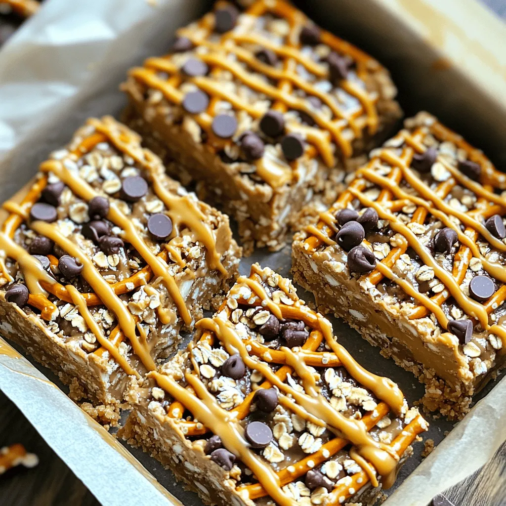 To make No-Bake Peanut Butter Pretzel Bars, you need a few simple ingredients. Each one plays a key role in creating that perfect bite. Here’s what you will need: - 1 ½ cups crushed pretzels - 1 cup peanut butter (creamy or crunchy) - ½ cup honey or maple syrup - 2 cups rolled oats - 1 cup chocolate chips (semi-sweet or dark) - ½ teaspoon salt - ½ teaspoon vanilla extract - ¼ cup mini chocolate chips for topping (optional) These ingredients come together to create a treat that is both sweet and salty. The pretzels add a nice crunch, while the peanut butter and chocolate create a smooth and rich flavor. You can choose creamy or crunchy peanut butter based on your taste. Honey adds sweetness, but maple syrup works well too if you prefer a different flavor. Using rolled oats gives the bars a hearty texture. The addition of semi-sweet or dark chocolate chips adds a lovely richness. The salt and vanilla extract enhance all the flavors, making each bite delightful. If you want a fun touch, sprinkle mini chocolate chips on top before chilling. Gather these ingredients, and you will be ready to create a tasty treat. 1. Start by mixing the dry ingredients. In a large bowl, combine 1 ½ cups of crushed pretzels and 2 cups of rolled oats. Stir them well to blend. 2. Next, heat the peanut butter mixture. In a small saucepan, add 1 cup of peanut butter, ½ cup of honey or maple syrup, ½ teaspoon of salt, and ½ teaspoon of vanilla extract. Heat it over low heat. Stir until the mix is smooth and well combined. 3. Now, combine the wet and dry ingredients. Remove the saucepan from the heat. Pour the peanut butter mixture over the pretzel and oat mix. Stir it all together until the dry ingredients are well coated. Finally, fold in 1 cup of chocolate chips, making sure they are evenly spread. 1. Prepare the baking pan. Take an 8x8 inch or 9x9 inch square pan. Line it with parchment paper, leaving some paper hanging over the edges. This helps with easy removal later. 2. Press down the mixture firmly. Transfer the peanut butter mix into the pan. Use a spatula or your hands to press it down evenly. Make sure it's compact and smooth on top. 3. Top with mini chocolate chips if you like. Sprinkle ¼ cup of mini chocolate chips on top. Gently press them into the bars so they stick. 1. Refrigerate the bars. Place the pan in the fridge for at least 2 hours. This helps the bars to firm up and hold their shape. 2. Cut into bars. Once the bars are set, lift them out of the pan using the parchment paper. Cut them into squares or bars with a sharp knife. Enjoy your tasty treat! To make sure your no-bake bars turn out well, you need the right consistency. The mixture should be thick and sticky. If it's too dry, add a bit more peanut butter or honey. If it's too wet, add some more oats or pretzels. Pressing firmly is key for a better texture. Use your hands or a spatula to pack the mixture into the pan. This helps the bars hold together better after chilling. If you want to change things up, there are great peanut butter alternatives. Almond butter or sun butter works well too. Just remember, each will bring its own flavor to the bars. For sweetener options, you can swap honey or maple syrup with agave syrup or brown rice syrup. Each sweetener will add its own twist. You can make your bars unique by adding nuts or seeds. Chopped almonds, walnuts, or pumpkin seeds give more crunch and nutrition. Using different types of chocolate can also change the taste. Try white chocolate for a sweeter treat, or dark chocolate for a richer flavor. This allows you to create a bar that fits your taste perfectly. {{image_2}} You can easily change the taste of your no-bake peanut butter pretzel bars. One fun way is to add cocoa powder. Just mix in about ¼ cup to give your bars a rich chocolate flavor. This simple tweak makes each bite taste like a treat from a bakery. Another option is to mix in dried fruits. You can use raisins, cranberries, or even chopped apricots. Dried fruits add sweetness and chewiness. Try adding about ½ cup for a fruity twist. If you need a gluten-free option, simply use gluten-free pretzels. They work just as well as regular ones. Make sure your oats are gluten-free too. This way, everyone can enjoy these tasty bars. For a vegan version, swap honey for maple syrup. Use dark chocolate chips that are dairy-free. This keeps the flavor rich while making it plant-based. You can easily adjust the ingredient amounts for your needs. If you want smaller bars, cut the recipe in half. This gives you about 8 bars. If you have a crowd, double the recipe. You’ll get around 32 bars, perfect for sharing. Just remember to adjust your baking pan size based on the amount you choose to make. To keep your no-bake peanut butter pretzel bars fresh, store them in an airtight container. A glass or plastic container works well. If you have leftover bars, you can also wrap them tightly in plastic wrap and then place them in the container. This extra layer will help keep them from drying out. At room temperature, these bars last about 3 to 5 days. For the best flavor and texture, I recommend storing them in the fridge. When refrigerated, they can last up to 2 weeks. The cool temperature helps them stay firm and delicious. If you want to keep your bars for longer, freezing is a great option. Wrap each bar in plastic wrap and place them in a freezer-safe bag. Make sure to remove as much air as possible. They can last up to 3 months in the freezer. When you're ready to enjoy them, just take them out and let them thaw at room temperature for a bit. Can I use crunchy peanut butter? Yes, you can use crunchy peanut butter. It adds a nice texture to the bars. If you like a little crunch, this is a great choice. How long do these bars need to chill? These bars need to chill for at least 2 hours. This helps them set properly. If you can wait longer, that’s even better! What can I substitute for honey or maple syrup? You can use agave syrup or brown rice syrup instead. Both will keep the bars sweet and tasty. Just make sure to use the same amount. Why are my bars too crumbly? If your bars are too crumbly, you may not have enough wet ingredients. Try adding a bit more peanut butter or sweetener. This will help bind the mixture better. How do I know when the bars are set properly? The bars are set when they feel firm to the touch. You should be able to lift them out of the pan without them falling apart. If they feel soft, give them more chill time. You can create tasty no-bake peanut butter pretzel bars with simple steps. We covered the ingredients, the preparation process, and helpful tips. Experiment with flavors and storage methods to make these bars your own. These treats are easy to customize and share. Enjoy them fresh or stored for later. With a bit of practice, you’ll master a healthy snack that everyone loves. Keep creating and have fun with your recipes!
