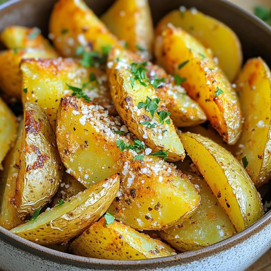 - 4 medium-sized russet potatoes, washed and cut into wedges - 3 tablespoons olive oil - 4 cloves garlic, minced - 1 teaspoon dried oregano - 1 teaspoon onion powder - 1 teaspoon smoked paprika - ½ cup grated Parmesan cheese - Salt and pepper to taste - Fresh parsley, chopped for garnish (optional) Start with fresh russet potatoes. They give the best texture. Wash them well to remove dirt. Cut them into wedges, making sure they are even. This helps them cook evenly. Use a large bowl for mixing. This gives you space to toss the ingredients well. Mince the garlic finely to spread the flavor. Use good quality olive oil for better taste. Always measure out your spices to keep flavors balanced. If you want a twist, try sweet potatoes. They add a nice sweetness. For a dairy-free option, skip the Parmesan. You can use nutritional yeast for a cheesy flavor. If you like heat, add cayenne pepper to the mix. Fresh herbs like thyme or rosemary can replace oregano for a different taste. First, set your air fryer to 400°F (200°C). Let it preheat for about 5 minutes. This step helps the potato wedges cook evenly. A hot air fryer gives a nice, crispy finish. Wash 4 medium-sized russet potatoes well. Cut them into wedges, aiming for uniform sizes. In a large bowl, combine the wedges with 3 tablespoons of olive oil. Toss them so every wedge gets coated. Next, add 4 minced garlic cloves, 1 teaspoon of dried oregano, 1 teaspoon of onion powder, and 1 teaspoon of smoked paprika. Sprinkle in salt and pepper to taste. Mix everything until the wedges are fully seasoned. Finally, sprinkle ½ cup of grated Parmesan cheese over the seasoned wedges and mix gently. Place the seasoned potato wedges in the air fryer basket. Make sure they are in a single layer for best results. If your air fryer is small, cook in batches. Set the timer for 15 to 20 minutes. Halfway through, shake the basket to cook all sides evenly. When done, the wedges should be golden brown and crispy. Let them cool for a couple of minutes. If you like, garnish with fresh chopped parsley before serving. Enjoy your crispy delight! To get that nice crunch, preheat your air fryer to 400°F (200°C). This step is key. It helps the potato wedges cook evenly and turn golden brown. Make sure to coat the wedges well with olive oil. This oil gives them flavor and helps with crispiness. Shake the basket halfway through cooking. This ensures every side gets crispy. If your air fryer is small, cook in batches. This keeps the heat steady. While garlic and Parmesan are delicious, you can mix things up. Try adding chili flakes for a spicy kick. You can use fresh herbs like rosemary or thyme for a fresh taste. Swap the Parmesan for cheddar cheese if you want a different flavor. You can even add lemon zest for a bright twist. The options are endless! Experiment to find your favorite mix. One mistake is overcrowding the air fryer. If you pile the wedges too high, they won’t crisp up. Always lay them in a single layer. Another mistake is not seasoning enough. Taste is key! Always add salt and pepper for balance. Don't skip the preheating step, as it helps achieve that perfect texture. Lastly, let the wedges cool for a few minutes after cooking. This helps them firm up and makes them easier to eat. {{image_2}} To kick up the heat, add some spice to your wedges. Start with the same ingredients. Then, mix in 1 teaspoon of cayenne pepper or red pepper flakes. This adds a fiery kick. You can adjust the spice level to suit your taste. Pair these spicy wedges with a cooling dip, like ranch or yogurt sauce. For a creamy twist, sprinkle extra cheese on top of your wedges. Use a mix of mozzarella and cheddar instead of just Parmesan. Add 1 tablespoon of fresh herbs like thyme or rosemary to the mix. These herbs will add a lovely aroma and flavor. This variation is perfect for cheese lovers. If you crave something sweeter, swap russet potatoes for sweet potatoes. Cut them into wedges and follow the same steps. The sweetness pairs well with garlic and Parmesan. You may want to reduce the cooking time by a few minutes, as sweet potatoes cook faster. Enjoy a healthier twist that’s still delicious! After cooking your Air Fryer Garlic Parmesan Potato Wedges, let them cool. Place them in a sealed container. Store in the fridge for up to three days. Make sure they cool down before sealing. This keeps them crispy longer. Avoid stacking them while they cool. This helps prevent sogginess. When you're ready to enjoy leftovers, you have a few options. The best way is to use the air fryer. Set it to 350°F (175°C). Heat for about 5 to 7 minutes. This brings back the crispiness. You can also use an oven. Preheat to 375°F (190°C) and bake for 10-12 minutes. Microwave reheating is not recommended. It makes them soft and chewy. If you want to freeze your wedges, it’s simple. First, let them cool completely. Place them in a single layer on a baking sheet. Freeze for about 1 hour. Once they are firm, transfer them to a freezer bag. They can last up to three months. When you're ready to eat, cook them from frozen in the air fryer. This ensures they stay crispy. Cook the potato wedges for 15 to 20 minutes at 400°F (200°C). Check them halfway through. Shake the basket to mix the wedges. They should be golden brown and crispy when done. If you like them extra crispy, add a few more minutes. Keep an eye on them to avoid burning. Yes, you can use other potatoes! Yukon gold or sweet potatoes work well. Each type adds a different flavor. Russet potatoes give a classic taste and texture. Sweet potatoes offer a hint of sweetness. Just remember to adjust cooking times if needed, based on the size of your wedges. Garlic Parmesan potato wedges pair well with many dishes. Try them with grilled chicken or burgers. They also go great with dipping sauces like ranch or ketchup. For a full meal, serve them alongside a fresh salad. You can even enjoy them as a tasty snack on their own! This blog post shared how to make tasty air fryer potato wedges. We covered the right ingredients, prep tips, and cooking steps. I also shared tips for a perfect crisp and tasty seasoning. You learned about different wedge variations and how to store them well. With these simple steps, you can make delicious potato wedges that everyone will love. Enjoy creating these snacks and share them with friends and family!