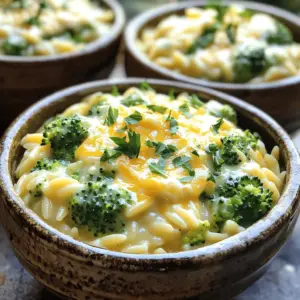 - Orzo Pasta: This small pasta cooks quickly and absorbs flavors well. You need 1 cup for a creamy texture. - Broccoli Florets: Fresh broccoli adds color and nutrition. Use 2 cups for a nice balance. - Onion and Garlic: A small onion, diced, and 2 cloves of minced garlic give depth to the dish. - Vegetable Broth and Heavy Cream: Four cups of broth create the base. One cup of cream adds richness. - Sharp Cheddar Cheese: Use 1 cup of shredded sharp cheddar for a strong, cheesy flavor. - Olive Oil and Seasonings: One tablespoon of olive oil helps sauté the onions. Season with salt, pepper, garlic powder, onion powder, and optional red pepper flakes for heat. These ingredients come together to make a comforting, creamy dish. Each part plays a vital role in flavor and texture. You can customize the spices or add more veggies based on your taste. First, I heat olive oil in a large pot over medium heat. Next, I add the diced onion and sauté it for about 3-4 minutes. The onion should turn translucent and soft. Then, I stir in minced garlic and cook it for 1 more minute. The garlic gives off a nice aroma. Now, it's time to toast the orzo pasta. I add the orzo to the pot and stir it for about 2 minutes. This step adds a nutty flavor and helps keep the orzo firm. Next, I pour in 4 cups of vegetable broth. I add broccoli florets, salt, pepper, garlic powder, onion powder, and optional red pepper flakes. This mix brings rich flavor. I bring the pot to a boil, then reduce the heat to low. I cover the pot and let it simmer for about 10-12 minutes. I want the orzo to be al dente and most of the liquid absorbed. Once the orzo is cooked, I stir in 1 cup of heavy cream and 1 cup of shredded cheddar cheese. I mix them until the dish is creamy and smooth. I taste it and adjust the seasoning with more salt and pepper if needed. Finally, I remove the pot from heat and let it sit for 2-3 minutes. This helps the dish thicken. Then, I serve it warm, garnished with fresh parsley and extra cheddar on top. Enjoy your creamy broccoli cheddar orzo! Choosing the Right Cheese I love using sharp cheddar cheese for this dish. It melts well and adds rich flavor. You could try a mix of cheeses too. Gouda or Monterey Jack also work nicely. Ensuring Proper Cooking Time Timing is key to creamy orzo. Cook for 10-12 minutes on low heat. Keep an eye on the orzo. You want it al dente, not mushy. This helps the dish stay creamy and not watery. Overcooking the Broccoli Don’t let the broccoli cook too long. Add it with the broth and cook for just 10-12 minutes. This keeps it bright green and crisp. Overcooked broccoli turns mushy and loses nutrients. Skipping the Toasting Step Always toast the orzo before adding broth. This step adds depth to the flavor. Toast it for about 2 minutes, stirring often. It makes a big difference in taste. Ideal Pairings for the Dish This creamy orzo pairs well with a fresh salad. A side of garlic bread also complements it nicely. You could even serve it with grilled chicken for protein. Garnishing Ideas for Presentation Make your dish pop with fresh parsley on top. A sprinkle of extra cheddar adds color and flavor. You can also add a dash of red pepper flakes for a little heat. {{image_2}} Chicken or Shrimp Options You can add chicken or shrimp for more protein. Cook diced chicken in the pot before adding onion and garlic. For shrimp, add them in the last few minutes of cooking. They will cook quickly and add a nice flavor. Plant-based Alternatives For a vegan option, use chickpeas or lentils. They add protein and texture. Toss them in with the broth to cook through. You can also add tofu for another great plant-based choice. Gluten-Free Substitutes If you need gluten-free, swap orzo with gluten-free pasta. Many brands make great versions. Just cook it according to the package directions. Adjust the broth amount as needed to keep it creamy. Vegan Modifications To make this dish vegan, replace heavy cream with coconut cream or a cashew cream. Use nutritional yeast for that cheesy flavor. This keeps the dish rich and satisfying without dairy. Adding Fresh Herbs Fresh herbs can brighten up the dish. Try adding basil or thyme for a fresh twist. Stir them in just before serving to keep their flavor bold. Experimenting with Other Vegetables You can mix in different vegetables like spinach or peas. They cook quickly and add color. Just add them in the last few minutes of cooking to keep them vibrant and fresh. To keep your creamy broccoli cheddar orzo fresh, follow these steps: - Refrigeration Guidelines: Place leftovers in an airtight container. Store them in the fridge for up to 3-4 days. This helps maintain the taste and creaminess. - Freezing Techniques: You can also freeze the dish. Use a freezer-safe container and keep it for up to 2 months. Thaw it overnight in the fridge before reheating. To warm up your orzo, you want to keep it creamy: - Best Practices for Retaining Creaminess: Add a splash of milk or cream during reheating. This helps restore its silky texture. - Microwave vs Stovetop Methods: The stovetop is best for even heating. Place it in a pot over low heat. Stir often to avoid sticking. The microwave works too; use a microwave-safe dish and cover it to trap moisture. Knowing how long your dish lasts is key: - Understanding Expiration: If stored properly, enjoy within 3-4 days in the fridge. If frozen, use within 2 months for best flavor. - Signs of Spoilage: Look for off smells, changes in color, or mold. If you see any of these, it's best to toss the dish. Yes, you can! Regular pasta works well as a substitute. You may need to adjust the cooking time. For example, small shapes like macaroni or ditalini fit best. Remember to check the package for cooking times. This way, your pasta cooks just right. Absolutely! You can prepare it in advance. Cook the orzo and mix in the cream and cheese. Let it cool, then store it in the fridge. When ready to eat, reheat it on the stove. Add a splash of broth or cream to keep it creamy. Yes, this recipe shines for meal prep. It stores well and reheats nicely. Divide the creamy orzo into containers. Keep them in the fridge for up to four days. This dish makes tasty lunches or quick dinners. Just remember to stir in some extra liquid when reheating for the best texture. In this blog post, I shared a simple recipe using orzo pasta, broccoli, and cheese. We covered each step, from sautéing onions to adding cream and seasonings. I also offered tips to make it creamy and tasty, shared variations for different diets, and provided storage advice for leftovers. With these insights, you can create a delicious dish that satisfies everyone. Enjoy experimenting and simplifying meal prep with this recipe!