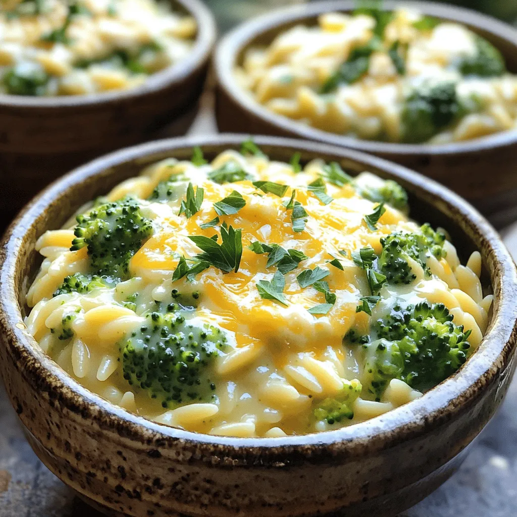 - Orzo Pasta: This small pasta cooks quickly and absorbs flavors well. You need 1 cup for a creamy texture. - Broccoli Florets: Fresh broccoli adds color and nutrition. Use 2 cups for a nice balance. - Onion and Garlic: A small onion, diced, and 2 cloves of minced garlic give depth to the dish. - Vegetable Broth and Heavy Cream: Four cups of broth create the base. One cup of cream adds richness. - Sharp Cheddar Cheese: Use 1 cup of shredded sharp cheddar for a strong, cheesy flavor. - Olive Oil and Seasonings: One tablespoon of olive oil helps sauté the onions. Season with salt, pepper, garlic powder, onion powder, and optional red pepper flakes for heat. These ingredients come together to make a comforting, creamy dish. Each part plays a vital role in flavor and texture. You can customize the spices or add more veggies based on your taste. First, I heat olive oil in a large pot over medium heat. Next, I add the diced onion and sauté it for about 3-4 minutes. The onion should turn translucent and soft. Then, I stir in minced garlic and cook it for 1 more minute. The garlic gives off a nice aroma. Now, it's time to toast the orzo pasta. I add the orzo to the pot and stir it for about 2 minutes. This step adds a nutty flavor and helps keep the orzo firm. Next, I pour in 4 cups of vegetable broth. I add broccoli florets, salt, pepper, garlic powder, onion powder, and optional red pepper flakes. This mix brings rich flavor. I bring the pot to a boil, then reduce the heat to low. I cover the pot and let it simmer for about 10-12 minutes. I want the orzo to be al dente and most of the liquid absorbed. Once the orzo is cooked, I stir in 1 cup of heavy cream and 1 cup of shredded cheddar cheese. I mix them until the dish is creamy and smooth. I taste it and adjust the seasoning with more salt and pepper if needed. Finally, I remove the pot from heat and let it sit for 2-3 minutes. This helps the dish thicken. Then, I serve it warm, garnished with fresh parsley and extra cheddar on top. Enjoy your creamy broccoli cheddar orzo! Choosing the Right Cheese I love using sharp cheddar cheese for this dish. It melts well and adds rich flavor. You could try a mix of cheeses too. Gouda or Monterey Jack also work nicely. Ensuring Proper Cooking Time Timing is key to creamy orzo. Cook for 10-12 minutes on low heat. Keep an eye on the orzo. You want it al dente, not mushy. This helps the dish stay creamy and not watery. Overcooking the Broccoli Don’t let the broccoli cook too long. Add it with the broth and cook for just 10-12 minutes. This keeps it bright green and crisp. Overcooked broccoli turns mushy and loses nutrients. Skipping the Toasting Step Always toast the orzo before adding broth. This step adds depth to the flavor. Toast it for about 2 minutes, stirring often. It makes a big difference in taste. Ideal Pairings for the Dish This creamy orzo pairs well with a fresh salad. A side of garlic bread also complements it nicely. You could even serve it with grilled chicken for protein. Garnishing Ideas for Presentation Make your dish pop with fresh parsley on top. A sprinkle of extra cheddar adds color and flavor. You can also add a dash of red pepper flakes for a little heat. {{image_2}} Chicken or Shrimp Options You can add chicken or shrimp for more protein. Cook diced chicken in the pot before adding onion and garlic. For shrimp, add them in the last few minutes of cooking. They will cook quickly and add a nice flavor. Plant-based Alternatives For a vegan option, use chickpeas or lentils. They add protein and texture. Toss them in with the broth to cook through. You can also add tofu for another great plant-based choice. Gluten-Free Substitutes If you need gluten-free, swap orzo with gluten-free pasta. Many brands make great versions. Just cook it according to the package directions. Adjust the broth amount as needed to keep it creamy. Vegan Modifications To make this dish vegan, replace heavy cream with coconut cream or a cashew cream. Use nutritional yeast for that cheesy flavor. This keeps the dish rich and satisfying without dairy. Adding Fresh Herbs Fresh herbs can brighten up the dish. Try adding basil or thyme for a fresh twist. Stir them in just before serving to keep their flavor bold. Experimenting with Other Vegetables You can mix in different vegetables like spinach or peas. They cook quickly and add color. Just add them in the last few minutes of cooking to keep them vibrant and fresh. To keep your creamy broccoli cheddar orzo fresh, follow these steps: - Refrigeration Guidelines: Place leftovers in an airtight container. Store them in the fridge for up to 3-4 days. This helps maintain the taste and creaminess. - Freezing Techniques: You can also freeze the dish. Use a freezer-safe container and keep it for up to 2 months. Thaw it overnight in the fridge before reheating. To warm up your orzo, you want to keep it creamy: - Best Practices for Retaining Creaminess: Add a splash of milk or cream during reheating. This helps restore its silky texture. - Microwave vs Stovetop Methods: The stovetop is best for even heating. Place it in a pot over low heat. Stir often to avoid sticking. The microwave works too; use a microwave-safe dish and cover it to trap moisture. Knowing how long your dish lasts is key: - Understanding Expiration: If stored properly, enjoy within 3-4 days in the fridge. If frozen, use within 2 months for best flavor. - Signs of Spoilage: Look for off smells, changes in color, or mold. If you see any of these, it's best to toss the dish. Yes, you can! Regular pasta works well as a substitute. You may need to adjust the cooking time. For example, small shapes like macaroni or ditalini fit best. Remember to check the package for cooking times. This way, your pasta cooks just right. Absolutely! You can prepare it in advance. Cook the orzo and mix in the cream and cheese. Let it cool, then store it in the fridge. When ready to eat, reheat it on the stove. Add a splash of broth or cream to keep it creamy. Yes, this recipe shines for meal prep. It stores well and reheats nicely. Divide the creamy orzo into containers. Keep them in the fridge for up to four days. This dish makes tasty lunches or quick dinners. Just remember to stir in some extra liquid when reheating for the best texture. In this blog post, I shared a simple recipe using orzo pasta, broccoli, and cheese. We covered each step, from sautéing onions to adding cream and seasonings. I also offered tips to make it creamy and tasty, shared variations for different diets, and provided storage advice for leftovers. With these insights, you can create a delicious dish that satisfies everyone. Enjoy experimenting and simplifying meal prep with this recipe!