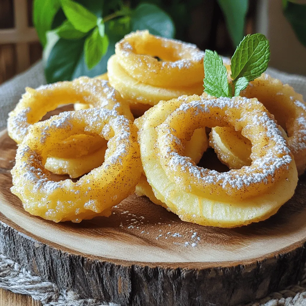 - 2 large Granny Smith apples, cored and sliced into rings (about 1/4-inch thick) - 1 cup all-purpose flour - 1/2 cup cornstarch - 1 tablespoon baking powder - 1 teaspoon ground cinnamon - 1/4 teaspoon salt - 3/4 cup cold sparkling water (or regular water) - 1/2 teaspoon vanilla extract - Oil for frying (vegetable or canola) - Powdered sugar for dusting - Optional: additional cinnamon for sprinkling I love using Granny Smith apples for this recipe. Their tartness pairs well with the sweet batter. For the dry ingredients, you'll need flour, cornstarch, baking powder, cinnamon, and salt. These create a light, crispy coating that makes the apple rings so good. The wet ingredients include cold sparkling water and vanilla extract. The sparkling water gives the batter its airy texture. You can also use regular water if you don't have sparkling water on hand. For frying, you’ll want a good oil like vegetable or canola. It should be deep enough to cover the rings. Finally, we finish with powdered sugar. It adds a sweet touch, and you can even sprinkle a bit more cinnamon if you like! Start by coring the Granny Smith apples. Use a sharp knife or an apple corer. Then, slice the apples into rings that are about 1/4 inch thick. This size gives them the best crunch when fried. After slicing, pat each ring dry with a paper towel. Drying is key. It helps the batter stick and keeps them from getting soggy. For the batter, grab a large mixing bowl. Combine the flour, cornstarch, baking powder, ground cinnamon, and salt. Whisk these dry ingredients well. Then, slowly add the cold sparkling water and vanilla extract. Stir until it’s smooth and thick. If it feels too thick, add a little more sparkling water. The right consistency is important. It should coat the apple rings nicely without dripping too much. Now, let’s heat the oil. In a deep frying pan, pour about 2 inches of vegetable or canola oil. Heat it over medium-high heat until it reaches 350°F (175°C). To check if the oil is ready, drop a small amount of batter in. If it sizzles and floats, you’re good to go. Next, dip each apple ring into the batter, covering it fully. Let the excess batter drip back into the bowl. Carefully place a few rings in the hot oil. Don’t overcrowd the pan; this helps them fry evenly. Cook each side for about 2-3 minutes until golden brown. After frying, use a slotted spoon to lift the rings from the oil. Place them on a plate lined with paper towels. This step drains off the excess oil. Now, you’re ready to enjoy those crispy treats! Managing oil temperature is key for crispy apple rings. Heat the oil to 350°F (175°C). To check if the oil is ready, drop a small batter piece in. If it sizzles and floats, you're set. If the oil is too cool, the rings will soak up oil and become soggy. If it's too hot, they will burn. Avoid overcrowding the pan. If you add too many apple rings at once, the temperature drops. This makes the batter greasy and heavy. Fry in small batches for the best results. Presentation is important. Arrange the crispy apple rings on a nice plate. A sprig of mint adds color. You can also serve them with a scoop of vanilla ice cream. The cold ice cream balances the warm, crispy rings perfectly. Dips can enhance the experience too. Try caramel sauce for a sweet touch. Honey or chocolate sauce also works well. You can spice up your apple rings with fun flavors. Consider adding nutmeg or ginger to the batter. This will add depth and warmth. For sweet toppings, powdered sugar is classic. But don't stop there! Try drizzling maple syrup or honey over the rings. Crushed nuts or sprinkles can add texture and fun. {{image_2}} You can use many types of apples for frying. While I love Granny Smith for their tartness, other varieties also shine. - Honeycrisp: They are sweet and juicy, which adds a nice contrast to the batter. - Fuji: These apples are crisp and sweet, making them a great choice for dessert lovers. - Gala: They have a mild flavor and become soft when fried, perfect for those who prefer a lighter bite. Each apple type impacts flavor and texture. Tart apples like Granny Smith give a nice tang, while sweeter apples provide a more dessert-like taste. You can switch up the batter for unique flavors. If you need a gluten-free option, use almond flour or a gluten-free baking mix. - Coconut Flour Batter: This adds a hint of coconut flavor and a unique texture. - Cornmeal Batter: For a crunchy finish, mix cornmeal with gluten-free flour. Adding spices can also change the flavor profile. Try adding nutmeg or cardamom to the batter for something special. Toppings can take your fried apple rings to the next level. - Spices: A sprinkle of cinnamon or nutmeg adds warmth and depth. You can also try pumpkin pie spice for a fall twist. - Flavored Syrups: Drizzle maple syrup or caramel sauce over the rings for a sweet finish. These simple changes can make your fried apple rings truly stand out and satisfy every craving. To store your fried apple rings, use an airtight container. This helps keep them fresh. Line the bottom of the container with paper towels. This step absorbs any moisture. Place the apple rings in a single layer. If you have many, add more paper towels between layers. For best quality, eat them within 1-2 days. After that, they may lose their crispness. When it's time to enjoy leftovers, you can choose between the oven or microwave. The oven is best for keeping crispness. Preheat it to 350°F (175°C). Place the apple rings on a baking sheet. Heat them for about 10 minutes. Check to see if they are warm and crispy. If you use the microwave, heat them for 20-30 seconds. However, this method may make them soft. To avoid this, place a paper towel under the apple rings. This helps absorb some moisture. To keep fried apple rings crispy, follow these simple tips: - Use cold batter: Cold batter helps create a light and crispy texture. - Drain properly: After frying, place the rings on paper towels to absorb excess oil. This step helps them stay crisp. - Avoid stacking: Keep the fried apple rings in a single layer to avoid steam buildup, which can make them soggy. - Serve immediately: Fried apple rings taste best fresh. If you need to hold them, place them in a warm oven on a wire rack. These methods work together to keep your apple rings crunchy and delicious! Yes, you can make fried apple rings ahead of time, but with a few tips: - Fry and cool: Fry the apple rings and let them cool completely. - Storage: Place them in an airtight container lined with paper towels. This helps absorb moisture and keeps them crisp. - Refrigerate: Store them in the fridge for up to two days. - Reheat: To regain crispness, reheat them in an oven at 350°F (175°C) for about 10 minutes. Making them ahead is great for parties or gatherings! Fried apple rings pair well with many delicious options: - Vanilla ice cream: The cold creaminess balances the warm, crispy rings. - Caramel sauce: Drizzle some caramel on top for a sweet touch. - Whipped cream: A dollop adds a light, airy contrast. - Yogurt dip: A tangy yogurt dip can provide a refreshing balance. These pairings elevate your dish and make it more enjoyable for everyone! In this article, you learned how to make delicious fried apple rings. We covered the best ingredients, preparation steps, and cooking tips. You discovered how to achieve the right batter and frying technique. Plus, there are tips for serving and storing your tasty snack. By using different apples and toppings, you can create unique flavors. Enjoy experimenting and sharing your fried apple rings with friends and family. They are sure to be a hit!
