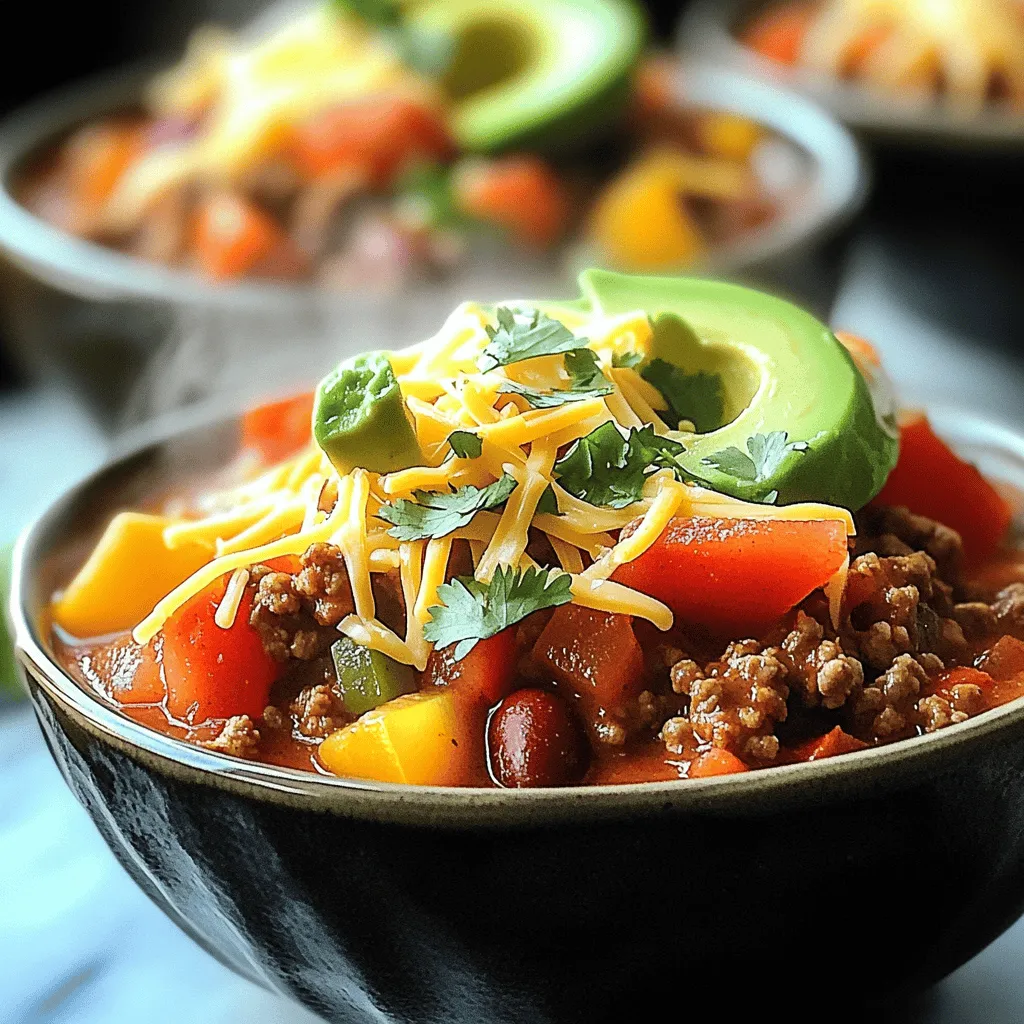 - 1 pound ground turkey or beef - 1 tablespoon olive oil - 1 medium onion, diced - 2 cloves garlic, minced - 1 bell pepper, diced (any color) - 2 medium tomatoes, diced - 1 cup corn kernels (fresh or frozen) - 2 cups vegetable or chicken broth To make a hearty no beans chili, you need ground turkey or beef. This choice gives your chili rich flavor and protein. Olive oil helps sauté the onions and garlic, adding depth to the dish. Diced onions, minced garlic, and bell peppers create a savory base. Tomatoes provide acidity and freshness, while corn adds a touch of sweetness. The broth makes the chili thick and comforting. - 2 tablespoons chili powder - 1 tablespoon cumin - 1 teaspoon smoked paprika - Salt and pepper to taste Spices are vital for flavor. Chili powder adds heat and warmth, while cumin gives an earthy touch. Smoked paprika adds a smoky depth that enhances the overall taste. Don’t forget salt and pepper to elevate all the flavors. - Shredded cheese - Avocado slices - Sour cream - Fresh cilantro for garnish Toppings make chili fun and delicious. Shredded cheese melts beautifully on hot chili. Avocado adds creaminess, while sour cream offers coolness. Fresh cilantro brightens the bowl, making each bite special. - Heat 1 tablespoon of olive oil in a large pot over medium heat. - Add 1 medium diced onion and sauté until it turns translucent, about 3-4 minutes. - Next, add 2 minced garlic cloves and 1 diced bell pepper. Cook for 2-3 minutes until soft. - Increase heat to medium-high. Add 1 pound of ground turkey or beef. Break it apart with a spatula. - Cook the meat until it is browned, about 5-7 minutes. - Stir in 2 diced tomatoes, 1 cup of corn kernels, and 2 cups of vegetable or chicken broth. - Bring the mixture to a simmer. This helps blend the flavors. - Add 2 tablespoons of chili powder, 1 tablespoon of cumin, and 1 teaspoon of smoked paprika. - Season with salt and pepper to taste. Stir well to combine all spices. - Reduce the heat to low. Let it simmer uncovered for 20-25 minutes. Stir occasionally. - This simmering time helps develop rich flavors in the chili. - Before serving, add 1 tablespoon of apple cider vinegar. This brightens the taste. - Taste the chili and adjust seasonings if needed. Enjoy your flavorful creation! Cooking times matter. For meat, brown it for 5-7 minutes. This helps develop rich flavors. Sauté onions for 3-4 minutes until they turn clear. Add minced garlic and bell peppers for 2-3 minutes. This softens them and boosts taste. To enhance the flavor, use spices wisely. Chili powder gives heat. Cumin adds earthiness. Smoked paprika brings a nice smokiness. Taste as you go. Adjust the salt and pepper for balance. Serving chili can be fun! Use bowls for a cozy feel. Top with shredded cheese for creaminess. Add avocado slices for a fresh crunch. A sprinkle of fresh cilantro adds color and flavor. At gatherings, serve chili in a big pot. Let guests add their own toppings. This makes it more personal and interactive. You can even set up a chili bar! Making chili ahead saves time. Cook it fully, then cool it down. Store it in airtight containers. It stays fresh for up to 3 days in the fridge. For reheating, warm it on the stove over low heat. Stir often, so it heats evenly. If it seems thick, add a splash of broth. This keeps flavors bold and fresh! {{image_2}} You can use ground turkey or beef for this chili. Ground turkey gives a lighter taste. Beef adds a richer flavor. If you want a plant-based option, try using lentils or crumbled tofu. These options are tasty and healthy. Each meat choice brings a different flavor to the pot. Adjust the heat by adding more peppers. You can use jalapeños or chipotles for heat. For a milder version, skip the hot peppers. You can also add sweet spices like paprika for warmth without heat. Play with spices to find your perfect balance. Add vegetables for extra nutrition. Chopped carrots or zucchini blend well in chili. You can also use canned tomatoes for a thicker base. For more flavor, toss in some corn or beans. Other pantry staples like canned green chilies can add a nice kick. Feel free to get creative with what you have! To store leftover chili, let it cool first. Use airtight containers to keep it fresh. Glass or BPA-free plastic containers work best. They help keep odors in and prevent spills. Label your containers with the date. This way, you know when to use them. Chili lasts about 3 to 4 days in the fridge. In the freezer, it can last up to 3 months. When you freeze chili, portion it into smaller containers. This makes thawing easier later. To thaw, place it in the fridge overnight. You can also use a microwave for quick thawing. Reheat your chili on the stove or in the microwave. Stir well to keep it even and hot. You can repurpose chili in many fun ways. Use it as a hearty topping for baked potatoes. It can also be great in tacos or quesadillas. Try it over rice or pasta for a filling meal. Mix it into scrambled eggs for a tasty brunch dish. You can even use it to make chili cheese fries. The options are endless! Yes, you can easily make No Beans Chili vegetarian. Here are some good substitutes: - Use plant-based ground meat or lentils instead of turkey or beef. - Swap the chicken broth for vegetable broth for a full vegetarian flavor. - You can add more veggies like mushrooms or zucchini for extra texture. These changes will keep your chili hearty and satisfying without meat. No Beans Chili is great for meal prep! Here are some tips: - Divide the chili into single-serving containers. - Let it cool before sealing to avoid condensation. - Store in the fridge for up to four days or freeze for longer. This way, you can enjoy it throughout the week without any hassle. There are several methods to thicken your No Beans Chili: - Simmer it longer to reduce the liquid content. - Add diced potatoes or carrots, which will cook down and thicken the chili. - You can also mash some of the corn for a creamier texture. These methods will help you achieve the perfect consistency for your chili. This blog covered how to make a delicious no beans chili. You’ve learned about key ingredients, simple steps, and storage tips. Making this chili can be fun and easy, whether you like turkey or beef. Adjust the spice levels to suit your taste. Don’t forget to add your favorite toppings for extra flavor. Lastly, remember to enjoy leftovers in new ways. With these tips, you’ll create a dish everyone will love.