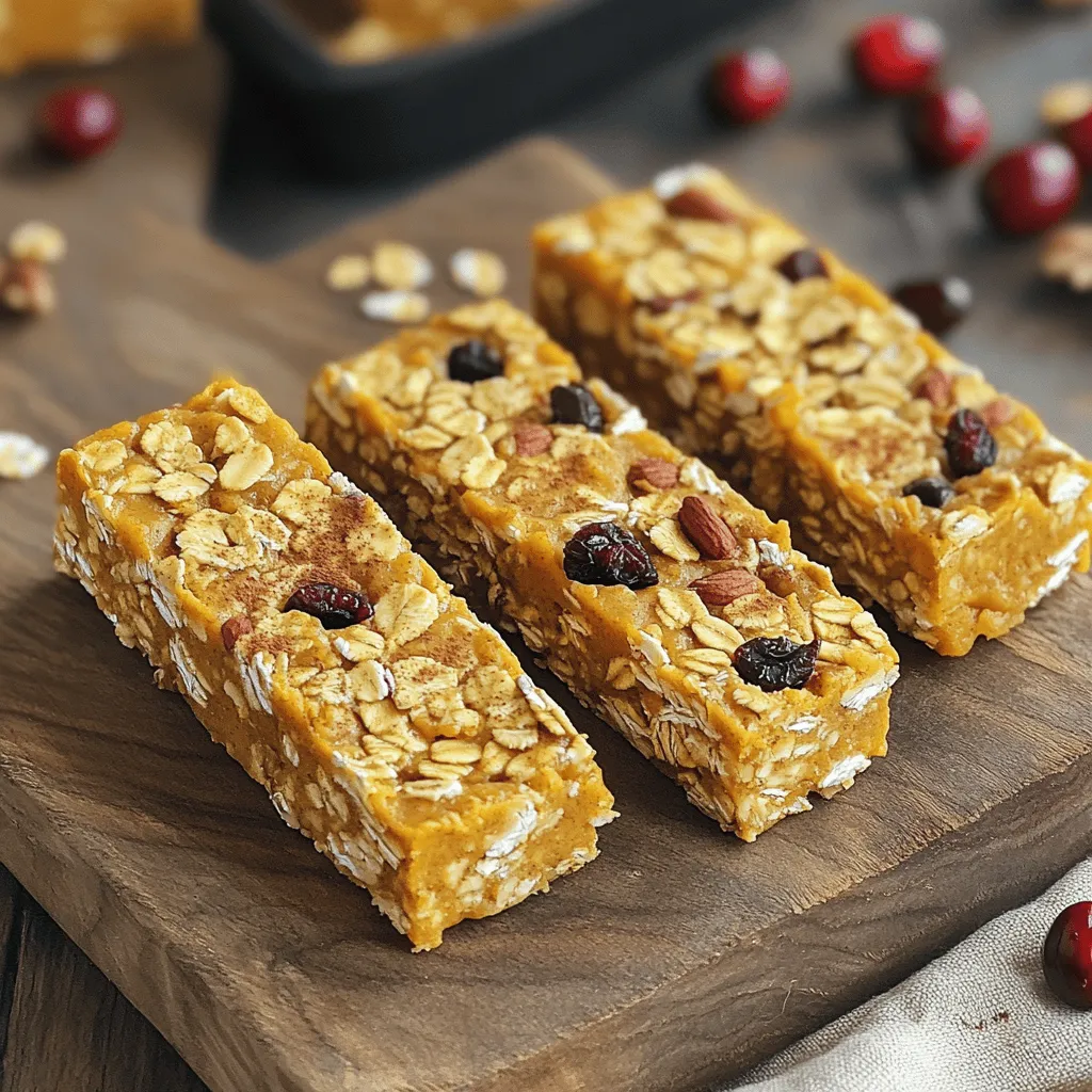 To make these tasty granola bars, you need some simple ingredients. Here’s what you will need: - 1 ½ cups rolled oats - ½ cup pumpkin puree - ½ cup almond butter (or any nut/seed butter) - ¼ cup honey or maple syrup - 1 teaspoon vanilla extract - 1 teaspoon pumpkin pie spice - ¼ teaspoon salt - ½ cup chopped nuts (e.g., walnuts, pecans) - ½ cup dried cranberries or raisins - ¼ cup chocolate chips (optional) These ingredients work together to create a delicious snack. The rolled oats form a hearty base. Pumpkin puree gives a nice fall flavor and moisture. Almond butter adds creaminess and protein. Honey or maple syrup brings sweetness and helps bind everything. Vanilla extract adds a warm aroma, while pumpkin pie spice gives that cozy touch. The salt enhances all the flavors. Chopped nuts add a nice crunch. You can pick your favorites, like walnuts or pecans. Dried cranberries or raisins add chewiness and fruity notes. If you like a hint of chocolate, toss in some chocolate chips. They are optional, but they make the bars feel extra special. Gather these ingredients, and you’re ready to make a delightful snack that everyone will love! - Combine ingredients in a large mixing bowl Start by adding 1 ½ cups rolled oats, ½ cup pumpkin puree, and ½ cup almond butter to a large bowl. Next, add ¼ cup honey or maple syrup, 1 teaspoon vanilla extract, 1 teaspoon pumpkin pie spice, and ¼ teaspoon salt. Mix it all together well. - Fold in nuts and dried fruit After mixing, gently fold in ½ cup chopped nuts, like walnuts or pecans. Then, add ½ cup of dried cranberries or raisins. If you want a touch of sweetness, toss in ¼ cup chocolate chips. - Prepare the baking dish with parchment paper Line an 8x8-inch baking dish with parchment paper. Leave some paper hanging over the sides. This helps when you remove the bars later. - Pack the granola mixture into the dish Pour the granola mix into the dish. Use the back of a spatula or your hands to press it down firmly. Make sure it's evenly packed for the best bars. - Refrigerate for setting Place the dish in the fridge for at least 2 hours. This step allows the bars to firm up nicely. - Cut into bars after firming up Once the mixture is set, lift it out using the parchment paper. Place it on a cutting board and cut it into bars of your desired size. Enjoy your tasty snack! - Pressing Technique for Compact Bars To make the best bars, press the mixture firmly into your dish. Use the back of a spatula or your hands. This makes the bars dense and easier to cut later. If you don’t press hard enough, they may fall apart. - Choosing the Right Nut/Seed Butter Almond butter adds a nice flavor, but you can use any nut or seed butter. Peanut butter works well too. Choose one that you love. The butter helps bind the bars and gives them a creamy texture. - Sweetness Adjustments with Honey or Maple Syrup Honey and maple syrup are both great choices. If you want less sweetness, add less. You can also swap them in equal parts. Taste your mixture before pressing it down to see if it’s sweet enough. - Presentation Tips for Aesthetic Appeal To make your granola bars look nice, arrange them on a wooden board. Sprinkle a little pumpkin pie spice on top for color. Add a few dried cranberries for a pop of red. This makes them inviting and fun to serve. - Pairing Ideas, Such as Yogurt or Tea These bars taste great with yogurt. You can add a dollop of yogurt on the side. A warm cup of tea also pairs nicely. This makes for a cozy snack or a light breakfast. Enjoy them anytime you want a tasty treat! {{image_2}} You can make these bars your own with simple swaps. - Alternative nut butters: Try sunflower seed butter or cashew butter. Each adds a unique taste. - Using different dried fruits: Swap cranberries for apricots or cherries. These fruits change the flavor profile. - Incorporating seeds: Add chia seeds or flaxseed for extra crunch and nutrients. They are rich in omega-3s and fiber. If you want to make these bars fit certain diets, it’s easy! - Vegan version: Use maple syrup instead of honey. Also, choose a plant-based butter. This keeps it dairy-free. - Gluten-free options: Make sure to use certified gluten-free oats. This ensures no cross-contamination with gluten. Enjoy experimenting with these variations! To keep your no bake pumpkin spice granola bars fresh, store them in the refrigerator. This helps maintain their taste and texture. Here’s how to do it: - Wrap the bars in parchment paper to prevent sticking. - Place them in an airtight container. This keeps moisture out. - If you make a big batch, separate layers with parchment to avoid sticking. For long-term storage, you can freeze the bars. Wrap each bar tightly in plastic wrap, then place them in a freezer bag. This method helps keep them fresh for months. These granola bars can stay fresh for up to two weeks in the fridge. After that, they may lose their flavor and texture. Here are some signs that your bars have gone bad: - A strange smell that differs from the original scent. - A change in color, especially if they look dull or dark. - A dry, hard texture instead of the expected chewy feel. Keeping an eye on these signs helps you enjoy your snack at its best! Can you freeze the granola bars? Yes, you can freeze these granola bars. Wrap them tightly in plastic wrap or foil. Store them in an airtight container. They will last up to three months in the freezer. To enjoy, just let them thaw in the fridge for a few hours. Can I replace pumpkin puree with something else? Yes, you can use applesauce or mashed banana. Both options add moisture and sweetness. However, they will change the flavor a bit. Pumpkin gives a warm spice taste that is hard to match. What are the nutrition facts per serving? Each serving has about 150 calories. You get 5 grams of protein and 4 grams of fiber. The bars are also rich in healthy fats from nuts and seeds. This snack is both filling and nutritious. How do I make these bars firmer? To make the bars firmer, add more oats or reduce the pumpkin puree. You can also chill them longer in the fridge. Press the mixture firmly into the dish. This helps them hold their shape well. These no bake pumpkin spice granola bars are easy to make and taste great. We covered the essential ingredients and the step-by-step method to create them. I shared some tips and variations to fit your taste. You can store these bars simply in the fridge for freshness. Remember, they make a tasty snack anytime. Enjoy your granola bars and feel free to get creative with your ingredients!