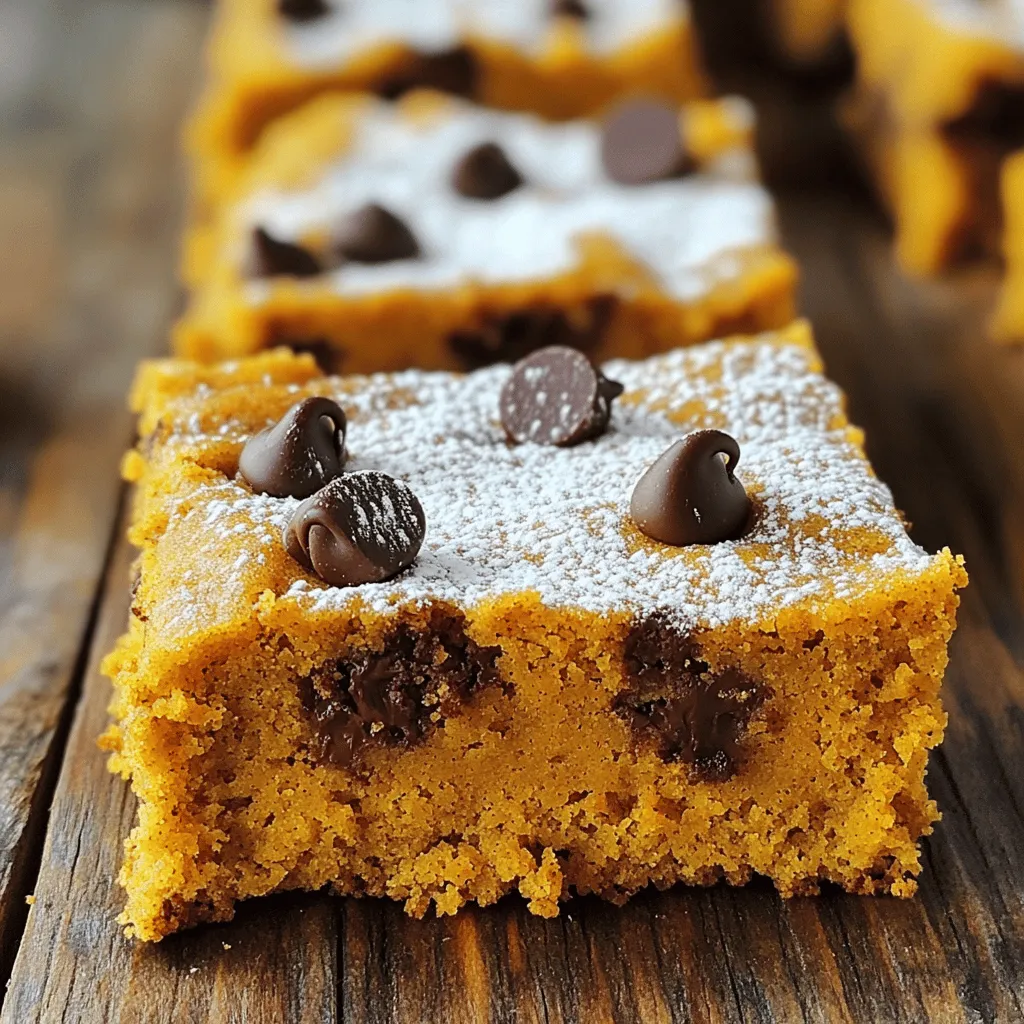 To make delicious pumpkin bars with cake mix, you need a few key ingredients. Here’s what you will need: - 1 box of spice cake mix - 1 cup canned pumpkin puree - 1/2 cup vegetable oil - 3 large eggs - 1 teaspoon vanilla extract - 1 teaspoon pumpkin pie spice - 1/2 teaspoon cinnamon - 1 cup chocolate chips (optional) - Powdered sugar for dusting (optional) Each of these ingredients plays a crucial role. The spice cake mix provides a rich base. The canned pumpkin puree adds moisture and flavor. Vegetable oil keeps the bars soft. Eggs help bind everything together. Vanilla extract brings a sweet aroma. Pumpkin pie spice and cinnamon give that warm, cozy taste we all love. You can add chocolate chips for extra sweetness, but it is optional. Lastly, dusting with powdered sugar gives a nice touch. Gather all your ingredients before you start. This way, you’ll have everything ready to go! Start by preheating your oven to 350°F (175°C). This step is key for even baking. Next, take a 9x13 inch baking pan and grease it. You can use cooking spray or a little oil. This keeps the bars from sticking. In a large mixing bowl, combine the spice cake mix, canned pumpkin puree, and vegetable oil. Crack in three large eggs and add a teaspoon of vanilla extract. Mix these well until smooth. The batter will be thick and creamy. Next, add a teaspoon of pumpkin pie spice and a half teaspoon of cinnamon. Stir until everything blends together. If you want extra sweetness, fold in one cup of chocolate chips. Pour the batter into your greased pan and spread it evenly. Bake for 25-30 minutes. Check if they are done by inserting a toothpick in the center. If it comes out clean, they are ready. After baking, take the pan out of the oven. Let it cool for about 10 minutes. Then, move the bars to a wire rack to cool completely. Once cool, cut them into bars. If you like, dust them with powdered sugar for a pretty finish. Enjoy your delicious pumpkin bars! For the best texture in your pumpkin bars, use a thick canned pumpkin puree. This helps keep the bars moist but not too wet. I suggest mixing the batter well, but not overmixing. Overmixing can make your bars tough. Bake until a toothpick comes out clean, usually 25 to 30 minutes. Let them cool in the pan for at least 10 minutes before moving them. This step helps them hold their shape. To boost the flavor, add more spices if you like. Try adding extra cinnamon or nutmeg. You can also mix in some chopped nuts for a nice crunch. If you want a sweet touch, fold in chocolate chips. They melt slightly and add a rich flavor to the bars. Using high-quality vanilla extract can also enhance the taste. When serving your pumpkin bars, cut them into neat squares for a clean look. You can dust them with powdered sugar for a pretty finish. Serve on a colorful plate to make them pop. For a fun twist, top each bar with a dollop of whipped cream or a scoop of vanilla ice cream. This adds a nice contrast to the spice and pumpkin flavors. {{image_2}} If you want to make these pumpkin bars gluten-free, you can swap the spice cake mix. Look for a gluten-free cake mix at your store. It should work just as well. You may also use almond flour or coconut flour. Both give great flavor and texture. Be sure to check the labels for any hidden gluten. You can change some ingredients based on what you have. For example, you can use olive oil instead of vegetable oil. This adds a nice flavor. If you don’t have pumpkin pie spice, mix equal parts cinnamon, nutmeg, and ginger. If you want to skip the eggs, try using applesauce. Use 1/4 cup of applesauce for each egg. This keeps the bars moist and tasty. To make your pumpkin bars extra special, add seasonal flavors. You might mix in some chopped nuts, like pecans or walnuts. You can also add dried cranberries for a sweet and tart touch. Experiment with a splash of maple syrup for a rich flavor. Don't forget to sprinkle some extra cinnamon on top for a cozy finish. These little twists can make each bite even more delightful! To keep your pumpkin bars fresh, store them in an airtight container. Place a layer of parchment paper between the bars to prevent sticking. You can also cover the container with plastic wrap. This helps keep the bars moist and tasty. You can freeze pumpkin bars for later. First, let them cool completely. Cut them into individual bars. Wrap each bar in plastic wrap, then place them in a freezer bag. Remove as much air as possible. They will stay fresh in the freezer for up to three months. When stored in the fridge, these pumpkin bars last about five days. If you freeze them, they can last up to three months. Just remember, the sooner you eat them, the better they taste! Yes, you can make these pumpkin bars vegan. Simply swap the eggs for a plant-based option. Use 1/4 cup of unsweetened applesauce for each egg. You can also use flaxseed meal. Mix 1 tablespoon of flaxseed meal with 2.5 tablespoons of water. Let it sit for a few minutes until it thickens. This will help bind your bars just like eggs. You have several great options to replace eggs in this recipe. Here are a few: - 1/4 cup of unsweetened applesauce - 1 tablespoon of flaxseed meal mixed with 2.5 tablespoons of water - 1/4 cup of silken tofu, blended - 1/4 cup of mashed banana Each of these options works well and keeps the bars moist. You can check if the pumpkin bars are done by using a toothpick. Insert it into the center of the bars. If it comes out clean or with a few crumbs, they are done. If you see wet batter, they need more time. Bake them for 25-30 minutes, and keep an eye on them towards the end. Let them cool for a bit before cutting. You learned how to make tasty pumpkin bars using simple ingredients and steps. We covered soft textures, flavor tips, and fun ways to serve. Don’t forget about storage to keep them fresh. Try different variations to suit your taste or dietary needs. These pumpkin bars are sure to impress. Now, gather your ingredients, follow the steps, and enjoy your delicious treat!