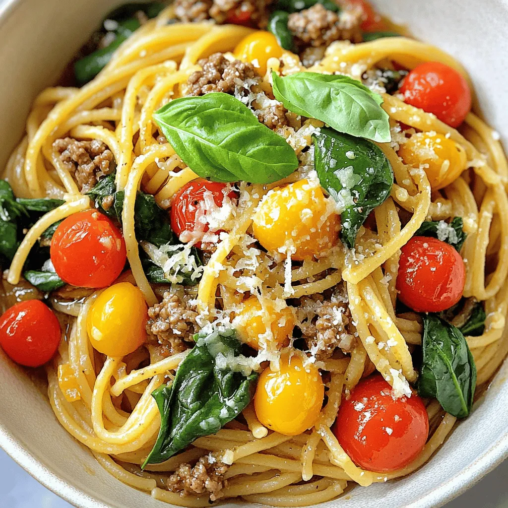 - 8 oz whole wheat pasta (spaghetti or penne) - 1 lb lean ground beef - 1 cup cherry tomatoes, halved - 1 cup spinach, roughly chopped - 2 tablespoons olive oil - 2 cloves garlic, minced - 1 teaspoon Italian seasoning - 1/4 cup grated Parmesan cheese - 1/2 cup low-sodium beef broth - Fresh basil leaves - Extra Parmesan cheese This dish uses whole wheat pasta, which adds fiber. Lean ground beef packs in protein, while cherry tomatoes bring sweetness. Spinach adds color and nutrients. The olive oil and garlic create a great base for flavor. Italian seasoning gives it a warm, herby touch. The beef broth keeps everything moist. Finally, Parmesan cheese ties it all together with a salty kick. You can top it off with fresh basil or more Parmesan for extra flavor. This meal is not just quick; it’s also colorful and healthy. Enjoy the vibrant mix of flavors and textures! - Boil salted water in a large pot. - Add 8 oz of whole wheat pasta. - Cook until al dente, about 8-10 minutes. - Drain the pasta and reserve 1/2 cup of pasta water. - Heat 2 tablespoons of olive oil in a skillet. - Add 2 minced garlic cloves and sauté until fragrant. - Add 1 lb of lean ground beef and crumble it. - Cook until browned, about 5-7 minutes. - Stir in 1 cup of halved cherry tomatoes and 1 teaspoon of Italian seasoning. - Cook for 3-4 minutes until tomatoes soften. - Pour in 1/2 cup of low-sodium beef broth and stir. - Add the cooked pasta and 1 cup of roughly chopped spinach. - Toss everything together, using reserved pasta water to create a light sauce. - Avoid overcooking the beef: Cook the beef until it is just browned. This keeps it juicy and tender. If you overcook it, the beef can become tough and dry. Check it often while cooking. - How to achieve a creamy sauce: Reserve some pasta water before draining. This water adds starch and helps the sauce cling to the pasta. Stir in the Parmesan cheese after mixing the pasta, beef, and sauce. It creates a smooth and creamy finish. - Multi-tasking tips for efficiency: Start boiling the water for the pasta as you brown the beef. This saves time. While the beef cooks, chop the spinach and tomatoes, so everything is ready to go. - Importance of pasta water for sauce texture: The pasta water is key. It helps thicken the sauce without making it heavy. Add a little at a time until you get your desired consistency. It makes a big difference! - Accompaniments and side dishes: Serve your beef pasta with a simple salad or garlic bread. A side of steamed veggies also works well. These add color and nutrition to your meal. - Meal prep ideas for busy nights: This dish is great for meal prep. Cook a large batch and store it in containers. You can easily reheat it for lunch or dinner. Add fresh herbs before serving to brighten the flavors. {{image_2}} You can easily change up the proteins in this dish. Try chicken, turkey, or even plant-based options like lentils or chickpeas. Each choice brings a new taste and texture. You can also switch the pasta. Whole wheat spaghetti or penne works great, but feel free to use gluten-free or chickpea pasta for a twist. Adding vegetables can really boost flavor. Bell peppers, zucchini, or mushrooms add color and nutrients. You can also spice it up! Red pepper flakes add heat, while fresh herbs like parsley or thyme bring freshness. Experiment with your favorite flavors to make this dish your own. For those avoiding gluten, use gluten-free pasta. There are many great brands available today. If you want a low-carb meal, try spiralized veggies like zucchini or spaghetti squash instead of pasta. These options keep your dish tasty and healthy while fitting your dietary needs. To store leftovers, let the pasta cool to room temperature. Place it in an airtight container. This helps lock in flavor and moisture. You can keep it in the fridge for up to three days for best quality. If you want to freeze the dish, let it cool completely first. Transfer the pasta to a freezer-safe container. It can stay in the freezer for about three months. To thaw, move it to the fridge overnight. For quick thawing, you can use the microwave on low power. When reheating, add a splash of water or broth to keep it moist. For best practices when reheating, use a skillet over medium heat. Stir often to ensure even heating. You can also use the microwave. Add a little extra broth to keep the dish fresh and flavorful. Always check the temperature to make sure it is hot throughout before serving. This dish is quick! You need about 10 minutes to prep and 20 minutes to cook. In total, it takes about 30 minutes to get this tasty meal on the table. Yes, you can! This beef pasta keeps well. You can make it ahead and store it in the fridge for up to three days. Just heat it on the stove or in the microwave before serving. Consider prepping the ingredients, like chopping tomatoes and spinach, the night before. This saves time on busy days. Feel free to get creative! You can swap lean ground beef for ground turkey or chicken. If you want a vegetarian option, try using lentils or chickpeas instead. You can also mix in other veggies, like bell peppers or zucchini. Using different pasta shapes can change the dish too. Try penne, fusilli, or even gluten-free pasta if you need it. This blog post covered a quick and healthy recipe for Minute Protein Beef Pasta. You learned about key ingredients like whole wheat pasta and lean ground beef. The step-by-step instructions guide you from cooking the pasta to combining flavors with fresh veggies and seasonings. We shared tips for meal prep and variations to fit your diet. Remember, cooking can be simple and fun. With these ideas, you can make a tasty meal in no time. Enjoy experimenting and finding your favorite version!
