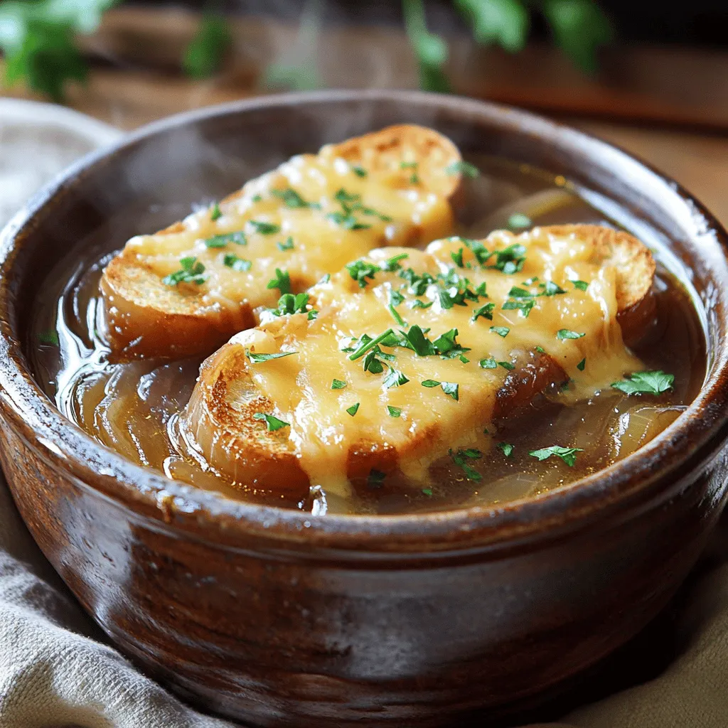 - 4 large yellow onions - 4 cloves garlic - 4 cups beef or vegetable broth To make a great French onion soup, you need fresh ingredients. Start with four large yellow onions. Slice them thinly for even cooking. Then, grab four cloves of garlic and mince them finely. Garlic adds depth and richness to the flavor profile. Finally, choose either beef broth or vegetable broth, depending on your taste. Each gives a unique taste to the soup. - 1 teaspoon dried thyme - 1 tablespoon balsamic vinegar - Salt and pepper to taste Enhancing the soup's flavor is key. Use one teaspoon of dried thyme. This herb brings a warm, earthy flavor. Add one tablespoon of balsamic vinegar for a hint of sweetness. Lastly, season with salt and pepper to your liking. Taste as you go to find the right balance. - 8 slices of crusty baguette - 1 cup shredded Gruyère cheese - Fresh parsley for garnish The toast adds a delightful crunch. You’ll need eight slices of a crusty baguette. Choose one that’s fresh and firm. Then, grab one cup of shredded Gruyère cheese. This cheese melts beautifully and has a nutty flavor. For garnish, use fresh parsley. It adds color and a fresh taste to your dish. - First, heat 2 tablespoons of olive oil in a large skillet over medium heat. - Next, add 4 large yellow onions, thinly sliced. - Cook the onions for about 15-20 minutes. Stir them often until they turn soft and caramelized. - This step is key. The caramelization brings out the natural sweetness of the onions. - When the onions are golden, add 4 minced cloves of garlic. - Cook for one more minute. This adds a lovely aroma. - Now, transfer the onions and garlic to your slow cooker. - In the slow cooker, pour in 4 cups of beef broth. - Add 1 teaspoon of dried thyme and 1 tablespoon of balsamic vinegar. - Season with salt and pepper to taste. - Mix everything well to combine all the flavors. - Cover the slow cooker and set it to low. - Let it cook for 6-8 hours. This slow cooking time helps the flavors deepen and thicken. - The longer it cooks, the better it will taste! - About 30 minutes before serving, preheat your oven to 350°F (175°C). - Take 8 slices of crusty baguette and arrange them on a baking sheet. - Sprinkle 1 cup of shredded Gruyère cheese over the bread. - Bake until golden and bubbly, about 10-12 minutes. - Once the soup is ready, taste it. Adjust seasoning if needed. - Serve the soup hot, with the cheesy baguette on top. - For a finishing touch, add fresh chopped parsley as a garnish. To get the best flavor in your soup, caramelization is key. Cook the onions for about 15-20 minutes on medium heat. Stir them often. This helps them cook evenly and brown nicely. The more you stir, the better they caramelize. If you skip this step, the soup will miss its rich flavor. After the soup is cooked, taste it. You may need to adjust the flavor. Add more salt, pepper, or herbs if needed. Dried thyme adds a nice touch, but feel free to play with flavors. Try adding a pinch of nutmeg or a dash of cayenne for warmth. These small changes can make a big difference. Presentation is important, even for soup. Use rustic bowls to serve your French onion soup. Top it with the cheesy baguette and sprinkle fresh parsley on top. This adds color and freshness to your dish. You can also use a broiler to make the cheese bubbly and golden. This extra step makes the soup look even more inviting. {{image_2}} You can easily make this soup vegetarian. Simply swap the beef broth for vegetable broth. This change keeps all the flavors while making it lighter. You can also add extra vegetables. Try carrots, celery, or even mushrooms. Adding these boosts nutrition and taste. Gruyère cheese is rich and creamy, but other cheeses work too. Consider using Swiss, fontina, or even mozzarella. If you need a dairy-free option, try vegan cheese. Just check if your substitute melts well. Adjust your cheese choice based on any dietary needs you have. For a twist, add a splash of white wine or sherry. This adds depth and warmth to the soup. You can also explore different vinegars. Try apple cider or red wine vinegar for a new flavor. If you want a richer taste, toss in cooked bacon. This adds a savory note that complements the sweet onions. To keep your soup fresh, store it in an airtight container. Glass containers work well for soups. They keep flavors intact and are easy to clean. If you want to freeze the soup, use freezer-safe containers. Leave some space at the top for expansion. When you’re ready to enjoy the soup again, reheat it on the stove. Heat it over medium-low heat, stirring often. This keeps it from sticking. For the Gruyère toasts, pop them back in the oven. Bake them at 350°F until they are crispy again, about 5 minutes. In the fridge, your soup lasts for about 3 to 4 days. Make sure to check for any off smells before eating. If you freeze it, the soup can last for up to 3 months. However, the texture may change slightly after thawing. Enjoy it while it’s still tasty! Yes, you can. You can use a pot on the stove or the oven. For the stove, caramelize the onions in a large pot. Then, add the broth and seasonings. Let it simmer for about 30-40 minutes. If you use the oven, place all ingredients in a Dutch oven. Cover it and bake at 300°F (150°C) for about 2 hours. If you don't have Gruyère, try Swiss or Emmental cheese. Both have a nutty flavor that works well. You can also use provolone for a milder taste. Mozzarella gives a nice melt but lacks depth. Each cheese brings its own twist to the soup. To make this soup gluten-free, choose gluten-free broth. Many brands offer good options. For the bread, use gluten-free baguettes. Look for ones made from rice or almond flour. They work well in this dish and will still taste great. Absolutely! You can prepare the soup a day in advance. Just store it in the fridge after cooking. When ready to serve, reheat it gently on the stove. For the toasts, make them fresh for best results. You can assemble them and bake right before serving. In this post, we explored how to make a tasty Slow Cooker French Onion Soup. We discussed the key ingredients, like onions, broth, and Gruyère cheese, and I shared step-by-step instructions for a perfect finish. You learned ways to adjust flavors and even variations for dietary needs. With these tips, you'll create a delicious soup that warms the soul. Remember, storing leftovers properly helps maintain flavor. Enjoy each bowl, and share this recipe with friends!