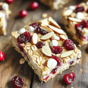 To make these delicious bars, you need a few key items: - 2 cups rolled oats - 1 cup almond butter (or any nut/seed butter) - 1/2 cup honey or maple syrup These three ingredients form the base of your bars. The rolled oats provide a hearty texture. Almond butter adds creaminess, while honey or maple syrup brings sweetness. Next, let’s add some fun flavors: - 1 cup dried cranberries - 1 cup white chocolate chips - 1/2 cup sliced almonds (or any nuts of choice) Dried cranberries add a tangy kick. White chocolate chips melt in your mouth, and sliced almonds give a nice crunch. You can swap nuts based on what you like. Finally, we enhance our bars with: - 1 teaspoon vanilla extract - Pinch of salt Vanilla extract adds warmth and depth. A pinch of salt balances the sweetness. These small additions make a big difference in flavor and help everything taste great. First, grab a large mixing bowl. Add 2 cups of rolled oats. Then, scoop in 1 cup of almond butter. You can also use any nut or seed butter you like. Next, drizzle in 1/2 cup of honey or maple syrup. Mix everything together until it looks smooth and well combined. This step creates a strong base for your bars. Now it’s time to make these bars special. Add 1 cup of dried cranberries to the mixture. Then, toss in 1 cup of white chocolate chips. I love the creamy sweetness they add. Next, sprinkle in 1/2 cup of sliced almonds for some crunch. Don’t forget to add 1 teaspoon of vanilla extract and a pinch of salt. Stir until all the ingredients are well mixed and evenly distributed. Next, get your 9x9 inch square baking dish. Line it with parchment paper, leaving some paper hanging over the sides. This helps you lift the bars out later. Transfer the oat mixture into the dish. Press it down firmly with a spatula or your hands. Make sure it’s packed tightly and smooth on top. After that, place the dish in the fridge for at least 2 hours. This helps the bars set and become firm. Enjoy the wait! To get the best texture in your bars, press firmly. This step packs the mixture tightly. It keeps the bars from falling apart. If you don’t press enough, they may crumble. Use the back of a spatula or your hands. Make sure to smooth the top. Even distribution of ingredients is also key. Mix everything well before pressing it into the dish. This ensures you get a bite of all flavors. Use a big bowl for mixing. This gives you room to stir without spilling. These bars pair well with many drinks. Try serving them with milk or almond milk. They also taste great with a cup of tea. You can top them with yogurt or fresh fruit. A drizzle of honey adds a nice touch too. Feel free to get creative with your toppings! If your bars are too crumbly, start by checking your mixing. Ensure you mixed the wet and dry ingredients well. If they still crumble, try adding a bit more nut butter. This helps bind everything together. If the bars are too firm, that can happen too. You may have pressed too hard. To fix this, try warming them slightly. You can microwave them for a few seconds. This softens the texture without losing flavor. {{image_2}} You can make this recipe fit many needs. If you need a nut-free option, use sunflower seed butter. It works great and tastes good. For those who avoid gluten, choose certified gluten-free oats. They mix well with the other ingredients and keep the bars tasty. You can change the flavor by using different dried fruits or nuts. Try raisins, apricots, or walnuts for a fun twist. Adding spices like cinnamon or nutmeg can also make your bars unique. A little spice can add warmth and depth to each bite. If white chocolate isn’t your thing, you can use dark or milk chocolate instead. Dark chocolate can give a richer taste, while milk chocolate adds sweetness. Experiment to find your favorite chocolate choice for these bars. To keep your no-bake white chocolate cranberry oat bars fresh, use an airtight container. This helps keep moisture out and flavor in. You can store them at room temperature for a few days. But for the best taste, keep them in the refrigerator. In the fridge, these bars last for up to a week. If you want to save these bars for later, you can freeze them. First, wrap the bars tightly in plastic wrap. Then, place them in a freezer-safe bag. They can stay in the freezer for about three months. When you're ready to eat, let them thaw in the fridge overnight. This keeps their taste and texture just right. Storing cut bars makes it easy to grab a snack. However, cut bars may dry out faster. If you store them uncut, they often stay fresher longer. Just cut them when you're ready to serve. This way, you enjoy the best flavor and texture. Yes, you can make these bars vegan. Instead of honey, use maple syrup. Maple syrup gives the bars a nice sweetness. It blends well with the oats and nut butter. You can also use agave syrup as a good option. Both substitutes work great and keep the bars plant-based. The bars can last about one week in the fridge. Store them in an airtight container to keep them fresh. If you leave them at room temperature, they last only a few days. For longer storage, you can freeze them. Just wrap each bar well before freezing. They will stay good for up to three months. Yes, using different types of chocolate can change the flavor and texture. Dark chocolate adds a rich taste. Milk chocolate brings a creamier texture. You can also use chocolate chips or chunks. Just keep in mind that each type of chocolate will change the final taste of your bars. Choose what you love most! In this post, we explored how to make delicious oat bars with simple ingredients. We discussed the main components like rolled oats, almond butter, and honey. Then, we added fun mix-ins such as dried cranberries and chocolate chips. I shared tips for the best texture and creative variations to fit your needs. Remember, these tasty bars are easy to store and last a while. Enjoy experimenting with flavors and making your own versions. These oat bars can be a quick snack or a sweet treat for any time!