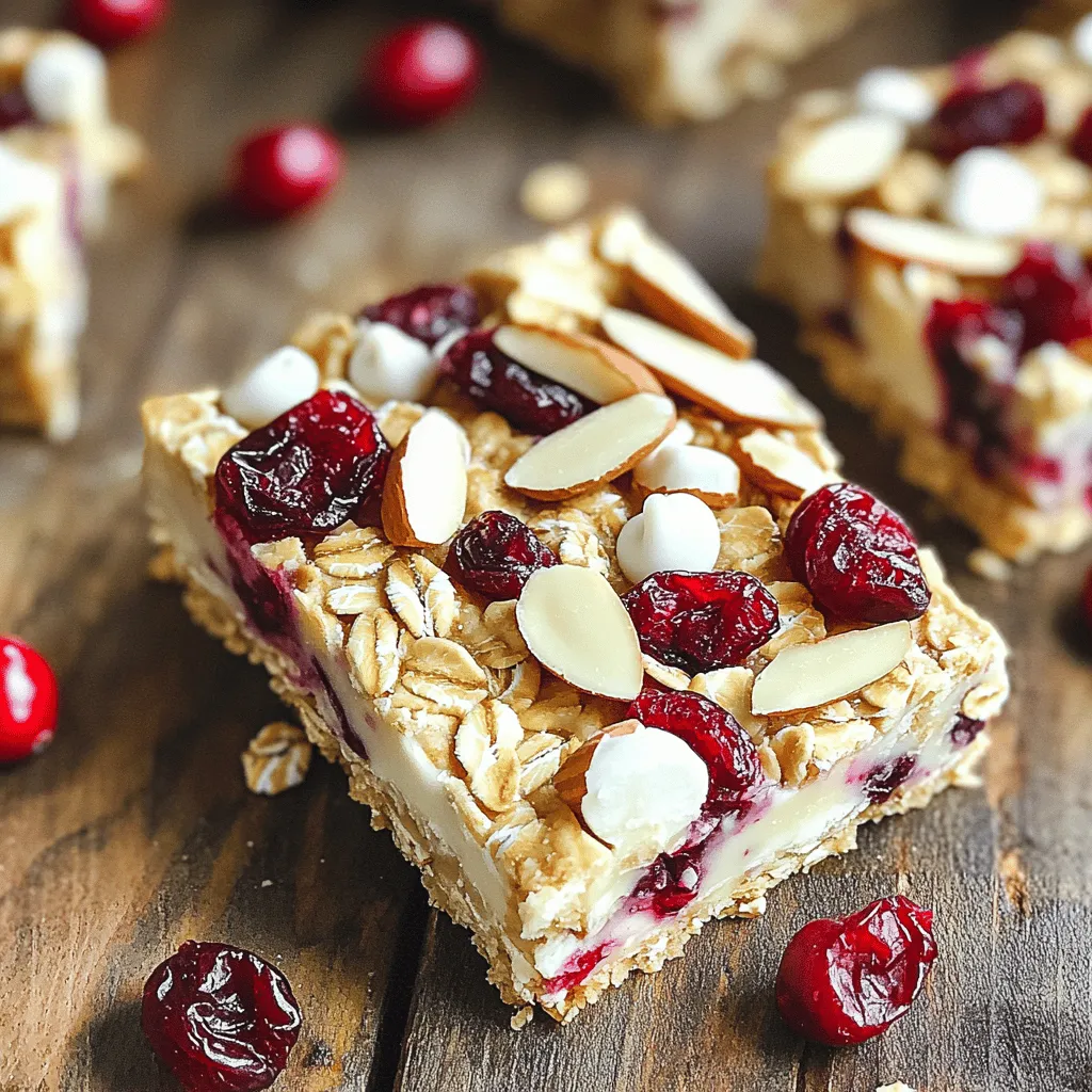 To make these delicious bars, you need a few key items: - 2 cups rolled oats - 1 cup almond butter (or any nut/seed butter) - 1/2 cup honey or maple syrup These three ingredients form the base of your bars. The rolled oats provide a hearty texture. Almond butter adds creaminess, while honey or maple syrup brings sweetness. Next, let’s add some fun flavors: - 1 cup dried cranberries - 1 cup white chocolate chips - 1/2 cup sliced almonds (or any nuts of choice) Dried cranberries add a tangy kick. White chocolate chips melt in your mouth, and sliced almonds give a nice crunch. You can swap nuts based on what you like. Finally, we enhance our bars with: - 1 teaspoon vanilla extract - Pinch of salt Vanilla extract adds warmth and depth. A pinch of salt balances the sweetness. These small additions make a big difference in flavor and help everything taste great. First, grab a large mixing bowl. Add 2 cups of rolled oats. Then, scoop in 1 cup of almond butter. You can also use any nut or seed butter you like. Next, drizzle in 1/2 cup of honey or maple syrup. Mix everything together until it looks smooth and well combined. This step creates a strong base for your bars. Now it’s time to make these bars special. Add 1 cup of dried cranberries to the mixture. Then, toss in 1 cup of white chocolate chips. I love the creamy sweetness they add. Next, sprinkle in 1/2 cup of sliced almonds for some crunch. Don’t forget to add 1 teaspoon of vanilla extract and a pinch of salt. Stir until all the ingredients are well mixed and evenly distributed. Next, get your 9x9 inch square baking dish. Line it with parchment paper, leaving some paper hanging over the sides. This helps you lift the bars out later. Transfer the oat mixture into the dish. Press it down firmly with a spatula or your hands. Make sure it’s packed tightly and smooth on top. After that, place the dish in the fridge for at least 2 hours. This helps the bars set and become firm. Enjoy the wait! To get the best texture in your bars, press firmly. This step packs the mixture tightly. It keeps the bars from falling apart. If you don’t press enough, they may crumble. Use the back of a spatula or your hands. Make sure to smooth the top. Even distribution of ingredients is also key. Mix everything well before pressing it into the dish. This ensures you get a bite of all flavors. Use a big bowl for mixing. This gives you room to stir without spilling. These bars pair well with many drinks. Try serving them with milk or almond milk. They also taste great with a cup of tea. You can top them with yogurt or fresh fruit. A drizzle of honey adds a nice touch too. Feel free to get creative with your toppings! If your bars are too crumbly, start by checking your mixing. Ensure you mixed the wet and dry ingredients well. If they still crumble, try adding a bit more nut butter. This helps bind everything together. If the bars are too firm, that can happen too. You may have pressed too hard. To fix this, try warming them slightly. You can microwave them for a few seconds. This softens the texture without losing flavor. {{image_2}} You can make this recipe fit many needs. If you need a nut-free option, use sunflower seed butter. It works great and tastes good. For those who avoid gluten, choose certified gluten-free oats. They mix well with the other ingredients and keep the bars tasty. You can change the flavor by using different dried fruits or nuts. Try raisins, apricots, or walnuts for a fun twist. Adding spices like cinnamon or nutmeg can also make your bars unique. A little spice can add warmth and depth to each bite. If white chocolate isn’t your thing, you can use dark or milk chocolate instead. Dark chocolate can give a richer taste, while milk chocolate adds sweetness. Experiment to find your favorite chocolate choice for these bars. To keep your no-bake white chocolate cranberry oat bars fresh, use an airtight container. This helps keep moisture out and flavor in. You can store them at room temperature for a few days. But for the best taste, keep them in the refrigerator. In the fridge, these bars last for up to a week. If you want to save these bars for later, you can freeze them. First, wrap the bars tightly in plastic wrap. Then, place them in a freezer-safe bag. They can stay in the freezer for about three months. When you're ready to eat, let them thaw in the fridge overnight. This keeps their taste and texture just right. Storing cut bars makes it easy to grab a snack. However, cut bars may dry out faster. If you store them uncut, they often stay fresher longer. Just cut them when you're ready to serve. This way, you enjoy the best flavor and texture. Yes, you can make these bars vegan. Instead of honey, use maple syrup. Maple syrup gives the bars a nice sweetness. It blends well with the oats and nut butter. You can also use agave syrup as a good option. Both substitutes work great and keep the bars plant-based. The bars can last about one week in the fridge. Store them in an airtight container to keep them fresh. If you leave them at room temperature, they last only a few days. For longer storage, you can freeze them. Just wrap each bar well before freezing. They will stay good for up to three months. Yes, using different types of chocolate can change the flavor and texture. Dark chocolate adds a rich taste. Milk chocolate brings a creamier texture. You can also use chocolate chips or chunks. Just keep in mind that each type of chocolate will change the final taste of your bars. Choose what you love most! In this post, we explored how to make delicious oat bars with simple ingredients. We discussed the main components like rolled oats, almond butter, and honey. Then, we added fun mix-ins such as dried cranberries and chocolate chips. I shared tips for the best texture and creative variations to fit your needs. Remember, these tasty bars are easy to store and last a while. Enjoy experimenting with flavors and making your own versions. These oat bars can be a quick snack or a sweet treat for any time!