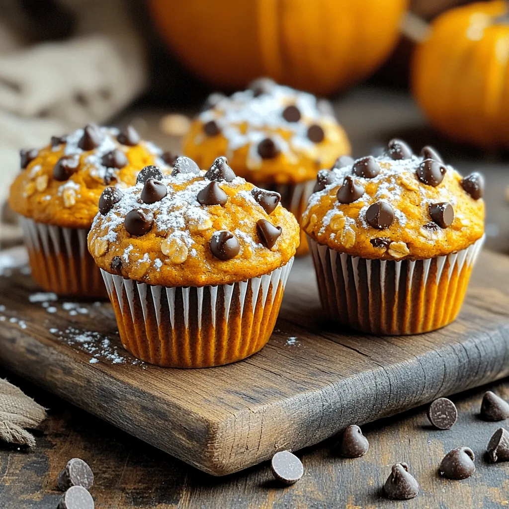To make the best pumpkin chocolate chip oatmeal muffins, you need some key ingredients: - 1 cup rolled oats - 1 cup pumpkin puree (canned or homemade) - 1/2 cup brown sugar - 1/4 cup honey or maple syrup - 1/4 cup vegetable oil or melted coconut oil - 1 large egg - 1 teaspoon vanilla extract - 1 teaspoon baking powder - 1/2 teaspoon baking soda - 1 teaspoon ground cinnamon - 1/2 teaspoon ground nutmeg - 1/4 teaspoon salt - 1/2 cup semi-sweet chocolate chips These ingredients give the muffins their moist texture and sweet flavor. You can add extra flavor or texture with optional ingredients. Here are a few: - 1/4 cup chopped walnuts - Extra spices like ginger or cloves Adding walnuts gives a nice crunch. More spices can enhance the warm flavors. Sometimes, you may not have all the ingredients on hand. Here are some easy swaps: - Swap brown sugar for coconut sugar for a lower glycemic option. - Use applesauce instead of oil to reduce fat. - Replace the egg with a flax egg for a vegan version. These substitutions can change the texture and flavor slightly, but they work well. Enjoy experimenting to find your perfect muffin! Start by preheating your oven to 350°F (175°C). This helps bake the muffins evenly. While the oven heats, line your muffin tin with paper liners. You can also lightly grease the tin instead. This step makes it easy to remove the muffins later. In a large bowl, combine 1 cup of rolled oats and 1 cup of pumpkin puree. Add 1/2 cup of brown sugar, 1/4 cup of honey or maple syrup, and 1/4 cup of vegetable oil. Crack in 1 large egg and pour in 1 teaspoon of vanilla extract. Mix everything until smooth and well combined. This mixture will be moist and fragrant. In a separate bowl, whisk together dry ingredients. You need 1 teaspoon of baking powder, 1/2 teaspoon of baking soda, 1 teaspoon of ground cinnamon, 1/2 teaspoon of ground nutmeg, and 1/4 teaspoon of salt. Whisking helps air get in, which creates lighter muffins. Gradually add the dry mixture to the wet bowl. Stir until just mixed. Be careful not to overmix, or the muffins may turn tough. Gently fold in 1/2 cup of semi-sweet chocolate chips and, if you like, 1/4 cup of chopped walnuts. Divide the batter into the prepared muffin cups, filling each about two-thirds full. Bake for 18-22 minutes. Use a toothpick to check for doneness. If it comes out clean, the muffins are ready. After baking, let the muffins cool in the pan for about 5 minutes. Then, transfer them to a wire rack to cool completely. For a lovely touch, serve them on a rustic wooden board. A light dusting of powdered sugar on top adds a sweet finish. Enjoy them warm for the best taste! To get soft and fluffy muffins, pay attention to mixing. Combine wet and dry ingredients gently. Over-mixing can lead to tough muffins. Aim for a lumpy batter; it’s okay if you see some flour. Bake until a toothpick comes out clean. This ensures the muffins stay moist and soft. Accurate measuring is key for great muffins. Use dry measuring cups for oats and flour. For sticky items like honey, use a liquid measuring cup. Always level off the top of the cup with a knife. This avoids using too much or too little of an ingredient. Remember, baking is a science, and precision matters. Spices can take your muffins to the next level. Besides cinnamon and nutmeg, try adding ginger or allspice. A pinch of ground cloves adds warmth too. You can also mix in a splash of vanilla extract for extra depth. These little tweaks can make your muffins stand out, giving them a cozy and inviting flavor. {{image_2}} To make these muffins gluten-free, swap regular oats for certified gluten-free oats. This simple change keeps the texture intact while making the muffins safe for those with gluten sensitivities. You can also use almond flour or coconut flour instead of all-purpose flour. These options add unique flavors and keep the muffins moist. To create vegan pumpkin chocolate chip oatmeal muffins, replace the egg with a flax egg. Mix one tablespoon of flaxseed meal with three tablespoons of water and let it sit for five minutes. For the oil, use melted coconut oil or applesauce for moisture. Replace honey with maple syrup for a fully plant-based sweetener. These swaps keep the muffins light and fluffy. You can add cranberries for a tart twist in these muffins. They pair well with the sweetness of pumpkin and chocolate. Chopped pecans also work great. They add a nice crunch and earthy flavor. Feel free to use your favorite nuts or dried fruits. These seasonal add-ins bring variety and fun to your baking. You can store the muffins at room temperature. Use an airtight container to keep them fresh. They stay good for about three days. Place a paper towel inside the container to absorb moisture. This helps keep the muffins soft. To freeze your muffins, first let them cool completely. Wrap each muffin in plastic wrap. Then, place them in a freezer bag. They can last up to three months in the freezer. When you want one, just take it out and let it thaw at room temperature. Reheat muffins for the best taste. You can use the microwave or oven. If you use a microwave, heat for about 10-15 seconds. If you prefer the oven, preheat it to 350°F. Bake for about 5-7 minutes. This makes them warm and soft again. Enjoy your muffins fresh! You can keep the muffins fresh for about 3-5 days. Store them in an airtight container at room temperature. If you want them to last longer, freeze them. They can stay good for about 3 months in the freezer. Just let them thaw before you eat them. Yes, you can use fresh pumpkin! Just make sure to cook and puree it first. This will give your muffins a fresh taste. However, canned pumpkin is usually easier and saves time. You can use white sugar as a substitute. You can also mix white sugar with a bit of molasses to mimic brown sugar. This will give a similar taste and color. You could also try coconut sugar for a healthier option. Yes, feel free to get creative! You can use dark chocolate, white chocolate, or even peanut butter chips. If you like nuts, walnuts or pecans work great. Just make sure to chop them up a bit. Check the muffins with a toothpick. Insert it in the center of a muffin. If it comes out clean, they are done. If there’s batter on the toothpick, give them a few more minutes. They should be golden brown on top when ready. Pumpkin chocolate chip oatmeal muffins are easy and fun to make. We covered key ingredients, step-by-step instructions, and helpful tips to get perfect muffins every time. You can even try different variations to suit your taste. Whether you want a vegan option or need storage tips, there’s a solution for you. Experiment, enjoy each bite, and share with friends and family. Happy baking!