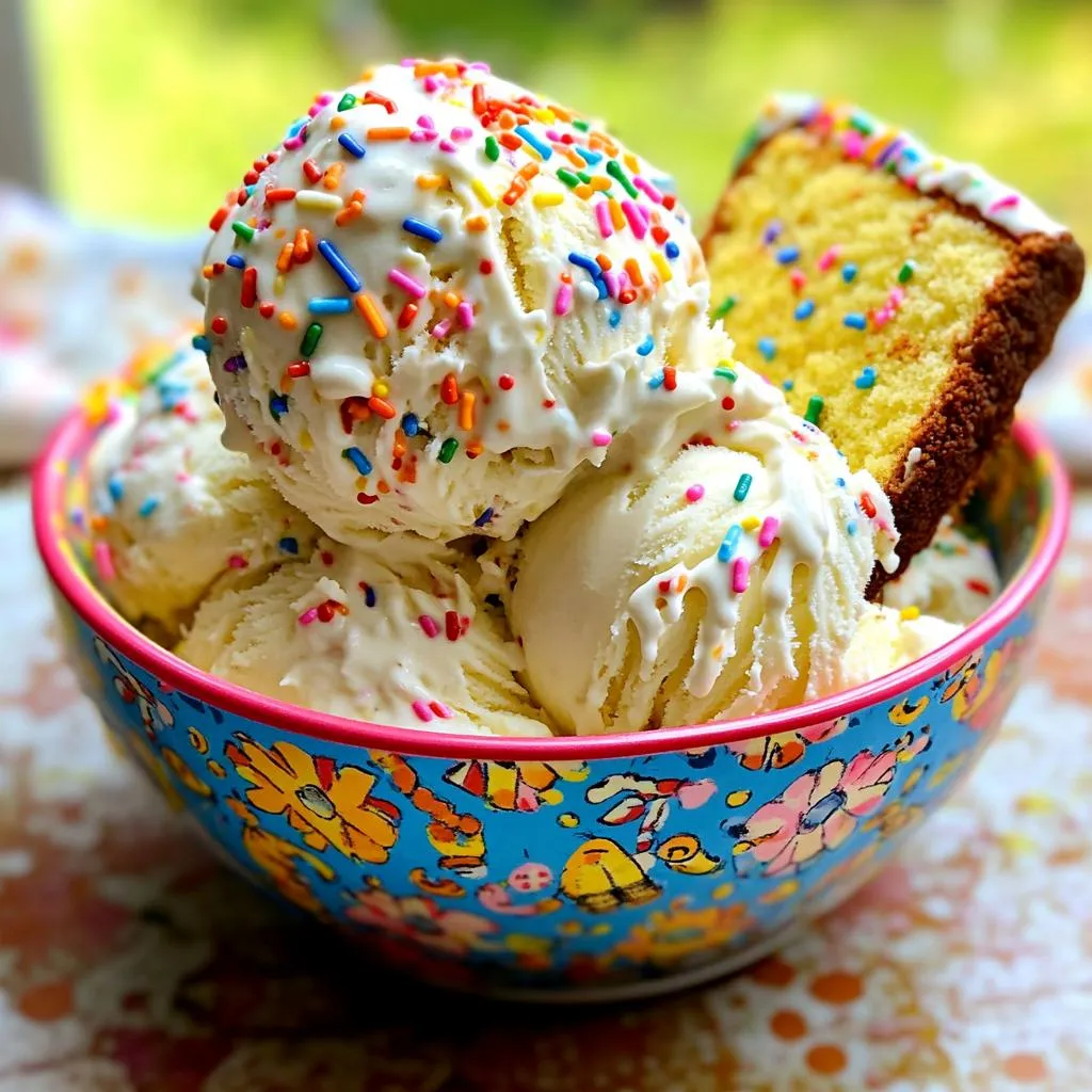 - 2 cups heavy whipping cream - 1 can (14 oz) sweetened condensed milk - 1 teaspoon vanilla extract - 1 cup crumbled birthday cake (store-bought or homemade) - 1/2 cup rainbow sprinkles - Pinch of salt You can swap heavy cream with coconut cream for a lighter version. Try using flavored cake for a fun twist. Swap rainbow sprinkles with chocolate chips or nuts if you prefer. Using fresh heavy cream gives the best volume. Sweetened condensed milk adds sweetness and creaminess. Ensure your cake is moist for the best texture. A pinch of salt enhances all the flavors. 1. Start with a large bowl. 2. Pour in 2 cups of heavy whipping cream. 3. Use an electric mixer to beat the cream. 4. Beat it for 3-5 minutes until stiff peaks form. 5. In another bowl, add one can of sweetened condensed milk. 6. Add 1 teaspoon of vanilla extract and a pinch of salt. 7. Mix these ingredients well until smooth. 8. Gently fold the whipped cream into the milk mixture. 9. Do this in batches to keep it fluffy. 10. Once combined, add 1 cup of crumbled birthday cake. 11. Fold in 1/2 cup of rainbow sprinkles. 12. Make sure to mix gently. 13. Transfer the mixture to an 8x8 inch dish or loaf pan. 14. Smooth the top with a spatula. 15. Cover with plastic wrap. 16. Freeze for at least 6 hours until fully frozen. - Use cold heavy cream for better whipping. - Avoid overmixing to keep the ice cream light. - Make sure the dish is airtight to prevent ice crystals. - For a creamier texture, let it sit at room temp for 5-10 minutes before serving. - Scoop the ice cream into colorful bowls or cones. - Add extra rainbow sprinkles on top for fun. - Serve with a slice of cake on the side for a festive touch. - Enjoy this treat at birthday parties or just for fun! To get the best texture, start with cold heavy cream. Chill your mixing bowl too. This helps the cream whip better. When you whip the cream, beat it until you see stiff peaks. This takes about 3-5 minutes. Stiff peaks mean the cream holds its shape well. When you mix in the condensed milk, do this slowly. Gently fold the whipped cream into the milk mix. Use a spatula and a light hand. This keeps air in the cream, making the ice cream light and fluffy. One big mistake is overmixing. If you mix too hard, the whipped cream will lose air. This makes the ice cream dense and heavy. Another mistake is not chilling the bowl or cream. Warm cream won’t whip well. Make sure to fold in the cake and sprinkles gently. If you mix too much, the cake can break apart. You want nice chunks of cake in your ice cream. When using an electric mixer, start on low speed. This prevents splatters. Gradually increase the speed once the cream starts to thicken. Keep an eye on it. You want to stop when the cream looks fluffy and holds peaks. If your mixer has different speed settings, use medium for the best results. It gives you control without overmixing. Clean your mixer right after use. This makes it easy to handle later and keeps it ready for your next treat! {{image_2}} You can change the flavor of your ice cream easily. Add 1/2 cup of cocoa powder for chocolate lovers. You can also mix in 1/2 cup of crushed cookies for a cookies and cream treat. If you love fruity flavors, use lemon or orange zest for a fresh twist. These small changes make a big difference in taste. Sprinkles add a fun touch to your ice cream. You can use themed sprinkles for special occasions. Try chocolate sprinkles for a rich flavor. Or use star-shaped sprinkles for a festive look. You can even swap rainbow sprinkles for crushed nuts for a crunchy texture. The choice is yours! Using different cake mixes can change your ice cream's taste. Try a chocolate cake mix for a chocolate ice cream base. A red velvet cake mix gives a unique color and flavor. You can even use a spice cake mix for a warm taste. Each cake mix brings new flavors to your ice cream! To keep your no-churn birthday cake ice cream fresh, use an airtight container. A good option is a freezer-safe glass or plastic container. Make sure to cover the top with plastic wrap before sealing it. This keeps ice crystals from forming and helps maintain the creamy texture. When you freeze your ice cream, avoid opening the freezer too often. Each time you open it, warm air enters. This can cause ice crystals to form, which makes the ice cream grainy. For the best texture, let the ice cream freeze for at least 6 hours. If you have leftovers, scoop out portions quickly. This helps keep the rest of the ice cream cold. You can also place parchment paper directly on the ice cream before sealing to reduce air exposure. No-churn ice cream stays good in the freezer for about 2 to 3 weeks. After that, the flavor may fade. If you notice freezer burn, it’s best to toss it out. Always check for off smells or strange textures before serving. If it looks or smells odd, don’t eat it. Enjoy your delicious treat while it’s at its best! Yes, you can use other cakes! Vanilla, chocolate, or even red velvet cake work well. Just crumble them into small pieces. Each cake gives a unique taste. Feel free to mix and match flavors to find your favorite. It takes about 6 hours to freeze this ice cream. For best results, freeze it overnight. This way, it becomes nice and firm. A longer freeze time helps the flavors blend better. Yes, you can make dairy-free ice cream! Use coconut cream in place of heavy cream. Substitute the sweetened condensed milk with a dairy-free version. Check labels to ensure they are vegan-friendly. The taste may change a bit, but it will still be delicious! We covered the key ingredients and how to choose the best options. You learned step-by-step how to prepare and serve your no-churn ice cream effectively. I shared tips to avoid common mistakes and gave ideas for flavor and texture variations. Proper storage keeps your ice cream fresh. If you have questions about cake types or dietary needs, the FAQs can help. Enjoy your delicious creation and share it with others. Making no-churn ice cream can be fun and rewarding!
