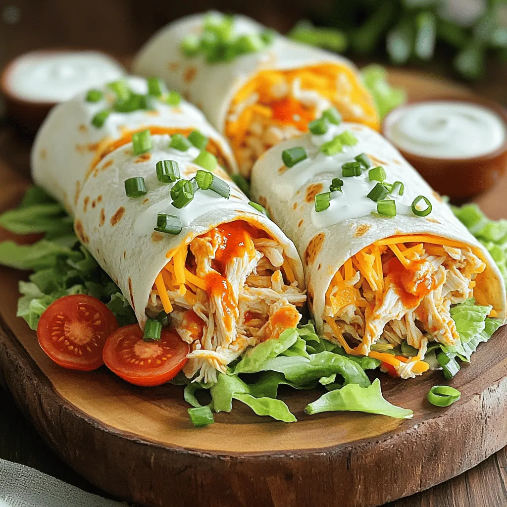 - 2 cups cooked chicken, shredded - 1/2 cup buffalo sauce - 1/2 cup ranch dressing - 1 cup shredded lettuce - 1/2 cup diced tomatoes - 1/2 cup shredded cheddar cheese - 4 large flour tortillas - 1/4 cup chopped green onions - Salt and pepper to taste These ingredients form the base of your Buffalo Ranch Chicken Wraps. The chicken adds protein and texture. The buffalo sauce gives it a spicy kick. The ranch dressing cools the heat, balancing the flavors. Fresh lettuce and tomatoes add crunch and color. Cheddar cheese brings a creamy element. You can make your wraps even better with some extra seasonings. Try adding garlic powder or onion powder for depth. A splash of lime juice adds a fresh zing. If you love heat, add more buffalo sauce. You can also use different dressings, like blue cheese or honey mustard. Experiment with spices to find your perfect mix! For these wraps, I suggest using large flour tortillas. They are soft and easy to roll. You can also choose whole wheat tortillas for a healthier option. Corn tortillas work too, but they may crack when rolling. If you want something different, try spinach or tomato basil tortillas for extra flavor. Choose the one you like best! First, grab a medium bowl. Add 2 cups of shredded chicken. Pour in 1/2 cup of buffalo sauce. Mix well until the chicken is evenly coated. Taste it! If you want more flavor, add salt and pepper. Next, in another bowl, combine 1/2 cup of ranch dressing with a tablespoon of buffalo sauce. This makes the ranch taste even better. Now, lay out 4 large flour tortillas on a flat surface. Spread a generous tablespoon of the ranch mixture in the center of each tortilla. Next, divide the buffalo chicken mixture among the tortillas. On top of the chicken, add 1 cup of shredded lettuce, 1/2 cup of diced tomatoes, and a sprinkle of 1/2 cup of shredded cheddar cheese. For a fresh kick, sprinkle chopped green onions over the filling. Fold the sides of each tortilla in, then roll tightly from the bottom up. Make sure everything stays in! If you want a crispy wrap, heat a skillet over medium heat. Place the wraps seam-side down on the skillet. Grill for 2-3 minutes until they turn golden brown and crispy. This step adds a nice texture. Slice each wrap in half diagonally for easy serving. Enjoy your Buffalo Ranch Chicken Wraps! To make sure your tortillas stay crisp, follow these steps: - Use fresh tortillas. Older tortillas tend to be soggy. - Warm tortillas in a skillet. Heat each side for about 30 seconds. - If desired, grill the wrapped tortilla. This adds a nice crunch. - Avoid overfilling. Too much filling can make them soggy. Want to boost the flavor? Here are some ideas: - Mix a bit of buffalo sauce into the ranch dressing. This adds a kick. - Try adding spices like garlic powder or smoked paprika for extra flavor. - Include fresh herbs like cilantro or parsley. They add freshness and color. - Let the chicken marinate in buffalo sauce for an hour before use. This deepens the taste. If you have dietary needs, here are some swaps: - Use grilled tofu or tempeh instead of chicken for a plant-based option. - Swap ranch dressing with a dairy-free version or yogurt. - Choose gluten-free tortillas if needed. They work just as well. - For a low-carb option, use lettuce wraps instead of tortillas. They keep it light. {{image_2}} You can take your wraps up a notch by adding veggies. Try mixing in diced bell peppers or cucumbers for crunch. Spinach or arugula also adds fresh flavor. You can even swap out lettuce for a nice twist. The extra veggies bring color and nutrients to your meal. If you love heat, this version is for you. Add more buffalo sauce to the chicken mix for a kick. You can also use jalapeños or hot pepper flakes. These spices will make your wraps extra zesty. Just be careful to balance the heat so it’s still tasty! For low-carb or gluten-free wraps, choose lettuce leaves instead of tortillas. Romaine or butter lettuce works well. You can also find gluten-free tortillas at the store. These options let you enjoy the same great taste while keeping things light. To keep your leftover wraps fresh, wrap them tightly in plastic wrap or foil. You can also place them in an airtight container. Store them in the fridge for up to three days. This helps maintain the flavor and texture. To reheat, you can use a skillet or microwave. If using a skillet, heat it on medium. Place the wrap seam-side down and cook for about 2-3 minutes per side. This will make the wrap crispy again. If using a microwave, place the wrap on a plate. Heat it for 30 seconds, then check to see if it's hot. You can freeze the wraps for later use. Wrap each one in plastic wrap, then put them in a freezer bag. They can last up to two months in the freezer. When you're ready to eat, thaw them in the fridge overnight. Reheat them using the instructions above for best results. Yes, you can make these wraps ahead of time. Prepare the chicken mixture and the ranch sauce. Store them separately in the fridge. When ready to eat, just assemble the wraps. This keeps the tortillas fresh and prevents sogginess. If you want a different flavor, try blue cheese dressing. You can also use yogurt or sour cream mixed with herbs. This gives a creamy texture without using ranch. Yes, you can make a lighter buffalo sauce. Mix hot sauce with a little olive oil. You can also use a low-sodium hot sauce to cut back on salt. This way, you still get that spicy kick without as many calories. You can easily adjust the filling. Use cooked turkey or tofu instead of chicken. Add more veggies like cucumbers or bell peppers. For kids, you can skip the spicy sauce and use a mild flavor. Buffalo Ranch Chicken Wraps are easy to make and full of flavor. We covered the main ingredients, optional seasonings, and types of tortillas. I shared step-by-step instructions for preparing the chicken and assembling the wraps. Don’t forget the tips for crisp tortillas and ingredient swaps. You can even explore tasty variations for different diets. Store leftovers properly for a quick meal later. These wraps offer endless ways to customize your meal, making them fun for everyone. Enjoy your cooking!