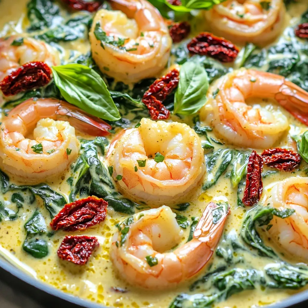 - Large shrimp (1 pound) - Olive oil (1 tablespoon) - Garlic (3 cloves, minced) - Sun-dried tomatoes (1 cup, chopped) - Heavy cream (1 cup) - Fresh spinach (1 cup) - Grated Parmesan cheese (1/2 cup) - Italian seasoning (1 teaspoon) - Red pepper flakes (1/2 teaspoon, optional) - Salt and pepper to taste - Fresh basil for garnish When making Creamy Tuscan Sun-Dried Tomato Shrimp Skillet, having quality ingredients is key. Start with large shrimp, about one pound. You want them fresh, peeled, and deveined. Next, grab some olive oil. This will add flavor and help cook the garlic. Speaking of garlic, you’ll need three cloves, minced. This adds a fragrant aroma. Then, use sun-dried tomatoes, chopped into one cup. They bring a rich, tangy taste that pairs perfectly with shrimp. For the creamy texture, heavy cream is a must. You’ll need one cup for this dish. Now, for the greens! Fresh spinach is essential. One cup will wilt down nicely in the skillet. Grated Parmesan cheese adds a cheesy bite. Half a cup is perfect here. Don’t forget Italian seasoning for that classic flavor, just one teaspoon will do. If you like a little heat, add red pepper flakes. A half teaspoon is optional, but it can spice things up! Lastly, season with salt and pepper to taste. For garnish, fresh basil adds a lovely touch. This colorful ingredient list makes a delicious dish that’s sure to impress! First, grab a large skillet. Heat 1 tablespoon of olive oil over medium heat. Once hot, add 3 cloves of minced garlic. Sauté the garlic for about 1 minute. You want it fragrant but not burnt. Next, toss in 1 cup of chopped sun-dried tomatoes. Cook these for 2 minutes. This step allows the flavors to blend well. Now, increase the heat to medium-high. Add 1 pound of peeled and deveined shrimp to the skillet. Season with salt, pepper, and 1 teaspoon of Italian seasoning. Cook the shrimp for about 2-3 minutes. They should turn pink and opaque. This tells you they are ready. Reduce the heat to medium-low. Pour in 1 cup of heavy cream. Let it simmer for about 2-3 minutes. Stir occasionally to mix everything well. After that, add in 1 cup of fresh spinach. Cook it until it wilts, which takes about 2 minutes. Finally, stir in 1/2 cup of grated Parmesan cheese. Mix until it melts. Taste and adjust the seasoning if needed. For some heat, you can add 1/2 teaspoon of red pepper flakes. Serve it hot, garnished with fresh basil for a touch of color and flavor. - To check if shrimp are done, look for a pink color. They should be opaque. - When adding cream, keep the heat low to avoid curdling. Stir often to blend. - For a kick, add red pepper flakes to the cream sauce. Start with a pinch. - Fresh herbs like parsley or thyme can deepen the flavor. Try mixing in a teaspoon. - Garnish with fresh basil leaves for a pop of color. - Serve over pasta or rice for a complete meal. A nice bowl adds style. {{image_2}} You can easily switch the shrimp for chicken or tofu. Chicken breast works well; just cook it until it's done. Tofu is great for a vegan twist. Use firm tofu and sauté until golden. For cream, you can try coconut cream for a rich taste. Almond milk or cashew cream also work for dairy-free options. Want a spicier dish? Add more red pepper flakes or a dash of hot sauce. You can also toss in seasonal veggies like zucchini or bell peppers. They add color and nutrients. Just sauté them with the garlic for a few minutes before adding shrimp. This dish is great with pasta or rice. Serve it over fettuccine for a classic touch. You can also pair it with crusty bread to soak up the sauce. It’s perfect as a main course. If you want a lighter option, serve it as an appetizer. Just use smaller portions. To store your creamy Tuscan sun-dried tomato shrimp skillet, let it cool first. Place leftovers in an airtight container. This method helps keep flavors fresh. The dish will last in the fridge for about 3 days. Make sure to label your container with the date. If you want to freeze the skillet, portion it into smaller containers. This makes it easier to thaw later. Seal them tightly to avoid freezer burn. To thaw, place the container in the fridge overnight. When reheating, warm it slowly on low heat. Stir often to keep the sauce creamy. Adding a splash of cream can help restore its texture. Enjoy your delicious meal again without losing the flavor! Can I use frozen shrimp for this recipe? Yes, you can use frozen shrimp. Just remember to thaw them first. This will help them cook evenly. Frozen shrimp can be a great time-saver, too. How can I make this dish dairy-free? You can replace heavy cream with coconut cream or a dairy-free cream. Also, omit the Parmesan cheese or use a dairy-free cheese. This keeps the flavor rich without dairy. What type of sun-dried tomatoes are best? Sun-dried tomatoes packed in oil are best. They add moisture and flavor. Look for ones that are soft and not too dry. This helps balance the cream in the dish. Can I use fresh spinach instead of wilted? Yes, you can use fresh spinach. Just add it to the pan a bit earlier. It will take a little longer to wilt, but it will taste great. What can I serve with creamy Tuscan shrimp? You can serve this dish with pasta, rice, or crusty bread. Each side will soak up the creamy sauce well. A fresh salad makes a nice light complement too. Is it possible to adjust this recipe for larger servings? Absolutely! Just double the ingredients as needed. Make sure your skillet is large enough to hold all the shrimp and sauce. This way, you can serve more people without losing flavor. This blog post shared how to make a delicious creamy Tuscan shrimp dish. We covered the key ingredients, step-by-step cooking instructions, and tips to enhance your meal. You saw how to swap ingredients and adjust flavors for your preferences. Remember, this dish can be stored or frozen easily. Experiment with variations to keep it exciting. Enjoy crafting your perfect creamy shrimp and impress your family or friends!