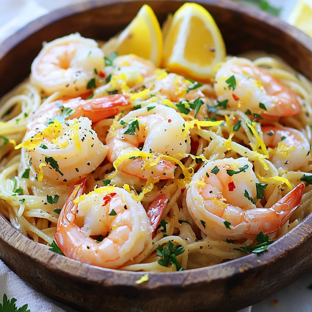 - 1 pound large shrimp, peeled and deveined - 8 ounces linguine or spaghetti - 4 tablespoons unsalted butter - 4 cloves garlic, minced - 1 lemon, zested and juiced - 1 teaspoon red pepper flakes (optional) - 1 cup low-sodium chicken broth - Salt and pepper, to taste - 1/4 cup fresh parsley, chopped - 2 tablespoons olive oil For this recipe, you need clear measurements. You will use: - 1 pound of shrimp. This makes it filling. - 8 ounces of pasta. Linguine or spaghetti works best. - 4 tablespoons of butter. This adds richness. - 4 cloves of garlic. Fresh garlic brings great flavor. - 1 lemon for zest and juice. Lemon brightens the dish. - 1 teaspoon of red pepper flakes. This adds a hint of heat. - 1 cup of chicken broth. It helps create the sauce. - Salt and pepper for taste. These are essential seasonings. - 1/4 cup of parsley. Chopped fresh parsley adds color. - 2 tablespoons of olive oil. This is for cooking the shrimp. You can tweak this recipe if you need to. Here are some ideas: - Use shrimp with the shell on for more flavor. - Swap linguine for another type of pasta, like fettuccine. - If you want a lighter dish, use less butter. - Try garlic powder if you don’t have fresh garlic. - Use vegetable broth instead of chicken broth for a veggie option. - Replace parsley with basil for a different taste. - Omit red pepper flakes if you prefer no heat. This recipe allows for flexibility. You can make it your own! Start by boiling salted water in a large pot. Once it boils, add 8 ounces of linguine or spaghetti. Cook the pasta according to the package instructions. After cooking, save 1 cup of pasta water. Drain the pasta and set it aside. In a big skillet, heat 2 tablespoons of olive oil over medium heat. Add 1 pound of large shrimp that are peeled and deveined. Season the shrimp with salt, pepper, and red pepper flakes if you like spice. Cook the shrimp for 2-3 minutes on each side. They should turn pink and opaque. Once done, remove the shrimp from the skillet and set them aside. In the same skillet, add 4 tablespoons of unsalted butter and melt it. Once melted, add 4 cloves of minced garlic. Sauté the garlic for about 1 minute until it smells great. This step brings out the garlic's flavor. Next, pour in 1 cup of low-sodium chicken broth and the juice from 1 lemon. Scrape any bits stuck to the skillet. Bring the mixture to a simmer. Stir in the lemon zest and the reserved pasta water. Let this simmer for 2-3 minutes to blend the flavors. Add the cooked pasta and sautéed shrimp back into the skillet. Toss everything together to coat the pasta and shrimp in the sauce. If it looks dry, pour in more pasta water. Taste the dish and add salt and pepper as needed. Remove from heat and stir in 1/4 cup of chopped fresh parsley. Let it sit for a minute to enhance the flavors. To get the best shrimp, use large shrimp. They cook fast and stay juicy. Cook them just until they turn pink and opaque. This usually takes about 2-3 minutes per side. If you overcook them, they can become tough. Always remove them from the pan when they look perfect. Let them rest while you prepare the sauce. Your sauce should be bright and rich. Start by melting the butter and adding garlic. Let the garlic cook until it smells great but do not burn it. When you add chicken broth and lemon juice, make sure to scrape any bits from the bottom. This adds flavor. If the sauce seems too thick, add reserved pasta water a little at a time. This will help create a silky texture. To serve your dish, use a large bowl or plate for a nice look. Place the shrimp and pasta in the center. Sprinkle chopped parsley on top for a pop of color. You can also add lemon wedges on the side. This adds freshness and makes the dish look even better. Making it look great will impress your guests! {{image_2}} You can make this shrimp scampi even better by adding vegetables. Spinach, cherry tomatoes, or bell peppers work great. Just sauté them with the shrimp for a few minutes. This adds color and nutrients to your meal. You can also try adding asparagus or zucchini. They cook quickly and add a nice crunch. Make sure to cut them into small pieces for even cooking. If you want a gluten-free dish, swap the pasta. Use gluten-free linguine or spaghetti. There are many options on the market now. You can also use spiralized vegetables like zucchini or carrots. These are great low-carb choices. They cook faster than pasta, so watch them closely. You can change the flavor to match your mood. For a creamier sauce, add heavy cream or a splash of white wine. If you like it spicy, add more red pepper flakes or some diced jalapeños. Fresh herbs like basil or thyme can also enhance the dish. Experimenting with flavors lets you create a meal that fits your taste. To store your leftover shrimp scampi, let it cool first. Place it in an airtight container. Use a glass or plastic container with a tight lid. This keeps it fresh and prevents odors. Store it in the fridge for up to three days. If you want to keep it longer, freezing is a good option. When you're ready to eat, you can reheat the shrimp scampi. I suggest using the stove for the best results. Place it in a skillet over low heat. Add a splash of chicken broth or water to keep it moist. Stir it gently to heat evenly. You can also use the microwave. Heat it in short bursts, stirring in between. Make sure it’s hot all the way through. If you want to freeze shrimp scampi, it’s easy! Pack it in a freezer-safe container. Leave some space at the top for expansion. This meal can last up to three months in the freezer. When you want to eat it, thaw it overnight in the fridge. Then, reheat it as mentioned before. This way, you enjoy a delicious meal anytime! Shrimp scampi can last up to three days in the fridge. Store it in an airtight container. Make sure it cools down before you put it away. This helps keep the shrimp fresh and safe to eat. Yes, you can use frozen shrimp! Just thaw them first. Place the shrimp in cold water for about 15 minutes. After thawing, peel and devein them if needed. This makes cooking quick and easy. You can serve shrimp scampi with many sides. Here are some great options: - Garlic bread - A fresh green salad - Steamed vegetables - Rice or couscous These sides complement the flavors of the dish well. The recipe is mildly spicy with red pepper flakes. If you like heat, add more flakes. If you prefer less spice, skip them altogether. Adjusting the spice level is easy and makes it your own! This blog post covered all you need for shrimp scampi. We went through the ingredients, measurements, and swaps. Then, I guided you through cooking, from pasta to the final dish. I shared tips to get the best shrimp texture and sauce. We also looked at fun variations and smart storage tips. In the end, shrimp scampi is easy and delicious. Enjoy making it your way!