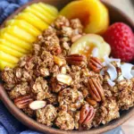 To make maple pecan granola clusters, you will need: - 2 cups rolled oats - 1 cup pecans, roughly chopped - 1/2 cup almond slices - 1/2 cup unsweetened coconut flakes - 1/4 cup chia seeds - 1/2 cup pure maple syrup - 1/4 cup coconut oil, melted - 1 teaspoon vanilla extract - 1 teaspoon ground cinnamon - 1/2 teaspoon sea salt These ingredients create a tasty and healthy snack. Each serving is about 1/4 cup. Here’s what you get per serving: - Calories: 220 - Protein: 4g - Carbohydrates: 22g - Fat: 14g - Fiber: 4g - Sugar: 5g This granola is rich in healthy fats and fiber, making it a great snack. You can easily swap some ingredients. Here are a few ideas: - Rolled oats: Use quick oats if you want a finer texture. - Pecans: Almonds or walnuts work well, too. - Maple syrup: Try honey or agave syrup for a different sweetness. - Coconut oil: Use any neutral oil if you don’t have coconut oil. - Chia seeds: Flax seeds can be a good alternative. These swaps will still give you tasty clusters! Start by preheating your oven to 325°F (165°C). This step is key for even cooking. While the oven warms, grab a baking sheet and line it with parchment paper. This helps with sticking and makes cleanup easy. In a big mixing bowl, combine the rolled oats, chopped pecans, almond slices, coconut flakes, chia seeds, ground cinnamon, and sea salt. Use a sturdy spoon to stir everything well. You want to ensure that all the dry ingredients mix together nicely. This blend gives your granola a great texture and taste. In a separate bowl, whisk the melted coconut oil, pure maple syrup, and vanilla extract. Mix these until they blend smoothly. Now, pour this wet mixture over your dry blend. Stir until every oat and nut is coated well. This step is vital to create those tasty clusters. Spread the mixture onto the lined baking sheet. Use a spatula to press it down lightly. This helps form clusters as it bakes. Bake it in the preheated oven for about 25-30 minutes. Halfway through, gently stir the mixture. This helps it bake evenly without breaking the clusters apart. Once the granola turns golden brown and smells amazing, take it out. Let it cool completely on the baking sheet. As it cools, it will harden, making those lovely clusters. After it's cool, break it into pieces and store it in an airtight container. Enjoy your healthy snack! To make great granola clusters, the key lies in how you mix and bake. Start by mixing the dry ingredients well. This includes oats, pecans, almond slices, coconut flakes, chia seeds, cinnamon, and salt. Make sure they blend evenly. When mixing wet ingredients, whisk the coconut oil, maple syrup, and vanilla until smooth. Pour this over your dry mix and stir gently. Press the mixture down on the baking sheet. This helps form those lovely clusters. Baking time matters too. Bake at 325°F for about 25-30 minutes. Halfway through, stir gently to keep clusters intact. Let them cool completely before breaking them up. As they cool, they will harden and stick together. You can easily switch up the flavors in your granola. Here are some fun ideas: - Nut Combinations: Try walnuts, almonds, or cashews. - Dried Fruits: Add raisins, cranberries, or apricots for sweetness. - Spices: Mix in nutmeg or ginger for a warm touch. - Chocolate: Add dark chocolate chips for a sweet twist. Experimenting with flavors keeps things exciting. Each batch can be a little different. These clusters are so versatile! Here are some ways to serve them: - Yogurt Bowls: Top yogurt with granola clusters and fresh berries. - Smoothie Bowls: Sprinkle on top for extra crunch and flavor. - Snack on Their Own: Enjoy them as a quick snack on the go. - Oatmeal Topping: Add to your morning oatmeal for a boost. You can also drizzle extra maple syrup on top for added sweetness. No matter how you serve them, they will be delicious! {{image_2}} To keep your maple pecan granola clusters fresh, store them in an airtight container. This helps prevent moisture and keeps them crunchy. Place the container in a cool, dry place, away from direct sunlight. Avoid using clear containers, as light can affect the flavor over time. When stored properly, granola clusters can last up to two weeks. However, for the best taste, try to eat them within the first week. If you notice any changes in smell or texture, it's best to toss them. Keeping an eye on freshness ensures you enjoy every bite. You can freeze granola clusters for longer storage. First, let them cool completely. Then, place them in a freezer-safe bag or container. Squeeze out the air before sealing to prevent freezer burn. They can last up to three months in the freezer. When ready to enjoy, just thaw them at room temperature. You can switch nuts in this recipe for a new taste. Try walnuts, almonds, or hazelnuts. These nuts add a nice crunch and flavor. You can also use sunflower seeds or pumpkin seeds for more variety. Each nut or seed gives a unique twist to the flavor profile. Feel free to mix and match to find your favorite combo! To make this granola gluten-free, choose certified gluten-free oats. Regular oats may contain gluten due to cross-contamination. Most nuts and seeds are gluten-free, so you’re already on the right track. Use gluten-free syrup if you want to ensure everything is safe to eat. This way, everyone can enjoy your tasty snacks! If you want less sweetness, reduce the maple syrup. Start with a 1/3 cup instead of 1/2 cup. You can also add other sweeteners like honey or agave. Remember that each sweetener has a different flavor. Experiment to find what suits your taste! On the other hand, if you like it sweeter, add a bit more syrup or some dried fruit. Raisins or cranberries work well and add chewiness too. Yes, you can make granola clusters vegan. Just replace the honey with maple syrup. Use a plant-based oil like coconut oil. This keeps the flavors rich and delicious without any animal products. To make your granola crunchy, use less liquid. Ensure the mixture bakes long enough. Stir halfway through baking, but don’t break the clusters. Let the granola cool completely after baking. Cooling helps it form crunchy clusters. You can enjoy maple pecan granola clusters in many ways. Serve them in a bowl with yogurt and fresh fruit. They also taste great as a snack on their own. Drizzle some extra maple syrup for added sweetness. You could even sprinkle them on ice cream for a tasty treat! You now know how to make tasty granola clusters. We covered ingredients, step-by-step baking, and storage tips. I shared ways to customize flavors and discussed common questions. Granola clusters are fun, easy, and versatile. Use this guide to try new ideas and make delicious snacks. Enjoy every crunchy bite as you explore the many flavors!