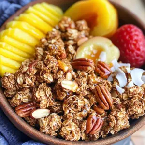 To make maple pecan granola clusters, you will need: - 2 cups rolled oats - 1 cup pecans, roughly chopped - 1/2 cup almond slices - 1/2 cup unsweetened coconut flakes - 1/4 cup chia seeds - 1/2 cup pure maple syrup - 1/4 cup coconut oil, melted - 1 teaspoon vanilla extract - 1 teaspoon ground cinnamon - 1/2 teaspoon sea salt These ingredients create a tasty and healthy snack. Each serving is about 1/4 cup. Here’s what you get per serving: - Calories: 220 - Protein: 4g - Carbohydrates: 22g - Fat: 14g - Fiber: 4g - Sugar: 5g This granola is rich in healthy fats and fiber, making it a great snack. You can easily swap some ingredients. Here are a few ideas: - Rolled oats: Use quick oats if you want a finer texture. - Pecans: Almonds or walnuts work well, too. - Maple syrup: Try honey or agave syrup for a different sweetness. - Coconut oil: Use any neutral oil if you don’t have coconut oil. - Chia seeds: Flax seeds can be a good alternative. These swaps will still give you tasty clusters! Start by preheating your oven to 325°F (165°C). This step is key for even cooking. While the oven warms, grab a baking sheet and line it with parchment paper. This helps with sticking and makes cleanup easy. In a big mixing bowl, combine the rolled oats, chopped pecans, almond slices, coconut flakes, chia seeds, ground cinnamon, and sea salt. Use a sturdy spoon to stir everything well. You want to ensure that all the dry ingredients mix together nicely. This blend gives your granola a great texture and taste. In a separate bowl, whisk the melted coconut oil, pure maple syrup, and vanilla extract. Mix these until they blend smoothly. Now, pour this wet mixture over your dry blend. Stir until every oat and nut is coated well. This step is vital to create those tasty clusters. Spread the mixture onto the lined baking sheet. Use a spatula to press it down lightly. This helps form clusters as it bakes. Bake it in the preheated oven for about 25-30 minutes. Halfway through, gently stir the mixture. This helps it bake evenly without breaking the clusters apart. Once the granola turns golden brown and smells amazing, take it out. Let it cool completely on the baking sheet. As it cools, it will harden, making those lovely clusters. After it's cool, break it into pieces and store it in an airtight container. Enjoy your healthy snack! To make great granola clusters, the key lies in how you mix and bake. Start by mixing the dry ingredients well. This includes oats, pecans, almond slices, coconut flakes, chia seeds, cinnamon, and salt. Make sure they blend evenly. When mixing wet ingredients, whisk the coconut oil, maple syrup, and vanilla until smooth. Pour this over your dry mix and stir gently. Press the mixture down on the baking sheet. This helps form those lovely clusters. Baking time matters too. Bake at 325°F for about 25-30 minutes. Halfway through, stir gently to keep clusters intact. Let them cool completely before breaking them up. As they cool, they will harden and stick together. You can easily switch up the flavors in your granola. Here are some fun ideas: - Nut Combinations: Try walnuts, almonds, or cashews. - Dried Fruits: Add raisins, cranberries, or apricots for sweetness. - Spices: Mix in nutmeg or ginger for a warm touch. - Chocolate: Add dark chocolate chips for a sweet twist. Experimenting with flavors keeps things exciting. Each batch can be a little different. These clusters are so versatile! Here are some ways to serve them: - Yogurt Bowls: Top yogurt with granola clusters and fresh berries. - Smoothie Bowls: Sprinkle on top for extra crunch and flavor. - Snack on Their Own: Enjoy them as a quick snack on the go. - Oatmeal Topping: Add to your morning oatmeal for a boost. You can also drizzle extra maple syrup on top for added sweetness. No matter how you serve them, they will be delicious! {{image_2}} To keep your maple pecan granola clusters fresh, store them in an airtight container. This helps prevent moisture and keeps them crunchy. Place the container in a cool, dry place, away from direct sunlight. Avoid using clear containers, as light can affect the flavor over time. When stored properly, granola clusters can last up to two weeks. However, for the best taste, try to eat them within the first week. If you notice any changes in smell or texture, it's best to toss them. Keeping an eye on freshness ensures you enjoy every bite. You can freeze granola clusters for longer storage. First, let them cool completely. Then, place them in a freezer-safe bag or container. Squeeze out the air before sealing to prevent freezer burn. They can last up to three months in the freezer. When ready to enjoy, just thaw them at room temperature. You can switch nuts in this recipe for a new taste. Try walnuts, almonds, or hazelnuts. These nuts add a nice crunch and flavor. You can also use sunflower seeds or pumpkin seeds for more variety. Each nut or seed gives a unique twist to the flavor profile. Feel free to mix and match to find your favorite combo! To make this granola gluten-free, choose certified gluten-free oats. Regular oats may contain gluten due to cross-contamination. Most nuts and seeds are gluten-free, so you’re already on the right track. Use gluten-free syrup if you want to ensure everything is safe to eat. This way, everyone can enjoy your tasty snacks! If you want less sweetness, reduce the maple syrup. Start with a 1/3 cup instead of 1/2 cup. You can also add other sweeteners like honey or agave. Remember that each sweetener has a different flavor. Experiment to find what suits your taste! On the other hand, if you like it sweeter, add a bit more syrup or some dried fruit. Raisins or cranberries work well and add chewiness too. Yes, you can make granola clusters vegan. Just replace the honey with maple syrup. Use a plant-based oil like coconut oil. This keeps the flavors rich and delicious without any animal products. To make your granola crunchy, use less liquid. Ensure the mixture bakes long enough. Stir halfway through baking, but don’t break the clusters. Let the granola cool completely after baking. Cooling helps it form crunchy clusters. You can enjoy maple pecan granola clusters in many ways. Serve them in a bowl with yogurt and fresh fruit. They also taste great as a snack on their own. Drizzle some extra maple syrup for added sweetness. You could even sprinkle them on ice cream for a tasty treat! You now know how to make tasty granola clusters. We covered ingredients, step-by-step baking, and storage tips. I shared ways to customize flavors and discussed common questions. Granola clusters are fun, easy, and versatile. Use this guide to try new ideas and make delicious snacks. Enjoy every crunchy bite as you explore the many flavors!