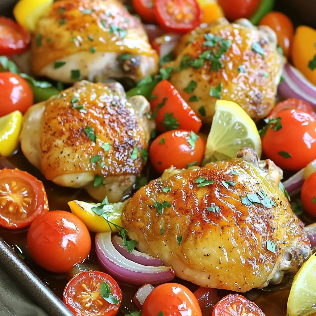 To make my savory One-Pan Mediterranean Lemon Chicken Thighs, gather these simple ingredients: - 4 bone-in chicken thighs, skin-on - 2 tablespoons olive oil - 1 teaspoon paprika - 1 teaspoon dried oregano - 1 teaspoon garlic powder - Salt and pepper to taste - Juice and zest of 1 large lemon - 1 cup cherry tomatoes, halved - 1 bell pepper, sliced (any color) - 1 medium red onion, cut into wedges - 1 cup Kalamata olives, pitted and halved - Fresh parsley, chopped (for garnish) These ingredients blend well to create a flavorful dish. The chicken thighs are juicy and tender. The lemon adds a bright flavor that pairs perfectly with the spices. The vegetables add color and texture, making the dish appealing. Each bite offers a taste of the Mediterranean. Don't skip the fresh parsley; it adds a nice touch. First, we need to start by preheating the oven. Set it to 400°F (200°C). This will help cook the chicken and vegetables evenly. Next, let’s prepare the marinade. In a large bowl, mix together 2 tablespoons of olive oil, 1 teaspoon of paprika, 1 teaspoon of dried oregano, 1 teaspoon of garlic powder, salt, and pepper to taste. Add the juice and zest of 1 large lemon to the mix. This will bring a bright flavor to our dish. Once the marinade is ready, add 4 bone-in chicken thighs to the bowl. Coat them well in the marinade. For the best taste, let them marinate for at least 20 minutes. If you have more time, you can marinate them overnight. This will deepen the flavor. Now it’s time to cook! Take a large oven-safe skillet or roasting pan. Arrange the marinated chicken thighs skin-side up in the pan. Next, surround the chicken with 1 cup of halved cherry tomatoes, sliced bell pepper, and wedges of 1 medium red onion. Don’t forget to add 1 cup of pitted and halved Kalamata olives. Drizzle any remaining marinade over the veggies for extra flavor. Place the pan in the preheated oven. Roast everything for 35-40 minutes. The chicken should reach an internal temperature of 165°F (75°C) and have a crispy, golden skin. When the chicken is done, take the pan out of the oven. Let it rest for about 5 minutes. This will help the juices stay in the meat. Finally, garnish the dish with freshly chopped parsley. This adds color and freshness, making your meal look beautiful and inviting. Enjoy your savory One-Pan Mediterranean Lemon Chicken Thighs! For the best flavor, marinate chicken thighs for at least 20 minutes. If you have time, marinate overnight. This allows the chicken to soak up all those tasty spices. Always mix the marinade well to blend the olive oil, spices, and lemon juice. This helps ensure every bite is packed with flavor. You can also try adding a splash of white wine or vinegar for a zesty twist. To achieve crispy skin, start with a hot oven. Preheat it to 400°F (200°C). Place the chicken skin-side up in the pan. Avoid overcrowding the pan, as this can trap moisture. If you want to check doneness, use a meat thermometer. The chicken should reach an internal temperature of 165°F (75°C). If you don't have a thermometer, cut into the thickest part of the chicken. The juices should run clear, not pink. {{image_2}} You can change up the veggies in this dish. Try using zucchini or asparagus instead of bell pepper. Carrots or green beans also work well. If you want to switch the chicken cuts, you can use drumsticks or boneless thighs. Just adjust the cooking time to ensure they cook through. Add a pinch of red pepper flakes for some heat. This small change can make a big difference. You can also add fresh herbs like thyme or rosemary. These will add depth to the dish. Feel free to experiment with spices you love. A dash of cumin or coriander can add a unique twist too. To store leftovers, let the chicken cool first. Place it in an airtight container. Make sure to include the vegetables too. Store it in the fridge for up to three days. This keeps the flavors fresh and ready for your next meal. To reheat without drying out, use the oven. Preheat it to 350°F (175°C). Place the chicken in a baking dish. Cover it with foil to keep moisture in. Heat for about 15-20 minutes. You can also use a microwave. Just add a splash of water before heating to help keep it juicy. For long-term storage, freeze the chicken. Wrap each piece tightly in plastic wrap. Then, place it in a freezer bag. This prevents freezer burn. It can last up to three months in the freezer. When ready to eat, thaw it in the fridge overnight before reheating. You can make One-Pan Mediterranean Lemon Chicken Thighs healthier by using skinless chicken thighs. Skinless cuts have less fat. You can also use less olive oil, reducing the total fat. Instead of Kalama olives, choose green olives for fewer calories. Adding more colorful veggies, like zucchini or spinach, boosts nutrients without extra calories. Yes, you can use boneless chicken thighs for this recipe. Boneless thighs will cook faster, so check for doneness at 25-30 minutes. Make sure the chicken reaches 165°F (75°C) for safety. The flavors will still shine, and you’ll enjoy a tender bite. Pair this dish with a light salad, like arugula or mixed greens. A side of couscous or quinoa complements the flavors well. You can also serve it with crusty bread to soak up the yummy juices. For a refreshing touch, add a lemony yogurt sauce on the side. This dish combines simple ingredients like chicken thighs, fresh veggies, and bright flavors. You learned how to prepare a delightful meal while exploring handy tips for marinating and cooking. You now know how to store leftovers and even make this dish healthier. With these steps and ideas, you can enjoy a delicious meal anytime. Try your own variations to make it special. Cooking can be fun and rewarding, so get started!