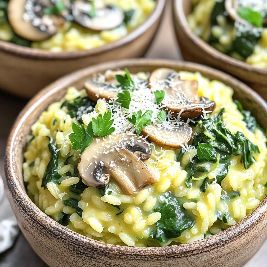 To make the One-Pot Mushroom Spinach Risotto, you will need: - 1 cup Arborio rice - 4 cups vegetable broth - 1 cup fresh mushrooms, sliced - 2 cups fresh spinach, chopped - 1 medium onion, finely diced - 2 cloves garlic, minced - 3 tablespoons olive oil - 1/2 cup grated Parmesan cheese - Salt and pepper to taste - Fresh parsley, chopped for garnish Each ingredient plays a key role in the dish. Arborio rice gives risotto its creamy texture. If you do not have Arborio rice, you can use Carnaroli rice. Vegetable broth adds flavor. You can swap it with chicken broth if you prefer. For the mushrooms, cremini or shiitake work best, but you can use any fresh mushrooms you like. If you want to make this dish vegan, replace Parmesan cheese with nutritional yeast. Using fresh ingredients is crucial for great flavor. Fresh spinach adds a vibrant color and nutrients to the dish. Fresh mushrooms bring a rich, earthy taste that enhances the risotto. Always try to buy local and seasonal produce when possible. This way, you support local farmers and get the best taste. Fresh ingredients not only make your meal better but also make cooking more fun. 1. Heat 3 tablespoons of olive oil in a large pot over medium heat. 2. Add 1 medium onion, finely diced. Sauté for about 5 minutes until it turns soft. 3. Stir in 2 cloves of minced garlic and 1 cup of sliced mushrooms. Cook for 3-4 minutes. 4. Add 1 cup of Arborio rice. Stir for 1-2 minutes to toast the rice. 5. Pour in 2 cups of vegetable broth. Bring it to a gentle simmer. 6. Stir the rice often as it cooks. Let it absorb the liquid for about 10 minutes. 7. Gradually add the remaining broth, one cup at a time. Let it soak in before adding more. 8. Continue stirring for about 20-25 minutes until the rice is creamy and tender. 9. Fold in 2 cups of chopped spinach and 1/2 cup of grated Parmesan cheese. 10. Season with salt and pepper to taste. 11. Take it off the heat and let it sit for a few minutes for a thicker texture. - Stir often. This helps release starch from the rice, giving it a creamy texture. - Add broth slowly. This allows the rice to soak it up properly. - Test for doneness. The rice should be soft but still have a slight bite. - Don’t skip the toasting step. It enhances the rice's flavor. - Avoid adding too much broth at once. This can make your risotto soupy. - Don't rush the cooking. Patience is key for creamy risotto. You can easily change this risotto to fit your taste. Here are a few ideas: - Add protein: Try cooked chicken, shrimp, or tofu. - Use different greens: Kale, arugula, or Swiss chard work well too. - Change the cheese: Swap Parmesan for feta or goat cheese for a twist. - Mix in nuts: Toasted pine nuts or walnuts add a nice crunch. To get the best flavor, follow these tips: - Sauté the onion well: This builds a rich base. Cook it until soft and sweet. - Toast the rice: This step adds depth. Stir it with the onion and garlic before adding broth. - Use warm broth: Keep your vegetable broth warm. It helps the rice cook evenly. - Stir often: Frequent stirring helps release starch. This makes your risotto creamy. Serve your risotto with a few tasty sides: - Simple salad: A fresh green salad adds a nice crunch. - Garlic bread: Perfect for soaking up any extra sauce. - Wine pairing: A light white wine complements the flavors well. - Garnish: Top with extra cheese, fresh parsley, or a drizzle of olive oil for a pop. {{image_2}} You can easily make this risotto vegan. Simply swap the Parmesan cheese with nutritional yeast. It gives a cheesy flavor without any dairy. You can also use vegetable broth that is labeled vegan. This way, you keep all the creamy goodness while keeping it plant-based. Think about adding more veggies. Peas, zucchini, or bell peppers work well. Just chop them up and add during the same time as the spinach. This adds color and nutrients. You can also use frozen vegetables if you are in a hurry. Just toss them in right before the spinach. Herbs can elevate your risotto. Try adding fresh basil or thyme for a fragrant touch. If you want some heat, sprinkle in red pepper flakes. For a warm flavor, stir in some smoked paprika. These small changes can bring your dish alive and make it even better. Store any leftover risotto in an airtight container. This keeps it fresh for later. Make sure it cools to room temperature first. Risotto can last in the fridge for up to three days. If you want to keep it longer, consider freezing it. To reheat, add a splash of broth or water. This helps bring back the creamy texture. Heat it on low in a pot, stirring often. You can also use the microwave. Just heat in short bursts, stirring in between. This keeps it from drying out. Freezing risotto is easy but may change its texture. First, let it cool completely. Then, scoop portions into freezer bags. Squeeze out the air and seal tightly. It can last up to three months in the freezer. When ready to eat, thaw it overnight in the fridge. Reheat slowly, adding some broth for creaminess. Yes, you can use other types of rice. However, Arborio rice is best for risotto. It has a high starch content, which gives risotto its creamy texture. If you use long-grain rice, like basmati, the dish may not be as creamy. Short-grain rice varieties, like Carnaroli, also work well. They absorb liquid well and yield a great texture. To make your risotto creamier, follow these tips: - Stir frequently while cooking. This helps release starch from the rice. - Add more broth gradually. This keeps the rice moist and helps it cook evenly. - Mix in more cheese at the end. Parmesan adds creaminess and depth of flavor. - For a vegan option, use nutritional yeast. It gives a cheesy flavor without dairy. Risotto pairs well with many side dishes. Consider these options: - A crisp green salad with lemon vinaigrette. This adds freshness. - Roasted vegetables bring color and flavor. Try carrots, zucchini, or asparagus. - Grilled chicken or fish adds protein and balances the meal. - Garlic bread or crusty rolls are great for scooping up risotto. Risotto is a fun and tasty dish to make. We covered important ingredients, cooking steps, and tips for perfect flavor. I shared ideas to customize your risotto and store any leftovers. Remember to use fresh ingredients for the best results. You can create many variations, like vegan options or added veggies. Keep experimenting to find your favorite flavors. Cooking should be enjoyable and rewarding! Enjoy each bite and share your risotto journey with others.