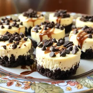 Here’s what you need for No-Bake Oreo Cheesecake Bites: - 1 package (14 Oreos) + 6 additional for topping - 8 oz cream cheese, softened - 1/3 cup granulated sugar - 1 tsp vanilla extract - 1 cup whipped topping (like Cool Whip) - 1/2 cup mini chocolate chips (optional) - 1/4 cup melted butter These ingredients work together to create a rich and creamy treat. The Oreos give a chocolate crunch while the cream cheese adds a smooth texture. The whipped topping lightens the filling, making it fluffy. You can also add mini chocolate chips for extra sweetness and crunch. Using melted butter helps the crust stick together perfectly. Gather your ingredients and get ready for a tasty treat that will impress everyone! To start, grab your food processor. Place 14 Oreos inside and crush them into fine crumbs. This is the key to a tasty crust. Next, melt the butter and mix it with the Oreo crumbs. Stir until it looks like wet sand. This mixture will hold together nicely. Now, take a mini muffin tin and line it with paper liners. This helps with easy removal later. Press about a teaspoon of the Oreo mixture into the bottom of each liner. Make sure to pack it tightly so it holds its shape. In a large bowl, beat the softened cream cheese. Add granulated sugar and vanilla extract to the bowl. Mix until it's smooth and creamy. This is the base of your cheesecake. Next, gently fold in the whipped topping. If you like, toss in some mini chocolate chips for extra fun. Now it’s time to fill the cups. Spoon the cheesecake mixture over each Oreo crust, filling them close to the top. Once filled, take the 6 remaining Oreos, crush them, and sprinkle over the top of each cheesecake bite. This adds a nice crunch. Place the muffin tin in the fridge for at least 2 hours. This allows the cheesecake bites to set properly. Make sure they are firm before serving. When ready, carefully remove the cheesecake bites from the muffin tin. Use a small spoon or knife to help if needed. Arrange them on a decorative plate. For a stunning look, drizzle with chocolate syrup or add some fresh berries. Enjoy your delicious treats! To ensure the crust holds together, use the right amount of melted butter. The butter binds the Oreo crumbs and creates a firm base. Keep packing the mixture tightly into the cups. If you find it crumbling, add a bit more melted butter. You can also try honey or maple syrup for binding. These add a hint of sweetness and work well. For a fun twist, try adding different types of chocolate chips. You can use dark, white, or even peanut butter chips. Each type gives a new taste to the bites. You might also explore flavor variations with extracts. A touch of almond or mint extract can elevate the classic flavor. Toppings like sprinkles or toasted nuts add crunch and personality. Pair your cheesecake bites with sauces or garnishes for a special touch. A drizzle of chocolate syrup or raspberry sauce looks great. You can also sprinkle crushed nuts or cookie crumbs on top for texture. For creative plating ideas, arrange the bites on a colorful platter. Add fresh fruits or edible flowers for a pop of color. This makes your treats stand out at any gathering! {{image_2}} You can switch up the crust by using different cookies. Try using chocolate sandwich cookies or graham crackers for a new taste. If you want a vegan option, use vegan cream cheese and coconut oil instead of butter. This makes a tasty and guilt-free treat. You can easily change the flavor of the cheesecake filling. For a chocolate twist, mix in cocoa powder or melted chocolate. If you love peanut butter, just add a spoonful to the mix. Seasonal flavors are fun too! Try pumpkin spice in the fall or peppermint extract around the holidays. For a fun crunch, add nuts or candies. Chopped walnuts or pecans work great in the filling. You can also dip the bites in melted chocolate for extra richness. Just melt some chocolate, dip the bites, and let them harden. This adds a delicious layer of flavor you won’t want to miss! To keep your No-Bake Oreo Cheesecake Bites fresh, store them in the fridge. Place them in an airtight container. This helps prevent them from drying out or absorbing other smells. They will stay tasty for about five days when stored this way. If you want to save them for later, freezing is a great option. To freeze, place the cheesecake bites in a single layer on a baking sheet. Once they are frozen solid, transfer them to a freezer-safe container. These bites can last up to three months in the freezer. Just make sure to label the container with the date! In the fridge, these cheesecake bites last about five days. After that, they may start to lose their texture and flavor. Always check for signs of spoilage. Look for changes in color or texture. If you see any mold or an off smell, it’s best to throw them away. Enjoy your cheesecake bites while they are fresh for the best taste! It takes about 15 minutes to prep. After that, you need to chill them for at least 2 hours. So, the total time is around 2 hours and 15 minutes. Yes, you can make these bites a day in advance. Just store them in the fridge until you are ready to serve. This makes it easy for parties or gatherings. You can use Greek yogurt instead of cream cheese. This will give you a lighter taste. Cashew cream is another good option if you want a dairy-free choice. Both will work well in this recipe. For a homemade whipped cream, just whip heavy cream with some sugar and vanilla. It’s easy and adds a fresh taste. You can adjust the sweetness to your liking. Yes, gluten-free Oreos work perfectly for this recipe. They taste just as good as regular Oreos. Make sure to check the packaging for gluten-free labels to ensure they are safe to eat. You have the tools to make delicious No-Bake Oreo Cheesecake Bites. This blog explained the easy steps, ingredients, and clever tips. You learned how to prepare the crust, fill it with creamy cheesecake, and serve it beautifully. Try different flavor variations and enjoy these bites for any occasion. With some creativity, you can impress friends and family. By storing them right, you can relish them later! Happy baking and enjoying these treats!