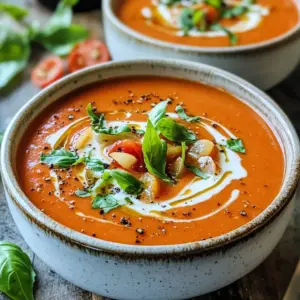 - 2 pounds ripe tomatoes, halved - 1 medium onion, chopped - 4 cloves garlic, peeled - 1/2 cup fresh basil leaves, chopped Fresh produce makes this soup shine. Ripe tomatoes are the star. Their sweetness adds a rich flavor. Choose tomatoes that feel firm. A medium onion gives depth to the taste. Garlic adds a nice kick. Fresh basil brightens the dish. Chop it up just before use for the best flavor. - 2 tablespoons olive oil - Salt and pepper to taste - 1 teaspoon dried oregano - 1 tablespoon balsamic vinegar (optional) Pantry staples are key for this soup. Olive oil helps roast the veggies and adds richness. Use salt and pepper to enhance flavors. Dried oregano gives a nice earthy note. Balsamic vinegar can add a sweet touch, but it’s optional. It’s great for those who want a little extra zing. - 2 cups vegetable broth - 1 cup heavy cream (or coconut cream for a lighter version) For a creamy texture, you need broth and cream. Vegetable broth adds depth and keeps it light. Heavy cream makes it rich and smooth. If you prefer a lighter soup, coconut cream works well. It offers a subtle sweetness and works perfectly with the tomatoes. First, preheat your oven to 400°F (200°C). This step is key for roasting. Next, take a baking sheet and arrange: - 2 pounds ripe tomatoes, halved - 1 medium onion, chopped - 4 cloves garlic, peeled Drizzle everything with 2 tablespoons of olive oil. Then, season with salt, pepper, and 1 teaspoon of dried oregano. Toss the veggies to coat them evenly. Now, it's time to roast. Place the baking sheet in your preheated oven. Roast for 30 to 35 minutes. You want the tomatoes to caramelize and the onions to become tender. Look for a nice golden color as a sign of doneness. Once the veggies are roasted, remove the baking sheet from the oven and let them cool a bit. Transfer the roasted ingredients to a blender. Add 2 cups of vegetable broth and blend until smooth. Next, pour the blended mixture into a pot over medium heat. Stir in 1 cup of heavy cream and bring it to a gentle simmer. Taste and add more salt and pepper if needed. Finally, stir in 1/2 cup of fresh basil leaves and 1 tablespoon of balsamic vinegar if you like. Let it cook for an extra 5 minutes. This helps all the flavors blend beautifully. Enjoy your creamy roasted tomato basil soup! Optimal Tomato Selection Choose ripe tomatoes for the best flavor. Look for tomatoes that are firm yet slightly soft to the touch. These tomatoes will have a sweet taste when roasted. Varieties like Roma or vine-ripened tomatoes work great. They add depth to your soup. Roasting Tips for Enhanced Flavors Roasting brings out natural sweetness. Spread your tomatoes, onions, and garlic evenly on the baking sheet. Drizzle with olive oil and season with salt and pepper. Don’t forget the dried oregano! Roasting at 400°F for 30 to 35 minutes caramelizes the veggies, adding rich flavors. Achieving Smooth Consistency Once your veggies have cooled, transfer them to a blender. Add vegetable broth to help with blending. Blend until smooth, and make sure there are no chunks. This step is key for that silky texture. Adjusting for Thickness If your soup is too thick, add more broth. Blend again to combine. For a thicker soup, let it simmer longer after blending. The cream will also help with thickness, so adjust based on your taste. Best Practices for Freshness Store leftover soup in airtight containers. This keeps it fresh for up to five days in the fridge. Allow the soup to cool before sealing. This helps avoid condensation in the container. Garnishing Ideas Garnish your soup with fresh basil leaves for a pop of color. A drizzle of cream adds richness. You can also sprinkle some croutons on top for crunch. Experiment with different toppings to find your favorite combination! {{image_2}} You can easily adjust the creamy roasted tomato basil soup to fit your needs. For a lighter version, use coconut cream instead of heavy cream. This swap adds a lovely hint of sweetness without the heaviness. It keeps the soup rich but light. For those who follow a vegan diet, consider using plant-based cream alternatives. Options like cashew cream or almond milk work well. They maintain the creamy texture and flavor while keeping the soup vegan. Want to boost the flavor even more? Add extra herbs and spices. Fresh thyme or rosemary can deepen the taste. A dash of smoked paprika adds warmth and depth. Experiment with these additions to find your favorite blend. If you want to make this soup a meal, consider adding protein. Grilled chicken or chickpeas can turn this soup into a hearty dish. Simply stir them in during the final cooking steps. When serving your creamy roasted tomato basil soup, pair it with the right sides. Grilled cheese sandwiches are a classic choice. The crisp bread and gooey cheese complement the soup perfectly. For a creative twist, try serving the soup in a bread bowl. It adds flavor and fun to the meal. You can also garnish the soup with extra basil leaves or a swirl of cream for a beautiful presentation. How Long Can It Last in the Fridge? Creamy roasted tomato basil soup can last about 4 to 5 days in the fridge. Make sure it cools down first before you store it. This way, it stays fresh longer. Proper Containers for Storage Use airtight containers to keep the soup safe. Glass or plastic containers work well. Ensure the lid seals tightly. This keeps out air and helps maintain flavor. Freezing Tips for Long-Term Preservation You can freeze this soup for up to 3 months. Let it cool completely before putting it in the freezer. Use freezer-safe bags or containers. Leave some space at the top to allow for expansion. Reheating Tips for Best Flavor When you're ready to eat it, thaw the soup overnight in the fridge. Warm it on the stove over medium heat. Stir often to keep it smooth. Add a splash of water or broth if it gets too thick. How to Tell if Your Soup Has Gone Bad Check for off smells or a change in color. If you see mold, do not eat it. A sour taste is also a sign that it’s time to toss it. Always trust your senses to keep your meal safe. Creamy roasted tomato basil soup is a rich blend of flavors. It features sweet, roasted tomatoes, savory onions, and fragrant garlic. The addition of fresh basil creates a fresh taste that lifts the soup. The heavy cream adds a silky texture, making it comforting and smooth. Each spoonful bursts with a mix of tangy and sweet notes. You’ll find it perfect for chilly days or as a light meal. To add heat, you can include a few red pepper flakes or diced jalapeños. Mix them in when you roast the vegetables. This will infuse the soup with a nice kick. You can also top the soup with a drizzle of hot sauce when serving. Experiment to find the spice level that you enjoy most. Yes, you can skip the heavy cream to make a lighter soup. Use coconut cream instead for a dairy-free option. You can also use more vegetable broth to keep the soup light. If you prefer, try adding a splash of almond milk for a creamy touch without the heaviness. This soup pairs well with many sides. A simple grilled cheese sandwich complements the flavors nicely. You might also enjoy it with a fresh salad or crusty bread. Try serving it with a sprinkle of parmesan on top for extra flavor. Each option enhances the soup and makes a fuller meal. To store leftovers, let the soup cool first. Transfer it to an airtight container. Place it in the fridge, and it will last for up to five days. For longer storage, freeze it in portions. Use freezer-safe bags or containers to avoid freezer burn. When ready to eat, reheat gently on the stove or in the microwave. In this post, we explored making a delicious creamy roasted tomato basil soup. You learned about essential ingredients like fresh produce and pantry staples. We walked through step-by-step instructions on preparing, roasting, and blending. You found tips on perfecting flavors and storage methods. Enjoy this soup with your favorite sides for a meal. Experiment with variations to suit your tastes. The joy of cooking lies in trying new things, so have fun with it!