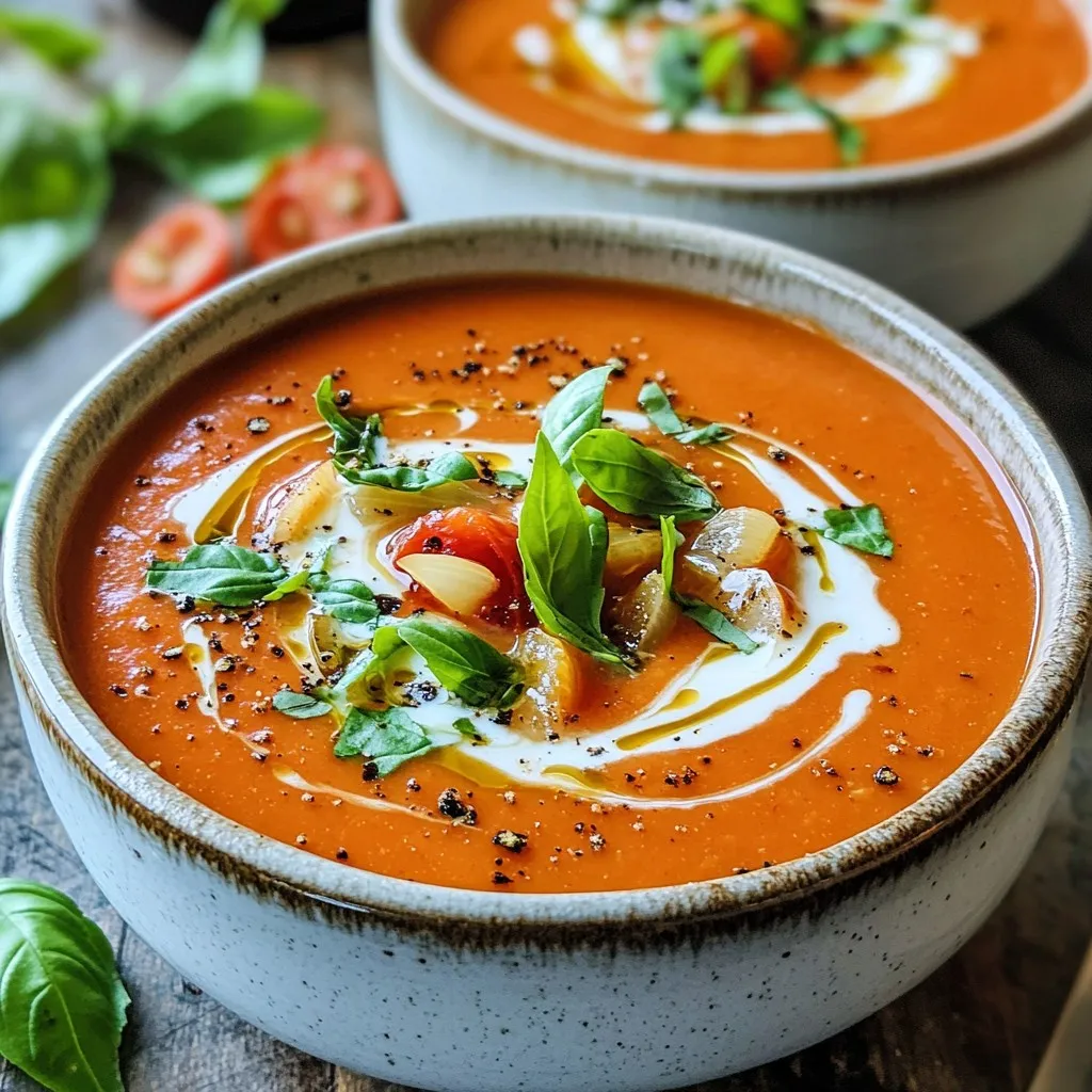 - 2 pounds ripe tomatoes, halved - 1 medium onion, chopped - 4 cloves garlic, peeled - 1/2 cup fresh basil leaves, chopped Fresh produce makes this soup shine. Ripe tomatoes are the star. Their sweetness adds a rich flavor. Choose tomatoes that feel firm. A medium onion gives depth to the taste. Garlic adds a nice kick. Fresh basil brightens the dish. Chop it up just before use for the best flavor. - 2 tablespoons olive oil - Salt and pepper to taste - 1 teaspoon dried oregano - 1 tablespoon balsamic vinegar (optional) Pantry staples are key for this soup. Olive oil helps roast the veggies and adds richness. Use salt and pepper to enhance flavors. Dried oregano gives a nice earthy note. Balsamic vinegar can add a sweet touch, but it’s optional. It’s great for those who want a little extra zing. - 2 cups vegetable broth - 1 cup heavy cream (or coconut cream for a lighter version) For a creamy texture, you need broth and cream. Vegetable broth adds depth and keeps it light. Heavy cream makes it rich and smooth. If you prefer a lighter soup, coconut cream works well. It offers a subtle sweetness and works perfectly with the tomatoes. First, preheat your oven to 400°F (200°C). This step is key for roasting. Next, take a baking sheet and arrange: - 2 pounds ripe tomatoes, halved - 1 medium onion, chopped - 4 cloves garlic, peeled Drizzle everything with 2 tablespoons of olive oil. Then, season with salt, pepper, and 1 teaspoon of dried oregano. Toss the veggies to coat them evenly. Now, it's time to roast. Place the baking sheet in your preheated oven. Roast for 30 to 35 minutes. You want the tomatoes to caramelize and the onions to become tender. Look for a nice golden color as a sign of doneness. Once the veggies are roasted, remove the baking sheet from the oven and let them cool a bit. Transfer the roasted ingredients to a blender. Add 2 cups of vegetable broth and blend until smooth. Next, pour the blended mixture into a pot over medium heat. Stir in 1 cup of heavy cream and bring it to a gentle simmer. Taste and add more salt and pepper if needed. Finally, stir in 1/2 cup of fresh basil leaves and 1 tablespoon of balsamic vinegar if you like. Let it cook for an extra 5 minutes. This helps all the flavors blend beautifully. Enjoy your creamy roasted tomato basil soup! Optimal Tomato Selection Choose ripe tomatoes for the best flavor. Look for tomatoes that are firm yet slightly soft to the touch. These tomatoes will have a sweet taste when roasted. Varieties like Roma or vine-ripened tomatoes work great. They add depth to your soup. Roasting Tips for Enhanced Flavors Roasting brings out natural sweetness. Spread your tomatoes, onions, and garlic evenly on the baking sheet. Drizzle with olive oil and season with salt and pepper. Don’t forget the dried oregano! Roasting at 400°F for 30 to 35 minutes caramelizes the veggies, adding rich flavors. Achieving Smooth Consistency Once your veggies have cooled, transfer them to a blender. Add vegetable broth to help with blending. Blend until smooth, and make sure there are no chunks. This step is key for that silky texture. Adjusting for Thickness If your soup is too thick, add more broth. Blend again to combine. For a thicker soup, let it simmer longer after blending. The cream will also help with thickness, so adjust based on your taste. Best Practices for Freshness Store leftover soup in airtight containers. This keeps it fresh for up to five days in the fridge. Allow the soup to cool before sealing. This helps avoid condensation in the container. Garnishing Ideas Garnish your soup with fresh basil leaves for a pop of color. A drizzle of cream adds richness. You can also sprinkle some croutons on top for crunch. Experiment with different toppings to find your favorite combination! {{image_2}} You can easily adjust the creamy roasted tomato basil soup to fit your needs. For a lighter version, use coconut cream instead of heavy cream. This swap adds a lovely hint of sweetness without the heaviness. It keeps the soup rich but light. For those who follow a vegan diet, consider using plant-based cream alternatives. Options like cashew cream or almond milk work well. They maintain the creamy texture and flavor while keeping the soup vegan. Want to boost the flavor even more? Add extra herbs and spices. Fresh thyme or rosemary can deepen the taste. A dash of smoked paprika adds warmth and depth. Experiment with these additions to find your favorite blend. If you want to make this soup a meal, consider adding protein. Grilled chicken or chickpeas can turn this soup into a hearty dish. Simply stir them in during the final cooking steps. When serving your creamy roasted tomato basil soup, pair it with the right sides. Grilled cheese sandwiches are a classic choice. The crisp bread and gooey cheese complement the soup perfectly. For a creative twist, try serving the soup in a bread bowl. It adds flavor and fun to the meal. You can also garnish the soup with extra basil leaves or a swirl of cream for a beautiful presentation. How Long Can It Last in the Fridge? Creamy roasted tomato basil soup can last about 4 to 5 days in the fridge. Make sure it cools down first before you store it. This way, it stays fresh longer. Proper Containers for Storage Use airtight containers to keep the soup safe. Glass or plastic containers work well. Ensure the lid seals tightly. This keeps out air and helps maintain flavor. Freezing Tips for Long-Term Preservation You can freeze this soup for up to 3 months. Let it cool completely before putting it in the freezer. Use freezer-safe bags or containers. Leave some space at the top to allow for expansion. Reheating Tips for Best Flavor When you're ready to eat it, thaw the soup overnight in the fridge. Warm it on the stove over medium heat. Stir often to keep it smooth. Add a splash of water or broth if it gets too thick. How to Tell if Your Soup Has Gone Bad Check for off smells or a change in color. If you see mold, do not eat it. A sour taste is also a sign that it’s time to toss it. Always trust your senses to keep your meal safe. Creamy roasted tomato basil soup is a rich blend of flavors. It features sweet, roasted tomatoes, savory onions, and fragrant garlic. The addition of fresh basil creates a fresh taste that lifts the soup. The heavy cream adds a silky texture, making it comforting and smooth. Each spoonful bursts with a mix of tangy and sweet notes. You’ll find it perfect for chilly days or as a light meal. To add heat, you can include a few red pepper flakes or diced jalapeños. Mix them in when you roast the vegetables. This will infuse the soup with a nice kick. You can also top the soup with a drizzle of hot sauce when serving. Experiment to find the spice level that you enjoy most. Yes, you can skip the heavy cream to make a lighter soup. Use coconut cream instead for a dairy-free option. You can also use more vegetable broth to keep the soup light. If you prefer, try adding a splash of almond milk for a creamy touch without the heaviness. This soup pairs well with many sides. A simple grilled cheese sandwich complements the flavors nicely. You might also enjoy it with a fresh salad or crusty bread. Try serving it with a sprinkle of parmesan on top for extra flavor. Each option enhances the soup and makes a fuller meal. To store leftovers, let the soup cool first. Transfer it to an airtight container. Place it in the fridge, and it will last for up to five days. For longer storage, freeze it in portions. Use freezer-safe bags or containers to avoid freezer burn. When ready to eat, reheat gently on the stove or in the microwave. In this post, we explored making a delicious creamy roasted tomato basil soup. You learned about essential ingredients like fresh produce and pantry staples. We walked through step-by-step instructions on preparing, roasting, and blending. You found tips on perfecting flavors and storage methods. Enjoy this soup with your favorite sides for a meal. Experiment with variations to suit your tastes. The joy of cooking lies in trying new things, so have fun with it!