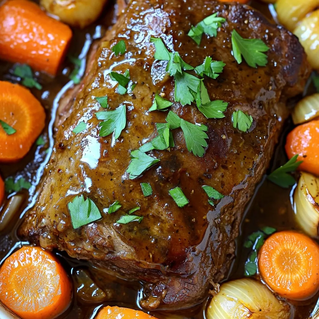 - 3-4 lbs chuck roast - 4 large carrots, chopped - 2 medium onions, quartered The chuck roast is a key part of this dish. It is a tough cut but turns tender with slow cooking. Choose a roast with good marbling for the best flavor. For vegetables, I use carrots and onions. They add sweetness and depth to the dish. - 1 cup balsamic vinegar - 1/2 cup honey - 1 cup beef broth - 4 cloves garlic, minced - 2 tablespoons soy sauce - 1 tablespoon Dijon mustard Balsamic vinegar brings a sweet tang to the sauce. Honey adds richness and balances the acidity. The beef broth enriches the flavor. Garlic adds a nice aroma, while soy sauce brings umami. Dijon mustard gives a subtle kick. - Salt and pepper to taste - 1 teaspoon dried thyme - 2 tablespoons olive oil Salt and pepper are essential for flavor. I always season the roast well. Thyme adds an earthy note. Olive oil is used for searing the roast, which enhances its taste. 1. First, season the chuck roast well with salt and pepper on all sides. This step adds flavor that you want in every bite. 2. Next, heat olive oil in a large skillet over medium heat. Once hot, sear the roast for about 2-3 minutes on each side until it’s nicely browned. This browning creates depth in flavor. 3. After searing, remove the roast from the skillet and set it aside. In the same skillet, add the minced garlic. Sauté for about 30 seconds until it smells great. This will enhance the dish with delicious garlic notes. 4. Now, in a bowl, whisk together the balsamic vinegar, honey, beef broth, soy sauce, Dijon mustard, and dried thyme. Mix until combined. This mixture will be your rich sauce. 5. Chop the carrots and quarter the onions. Place them at the bottom of the slow cooker. This creates a flavorful base for the roast. 6. Arrange the seared roast on top of the vegetables. Pour the balsamic-honey mixture over the roast and veggies. This will help keep everything moist during cooking. 7. Cover the slow cooker and set it to cook. You can choose to cook on low for 8 hours or on high for 4-5 hours. The roast is done when it is tender and pulls apart easily with a fork. 8. When the cooking time is up, carefully remove the roast and vegetables from the slow cooker. Let the roast rest for a few minutes before slicing. This helps keep the juices inside the meat. 9. If you want a thicker sauce, transfer the cooking liquid to a saucepan. Simmer it until it reduces to your desired thickness. This step enhances the sauce's flavor. 10. Serve the pot roast slices with the cooked vegetables, drizzled with the thickened sauce. Garnish with fresh parsley for a nice touch. This adds color and freshness to your dish. To make your pot roast really shine, follow these tips for seasoning: - Use a good amount of salt and pepper on the roast. This helps build flavor. - Sear the roast before slow cooking. This makes a crust that locks in juices. A simple sear takes about 2-3 minutes on each side. Browning the roast is key. It adds depth and a nice rich color to the dish. The process also enhances the sauce later. For the best tenderness, follow these slow cooking practices: - Cook on low for 8 hours. This gives the meat time to break down. - Avoid lifting the lid while cooking. Each time you do, heat escapes, which can make cooking take longer. Slow cooking works magic. The low heat turns tough cuts into tender bites. When serving your pot roast, think about these sides: - Mashed potatoes pair perfectly. They soak up the tasty sauce. - Roasted vegetables add color and crunch. Try green beans or Brussels sprouts. Garnish ideas can elevate your dish: - Fresh parsley adds a pop of color and freshness. - A sprinkle of black pepper enhances the look and flavor. These simple touches make your meal look and taste gourmet! {{image_2}} You can use different cuts of meat for this pot roast. Try using brisket or round roast. These cuts can also be tender and flavorful. For vegetables, swap in parsnips or sweet potatoes. They add a nice touch and taste great. Want to change the flavor? Adding red wine can deepen the taste. Use about half a cup with the balsamic mixture. You can also play with spices. Try adding rosemary or bay leaves for extra flavor. If you need gluten-free options, use tamari instead of soy sauce. This small change keeps the taste while meeting your needs. For low-sugar adjustments, reduce the honey. You can use a sugar substitute like stevia for a healthier option. To store leftovers, let the pot roast cool down first. Once cool, cut the roast into chunks. Place the meat and veggies in an airtight container. Pour some sauce over them to keep them moist. This helps keep the flavors fresh. Store in the fridge for up to three days. For storage containers, use glass or plastic containers with tight lids. Ensure they are safe for the fridge. Avoid using metal containers, as they may react with the sauce. To freeze the pot roast, let it cool completely. Cut it into portions for easy use later. Wrap each portion tightly in plastic wrap or foil. Then, place them in freezer-safe bags. Remove as much air as possible to prevent freezer burn. When you are ready to eat, thaw the pot roast in the fridge overnight. For quick thawing, use the microwave on the defrost setting. Reheat in a pot on the stove or in the microwave until hot. You can also add a splash of broth to keep it moist. For best freshness, eat the leftovers within three days if refrigerated. If frozen, use the pot roast within three months for the best taste. Always check for any off smells or changes in texture before eating. This ensures you enjoy your meal safely. You should cook the pot roast for 8 hours on low or 4-5 hours on high. This makes the meat very tender. The long cooking time allows the flavors to blend well. You can check if it is ready by using a fork. If the meat pulls apart easily, it is done. Yes, you can substitute with red wine vinegar or apple cider vinegar. These options add a nice tang to the dish. Just keep the same amount, one cup. This will maintain the balance of flavors. You can add red pepper flakes or chili powder to the sauce. Start with half a teaspoon and adjust to your taste. You can also use spicy mustard instead of Dijon. This gives a nice heat without changing the dish too much. Yes, you can cook it in an oven. Use a Dutch oven and follow the same steps. Cook it at 300°F (150°C) for about 3-4 hours. Check the meat for tenderness. You can also use a pressure cooker to speed up the process. Cook for about 60-70 minutes under high pressure. You now have all you need to make a delicious pot roast. We covered the main ingredients, sauce details, and seasonings. I showed you step-by-step how to prepare and cook it slowly for the best flavor. We also explored tips for tenderness and great sides to serve. Plus, I shared variations and storage tips to keep your meal fresh. Remember, cooking is about having fun and experimenting. Enjoy your pot roast, and don't hesitate to try new flavors!