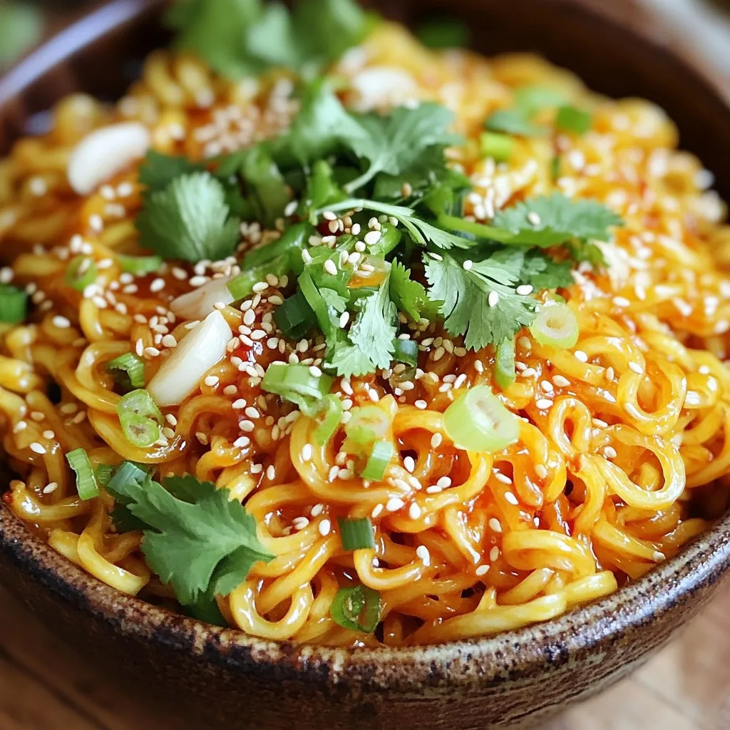 - 200g noodles (options: rice, egg, or wheat) - 3 tablespoons chili oil - 5 cloves garlic, minced - 1 tablespoon ginger, minced - 1 tablespoon soy sauce - 1 tablespoon rice vinegar - 1 tablespoon sesame oil - 1 tablespoon honey or agave syrup - 2 green onions, sliced - 1 teaspoon sesame seeds - Salt and pepper to taste - Fresh cilantro for garnish When I create Spicy Garlic Chili Crisp Noodles, I choose the noodles based on the texture I want. Rice noodles are light, egg noodles are rich, and wheat noodles are hearty. Each type brings a unique taste and feel to the dish. Chili oil gives the noodles their heat. I love using three tablespoons because it packs a punch. The garlic and ginger add depth and aroma, making the dish even better. Soy sauce and rice vinegar balance the spice with saltiness and tang. Sesame oil brings a nutty flavor that ties everything together. Honey or agave syrup adds a touch of sweetness to round out the flavors. I like to finish with sliced green onions and sesame seeds. They add crunch and color. Fresh cilantro brightens the dish and makes it look pretty. You can adjust salt and pepper to your taste. Feel free to add more chili oil if you crave more heat. Each ingredient plays a role in creating a quick, flavorful meal. To cook the noodles, boil a large pot of salted water. Use enough water to allow the noodles to move freely. Follow the package instructions for cooking time. This may vary based on the type of noodles you choose. Check the noodles a minute or two before the time is up. You want them al dente, which means they should be firm but not hard. Once done, drain the noodles in a colander. Rinse them briefly under cold water to stop the cooking process. Set them aside until you are ready to add them to the dish. The sauce is the heart of this dish. It combines several ingredients that bring flavor and zest. Here are the main components: - Chili oil adds heat and richness. - Minced garlic provides a bold, aromatic base. - Minced ginger gives a warm, spicy kick. - Soy sauce lends umami and saltiness. - Rice vinegar adds a tangy note. - Sesame oil gives a nutty depth. - Honey or agave syrup balances the spice with sweetness. You can customize the spice level by adding more chili oil if you like it hot. Start with less if you prefer milder flavors. Whisk all the ingredients in a small bowl until well combined. Sautéing garlic is key to enhancing its flavor. In a skillet over medium heat, add a tablespoon of chili oil. Once hot, add the minced garlic. Stir it for about one to two minutes until it is fragrant and lightly golden. Be careful not to burn the garlic, as it can turn bitter. Next, add the drained noodles to the skillet. Pour your prepared sauce over the noodles. Toss everything together until the noodles are well coated with the sauce. This step ensures each noodle is packed with flavor. Finally, stir in the sliced green onions and sesame seeds. Season with salt and pepper to taste. For a fresh finish, garnish with cilantro. Serve your spicy garlic chili crisp noodles hot and enjoy the burst of flavors! - Use the right pot size for boiling. A large pot helps noodles cook evenly. - Salt your water well. This adds flavor to the noodles. - For rice noodles, soak them in hot water, not boiling. This keeps them from getting mushy. - Egg and wheat noodles cook quickly. Keep an eye on them to avoid overcooking. To prevent mushy noodles, always cook them al dente. Drain them right away and rinse with cold water. This stops the cooking process and keeps them firm. You can spice up the sauce with simple additions: - Add crushed red pepper for more heat. - Toss in a splash of lime juice for brightness. - Try adding a tablespoon of peanut butter for creaminess. Check your pantry for extras. Soy sauce can be swapped with tamari for a gluten-free option. Honey can be replaced with maple syrup if needed. Serving style matters. Here are some fun ways to dish up: - Use a large bowl for a cozy family style or small bowls for individual servings. - Create height by twirling the noodles with a fork. - Sprinkle sesame seeds and green onions on top for color. For garnishing, fresh cilantro adds a pop of green. A slice of lime on the side brings a nice touch. Enjoy making it look as good as it tastes! {{image_2}} You can easily make this dish vegan. Use plant-based noodles, like rice noodles, instead of egg noodles. Swap honey for agave syrup or maple syrup. Use vegetable broth to add depth to the sauce. This keeps all flavors intact while being friendly to a plant-based diet. For flavor, consider adding mushrooms or leafy greens. These ingredients add texture and nutrients. You can also toss in some bell peppers or zucchini. They soak up the sauce well and make the dish colorful. Want to add protein? Chicken, shrimp, or tofu work great in this recipe. If using chicken, slice it thin and sauté it first. Cook until it's golden and done, then set aside. Add it back to the noodles at the end. For shrimp, just toss them in the skillet until they turn pink. They cook fast, so keep an eye on them. If you prefer tofu, use firm tofu. Press it to remove water, then cube and pan-fry it until crispy. Add this to the noodles, too. Scale your ingredients based on protein choice. For chicken or shrimp, about 200 grams is enough. For tofu, try 150 grams for a nice balance. Need more heat? You can add more chili oil to the sauce. Each additional tablespoon boosts the spice. Want to switch things up? Try different chili oils, like Sichuan or garlic-infused chili oil. They each bring unique flavors. You can also use hot sauce if you prefer. Sriracha or sambal oelek add heat and tang. Want a smoky twist? Add some smoked paprika or chipotle powder. These will change the flavor profile and keep things exciting. To keep your spicy garlic chili crisp noodles fresh, follow these tips: - Refrigeration: Place leftovers in an airtight container. This keeps the flavors locked in. Store in the fridge for up to three days. - Separate Storage: Keep noodles and sauce apart. This prevents the noodles from getting soggy. Store the sauce in a small jar or bowl. When you’re ready to enjoy your leftovers, try these methods: - Stovetop: Heat a skillet over medium heat. Add a splash of oil and the noodles. Stir for a few minutes until warm. - Microwave: Place noodles in a microwave-safe bowl. Cover with a damp paper towel. Heat in short bursts until warmed through. - Avoiding Sogginess: Always reheat noodles gently. If they look dry, add a bit of sauce or oil to keep them tasty. Can you freeze these noodles? Yes, you can! - Freezing: Place cooked noodles in a freezer-safe bag. Remove as much air as you can. Freeze for up to a month. - Best Practices: For best results, freeze the noodles without sauce. This keeps their texture. - Defrosting: To use, take them out a day before. Place in the fridge. Reheat as mentioned above when ready to eat. You can use many types of noodles for this dish. Here are my favorites: - Rice noodles: These are great for a light texture and soak up the sauce well. - Egg noodles: They offer a nice chew and rich flavor. - Wheat noodles: Perfect for a hearty bite and hold the sauce nicely. Each type brings its own charm, so choose what you love! Yes, you can easily change the spice level. Here are some tips: - Add more chili oil: Increase the amount for more heat. - Use fresh chili: Toss in some sliced fresh chili for an extra kick. - Adjust sauce ingredients: Cut back on chili oil if you want it milder. Feel free to experiment until you find your perfect heat! Leftovers can last in the fridge for about 3 to 4 days. Here are some storage tips: - Cool before storing: Let the noodles cool down first. - Use airtight containers: This helps keep them fresh longer. - Check for signs of spoilage: Discard if there's any off smell or mold. Keep your leftovers safe and tasty! Yes, you can prep parts of this dish ahead. Here’s how: - Cook noodles in advance: You can cook them a day before and store in the fridge. - Make the sauce ahead: Mix the sauce and store it separately. - Combine just before serving: This keeps everything fresh and flavorful. Meal prep can make your cooking easier and quicker! This blog post covered how to make a tasty noodle dish. We discussed the key ingredients, step-by-step cooking instructions, and tips for perfect noodles. You also learned how to customize the sauce and add proteins. I shared storage methods for your leftovers and answered common questions. Try making this dish with your own twists. Simple changes can make it special. Enjoy creating meals that excite your taste buds!