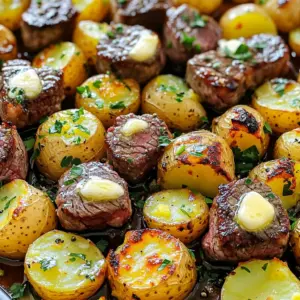 - 1 lb sirloin steak, cut into bite-sized pieces - 1 lb baby potatoes, halved - 4 tablespoons unsalted butter - 4 cloves garlic, minced - 1 teaspoon fresh rosemary, chopped (or ½ teaspoon dried) - 1 teaspoon fresh thyme, chopped (or ½ teaspoon dried) - Salt and pepper to taste - 1 tablespoon olive oil - Fresh parsley, chopped (for garnish) Gathering the right ingredients is key to making garlic butter steak bites and potatoes shine. I love using sirloin steak because it is tender and flavorful. Cut it into small pieces for quick cooking. Baby potatoes add a nice texture and sweetness to the meal. Halving them helps them cook evenly. The garlic and herbs bring out the best flavors. Minced garlic adds a strong taste, while rosemary and thyme give a fresh touch. Always season with salt and pepper to enhance the overall dish. Don’t forget the butter! It melts beautifully and creates a rich sauce. A touch of olive oil helps the potatoes roast nicely. Finally, fresh parsley adds a pop of color and freshness as a garnish. This combination is simple yet delicious, making it a perfect weeknight meal. First, preheat your oven to 400°F (200°C). This step is key for making perfect, crispy potatoes. While the oven warms up, grab a large bowl. Toss your halved baby potatoes with one tablespoon of olive oil, salt, and pepper. Make sure each potato is coated well. This adds flavor and helps them roast evenly. Next, spread the potatoes on a baking sheet in a single layer. Place the baking sheet in the oven. Roast the potatoes for about 20 to 25 minutes. Stir the potatoes halfway through. This helps them cook evenly and get that golden-brown look. You want them to be fork-tender when they are done. While the potatoes roast, it’s time to cook the steak bites. Heat a skillet over medium-high heat. Add four tablespoons of unsalted butter and let it melt. Once it’s bubbling, add four cloves of minced garlic. Sauté the garlic for about 30 seconds. You want it fragrant but not burnt. Now, increase the heat to high. Add your bite-sized sirloin steak pieces to the skillet. Make sure they are in a single layer. Season the steak with salt, pepper, fresh rosemary, and fresh thyme. Cook the steak for about 2 to 3 minutes per side. You want them nicely browned and cooked to your liking. Once the steak bites are ready, take both the steak and potatoes off the heat. If you like, toss the roasted potatoes with the steak in the skillet. This mixes the flavors well. Now, you’re ready to serve this tasty dish! Choosing the right cut of steak is key. I like using sirloin for its flavor and tenderness. It cooks nicely and stays juicy. You can also try filet mignon if you want something extra special. Cooking times can vary. For medium-rare, aim for 2-3 minutes per side. For medium, cook a minute longer. Always check with a meat thermometer. It should read 130°F for medium-rare and 140°F for medium. To boost flavors, consider adding spices like smoked paprika or cayenne pepper. They add a nice kick. Fresh herbs like oregano and basil can also work well. Be careful with garlic. It cooks fast and can burn easily. Sauté it just until fragrant, about 30 seconds. If it turns brown, it will taste bitter. For a family-style meal, serve everything on a large platter. Arrange the steak bites around the potatoes for a nice look. To enhance visual appeal, drizzle any leftover garlic butter over the top. A sprinkle of fresh parsley adds color and freshness. This not only looks great but also makes it more inviting for everyone at the table. {{image_2}} You can switch up the steak to suit your taste. If sirloin isn't your favorite, try: - Ribeye for extra flavor - Tenderloin for a leaner bite - Flank steak for a budget-friendly option You can also change the potatoes. Baby potatoes are great, but you can use: - Yukon gold potatoes for creaminess - Red potatoes for a bit of sweetness - Sweet potatoes for a healthy twist Feel free to add vegetables, too. Some great options include: - Bell peppers for a pop of color - Zucchini for a light crunch - Broccoli for extra nutrients Want to change the flavors? It's easy to do! Try different herbs or spices. Here are some ideas: - Oregano for a Mediterranean touch - Basil for a fresh, sweet taste - A pinch of chili flakes for heat You can also adjust the garlic butter. For a richer taste, add more butter. To make it lighter, reduce the butter slightly. You can even add lemon juice for a zesty kick. If you need gluten-free options, this dish is already safe! Just check your butter and seasonings for any hidden gluten. For low-carb alternatives, consider these swaps: - Use cauliflower instead of potatoes for a veggie-packed option - Replace steak with chicken or tofu for a lighter meal These changes keep the dish tasty while fitting your diet! To keep garlic butter steak bites and potatoes fresh, use airtight containers. I recommend glass or plastic containers with tight lids. Make sure to let the dish cool before sealing. This helps prevent moisture buildup, which can make the food soggy. Store leftovers in the fridge for up to three days. Label the containers with the date. This way, you know when to use them. For the best flavor and texture, reheat leftovers in a skillet. Heat the skillet on medium-low. Add a splash of water or broth to keep it moist. Stir gently while reheating. This method prevents the steak from getting tough. You can also use the microwave. Place the food in a microwave-safe dish. Cover it with a damp paper towel. Heat in short bursts, stirring in between, until warm. Yes, you can freeze garlic butter steak bites and potatoes. Just make sure they are completely cool before freezing. Place them in freezer-safe bags or containers. Remove as much air as possible to avoid freezer burn. They can last up to three months in the freezer. To thaw, place them in the fridge overnight. Reheat in a skillet or microwave as mentioned before. This keeps the flavors and textures nice. Making garlic butter is easy and fun. You need just two main ingredients: butter and garlic. Start with four tablespoons of unsalted butter. Let it sit at room temperature until soft. Add four cloves of minced garlic. Mix well. You can also add herbs like rosemary or thyme for extra flavor. This garlic butter adds a rich taste to your steak bites and potatoes. For steak bites, I recommend using sirloin steak. It is tender and flavorful. The key is to cut it into bite-sized pieces. Other good options include ribeye or tenderloin. Both bring great taste and tenderness. Just remember, the better the cut, the better your dish will be! Yes, you can prepare parts of this recipe ahead of time. You can cut the steak and potatoes early. Store them covered in the fridge. When ready to cook, just follow the steps. For reheating, warm the steak and potatoes in a skillet. This keeps them juicy and tasty. This blog post covered how to make garlic butter steak bites with roasted potatoes. You learned about the key ingredients, easy steps for cooking, and useful tips for great flavor. We also explored variations to suit your taste and dietary needs. Remember, cooking is about experimenting. Feel free to try different cuts of steak or add new vegetables. With practice, you'll perfect this dish. Enjoy your time in the kitchen. Happy cooking!