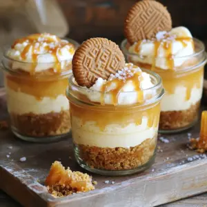 To make your Salted Caramel Biscoff Cheesecake Cups, gather these simple items: - 200g Biscoff cookies (crushed) - 100g unsalted butter (melted) - 400g cream cheese (softened) - 100g powdered sugar - 1 teaspoon vanilla extract - 200ml heavy whipping cream - 100g salted caramel sauce (plus extra for drizzling) - A pinch of sea salt - Biscoff cookies (for garnish) You can tweak your cheesecake cups to fit your taste. Here are some ideas: - Add a splash of coffee to the cream cheese mix for a mocha flavor. - Swap Biscoff cookies with Oreos for a chocolate twist. - Mix in some crushed nuts for a crunchy texture. If you need to switch out ingredients, here are some great options: - Use gluten-free cookies instead of Biscoff for a gluten-free dessert. - Replace heavy cream with coconut cream for a dairy-free option. - Instead of powdered sugar, use maple syrup for a natural sweetener. These ingredients create a rich and creamy dessert that is sure to impress. To start, gather your Biscoff cookies and melted butter. In a medium bowl, mix the crushed cookies with the butter. Stir until it looks like wet sand. This mixture will form the base of our cheesecake cups. Take your serving cups or small jars and divide the cookie mix evenly into them. Press it down firmly to create a nice, sturdy crust. Then, set the cups aside in the refrigerator to chill while you make the cheesecake filling. Now, let’s make the creamy cheesecake layer. In a large mixing bowl, beat the softened cream cheese. Add the powdered sugar and vanilla extract, mixing until smooth and creamy. This step is key for a delightful texture. In another bowl, whip the heavy cream until soft peaks form. This adds fluffiness to your cheesecake. Gently fold the whipped cream into the cream cheese mixture. Be careful not to deflate the cream. Finally, add the salted caramel sauce and a pinch of sea salt. Fold this in until it’s well mixed, creating a rich, sweet flavor. Now it’s time to assemble! Spoon or pipe the cheesecake mixture on top of the chilled cookie crust in each cup. Fill them all the way to the top for a stunning look. Drizzle some extra salted caramel sauce over each layer. A tiny pinch of sea salt adds that perfect touch. To finish, garnish each cup with a Biscoff cookie on top. Chill your cups in the refrigerator for at least two hours. This helps everything set perfectly and makes them easy to serve later. Enjoy your delicious salted caramel Biscoff cheesecake cups! To make great whipped cream, start with cold tools. Use a chilled bowl and beaters. This helps the cream whip faster. Pour the heavy cream into your bowl. Beat it until soft peaks form. This means it holds its shape but is still fluffy. Don't overbeat it. If you do, it turns into butter! Gently fold the whipped cream into your cheesecake mix. This keeps it light and airy. You can change up the flavors in your cheesecake cups. Try using different cookies for the crust. Ginger snaps or Oreos work well. You can also switch the caramel sauce for chocolate sauce. Add a pinch of espresso powder for a coffee kick. Want a fruity twist? Fold in some crushed berries or lemon zest. These small changes can create a new dessert experience. Make your cheesecake cups look stunning! Use clear cups or jars to show off the layers. Drizzle extra salted caramel sauce on top right before serving. Sprinkle crushed Biscoff cookies for crunch and style. You can even add a fresh berry for color. Arrange the cups on a decorative tray. This makes your dessert look even more inviting. Serve chilled for the best taste! {{image_2}} You can swap Biscoff cookies for other types. Try Oreo cookies for a chocolate twist. Graham crackers add a classic touch. You can also use digestive biscuits for a different flavor. Each cookie brings its special taste to the cheesecake cups. Experiment with what you love most! Toppings can change how your cheesecake cups look and taste. Use fresh fruit like strawberries or raspberries for a fruity kick. Shaved chocolate adds richness and a nice visual. You could also sprinkle crushed nuts for a crunchy texture. Each topping makes your dessert unique! If you're looking for lighter options, you can make some swaps. Use low-fat cream cheese to cut down on calories. Greek yogurt can also replace cream cheese for a tangy twist. Opt for a sugar substitute in place of powdered sugar. These swaps keep the flavor while making it healthier! To keep your cheesecake cups fresh, store them in the fridge. Use airtight containers to prevent any odors from getting in. If you have leftover cheesecake cups, cover them with plastic wrap or a lid. This keeps the flavor and texture intact. Remember to chill them until you're ready to serve. It's best to eat them within a few days for the best taste. You can freeze the cheesecake cups if you want to save them for later. First, make sure they are fully chilled. Then, wrap each cup tightly in plastic wrap. After that, place them in a freezer-safe bag or container. This will help prevent freezer burn. When you're ready to eat them, thaw them in the fridge overnight. Avoid microwaving to keep the texture smooth. These cheesecake cups can last in the fridge for about 4 to 5 days. If you freeze them, they can last up to 2 months. Just remember that the longer they sit, the texture might change slightly. To enjoy the best flavor and creaminess, try to eat them sooner rather than later. Yes, you can make these cheesecake cups ahead of time. They taste even better after chilling. I recommend making them a day before serving. This gives the flavors time to blend. After you prepare them, cover each cup and place them in the fridge. They will stay fresh and delicious for up to three days. You know the cheesecake mixture is ready when it is smooth and creamy. First, mix the cream cheese, powdered sugar, and vanilla extract until there are no lumps. Then, fold in the whipped cream gently. It should look light and fluffy. If it holds its shape when you spoon it, you are good to go! You can serve these cheesecake cups with a variety of tasty options. Try fresh berries like strawberries or raspberries for a fruity contrast. A dollop of whipped cream also adds a nice touch. You could even pair them with some extra Biscoff cookies for crunch. Each bite will be a delightful mix of flavors! You learned how to make delicious cheesecake cups step by step. We covered key ingredients and helpful tips. You can customize your dessert with different flavors and toppings. Remember to follow the storage tips for the best taste. These cheesecake cups are great for sharing or special occasions. Enjoy creating your tasty dessert masterpiece!