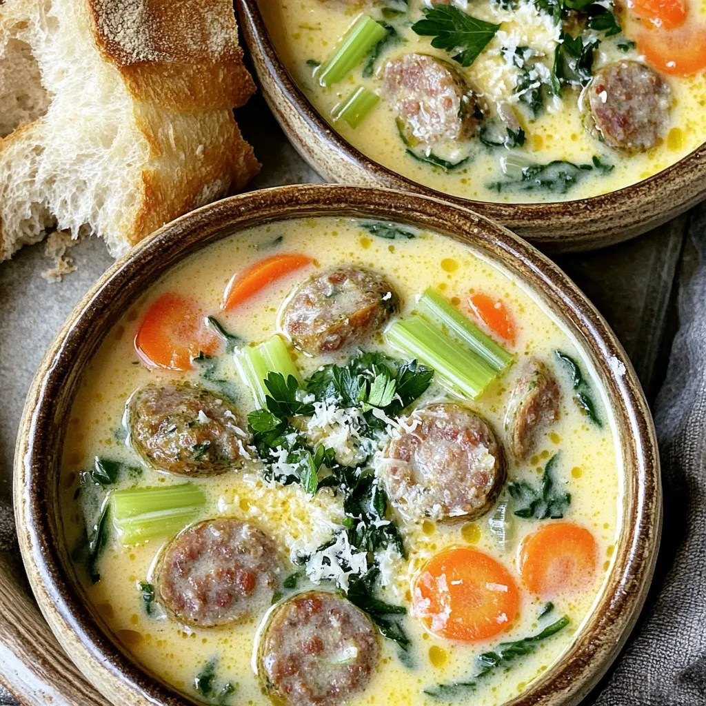 To create this tasty soup, you need the following main ingredients: - 1 pound Italian sausage (choose mild or spicy based on your taste) - 1 medium onion, chopped - 3 cloves garlic, minced - 3 medium carrots, sliced - 3 celery stalks, diced - 4 cups chicken broth - 1 can (14.5 oz) diced tomatoes (undrained) - 1 teaspoon Italian seasoning - 1/2 teaspoon red pepper flakes (optional, for heat) - 2 cups fresh spinach - 1 cup heavy cream - Salt and pepper to taste - Fresh parsley, chopped (for garnish) You can add these optional ingredients for extra flavor: - Grated Parmesan cheese (for serving) - Extra red pepper flakes (if you like it spicy) - A splash of white wine (for depth) If you don’t have some ingredients, here are some substitutes: - Use ground turkey or chicken instead of Italian sausage. - Swap chicken broth with vegetable broth for a vegetarian version. - Use coconut cream instead of heavy cream for a dairy-free option. - If you don’t have fresh spinach, use kale or Swiss chard instead. Start by taking one pound of Italian sausage. You can choose between mild or spicy, depending on your taste. Heat a skillet over medium heat. Add the sausage and cook until it is brown. This should take about 5 to 7 minutes. Make sure to break it apart as it cooks. Once done, drain any fat. Now, move the cooked sausage into your slow cooker. Next, you will need to prepare the vegetables. Chop one medium onion and mince three cloves of garlic. Slice three medium carrots and dice three celery stalks. In the same skillet, add your chopped onion, garlic, carrots, and celery. Sauté these together for about 3 to 4 minutes. You want them to soften a bit. After this, transfer the vegetables into the slow cooker with the sausage. Now it's time to bring it all together. Pour in four cups of chicken broth into the slow cooker. Add one can of undrained diced tomatoes. Sprinkle in one teaspoon of Italian seasoning and half a teaspoon of red pepper flakes if you want heat. Stir everything well to combine. Cover the slow cooker and cook on low for 6 to 7 hours or on high for 3 to 4 hours. Thirty minutes before you serve, add two cups of fresh spinach and one cup of heavy cream. Stir it in well and cover again. This makes the soup rich and creamy. Before serving, taste it and add salt and pepper as needed. To get that rich, creamy texture, use heavy cream. Stir it in just before serving. This keeps the cream smooth and delicious. You can also add a little more broth if the soup is too thick. This balance helps maintain a perfect consistency. Start by browning the sausage. This step adds depth to the soup. Then, sauté the onion, garlic, carrots, and celery together. This mix boosts flavor in every bite. The Italian seasoning and red pepper flakes enhance the taste even more. Don’t skip these! One mistake is overcooking the spinach. Add it 30 minutes before serving. This way, it stays bright and fresh. Another mistake is not tasting before serving. Always adjust with salt and pepper. Finally, avoid skipping the cream. It brings everything together for a delightful finish. {{image_2}} You can boost the soup's flavor and health by adding more veggies. Consider using bell peppers for sweetness and color. Zucchini adds a nice texture. You might also try green beans or peas for crunch. Each vegetable brings its own taste, making the soup unique. Feel free to mix and match based on what you have at home. To make this soup gluten-free, use a gluten-free broth. Most store-bought chicken broths are safe, but always check labels. For a dairy-free version, replace heavy cream with coconut milk or almond milk. These options create a creamy texture and keep the rich taste. You won’t miss the dairy, and your soup will still shine. While Italian sausage is a classic, you can switch things up. Try chicken sausage for a leaner choice. Ground turkey or beef also works well. If you prefer a meatless soup, use lentils or beans for protein. Each protein option changes the soup's flavor and texture, giving you many ways to enjoy it. To store your leftover soup, let it cool first. Once cool, pour it into an airtight container. Make sure to seal it well. You can keep the soup in the fridge for up to 3 days. Just remember to label the container with the date. This way, you won’t forget when you made it! When you’re ready to enjoy the soup again, take it out of the fridge. Pour it into a pot and heat it on the stove. Stir it often to help it warm evenly. You can also use a microwave. Just place it in a safe dish and cover it. Heat it in short bursts, stirring in between. This helps avoid hot spots. For long-term storage, freezing is a great option. Let the soup cool completely. Then, use freezer-safe bags or containers. Make sure to leave some space at the top for expansion. Label them with the date and type of soup. You can freeze the soup for up to 3 months. When you’re ready to eat, thaw it in the fridge overnight. Then reheat as mentioned above. Enjoy your tasty meal anytime! Yes, you can use fresh sausage. Fresh sausage gives a different taste. You may need to add spices to match the flavor of Italian sausage. Try using garlic, fennel seeds, or oregano to boost the taste. Experiment until you find what you like best. You can store this soup for up to five days in the fridge. Be sure to let it cool before putting it in a container. For longer storage, freeze it for up to three months. Just remember to label the container with the date. This soup pairs well with crusty bread. You can also serve it with a fresh salad. Try adding a side of garlic bread for extra flavor. A sprinkle of grated Parmesan cheese on top adds a nice touch too! Enjoy mixing and matching your sides! This post covered how to make Slow Cooker Creamy Tuscan Sausage Soup. We discussed key ingredients, cooking steps, and tips for a successful dish. I shared ideas for variations and storage methods, ensuring you can enjoy it later. Remember, using fresh ingredients and watching cooking times help enhance flavor. Explore different veggies or proteins for a new twist. With these tips, you’ll make a soup that warms your heart and feeds your soul. Enjoy your cooking journey!