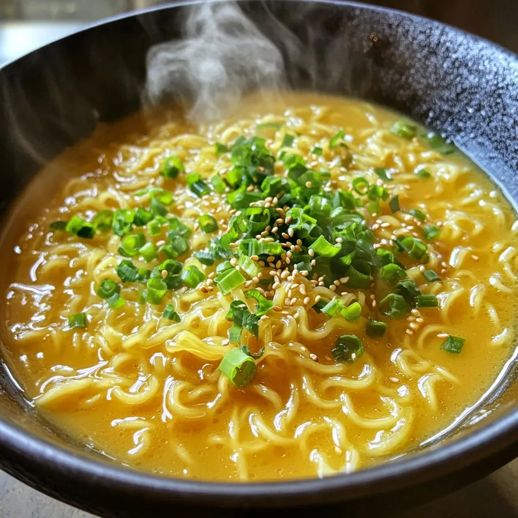 - 2 packs of instant ramen noodles - 2 tablespoons unsalted butter - 2 tablespoons honey - 1 teaspoon garlic powder - 1 teaspoon soy sauce - 1 green onion, finely chopped - 1/2 teaspoon sesame seeds (optional for garnish) - Salt and pepper to taste For this Minute Honey Butter Ramen, you need simple ingredients. First, grab two packs of instant ramen noodles. These are quick to cook and full of flavor. Next, you will need two tablespoons of unsalted butter. This adds a rich taste to the dish. You also need two tablespoons of honey. Honey gives a sweet touch that balances the savory flavors. To add depth, use one teaspoon of garlic powder. It adds that delicious aroma and taste. One teaspoon of soy sauce brings a savory kick to the mix. Don't forget one green onion, finely chopped. It adds freshness and crunch when you sprinkle it on top. If you love a bit of texture, consider using half a teaspoon of sesame seeds. They are optional but can enhance the look and taste of your ramen. Finally, add salt and pepper to taste. These will help you adjust the flavor to your liking. With these ingredients, you are set to make a tasty meal in just a few minutes. Cooking should be fun and easy, and this recipe is a great way to enjoy a quick dish with big flavor. First, you need to boil water in a medium pot. Once the water is bubbling, add the two packs of instant ramen noodles. Cook them according to the package instructions for about 3 to 4 minutes. After the noodles are done, drain them but save about 1/4 cup of the cooking water. This will help later. While the noodles cook, you can make the honey butter sauce. Take a small saucepan and place it over low heat. Add 2 tablespoons of unsalted butter and 2 tablespoons of honey. Stir them together until the butter melts completely. Then, add 1 teaspoon of garlic powder and 1 teaspoon of soy sauce. Mix everything well and let it simmer for one more minute. Remove it from the heat when it’s done. Now, it’s time to bring everything together. Put the cooked noodles back in the pot. Pour the honey butter sauce over the noodles. Use the reserved cooking water to adjust how thick the sauce is. Toss the noodles well to coat them evenly. Season with salt and pepper to taste. Serve your ramen in bowls and enjoy! To cook instant ramen, start with a pot of boiling water. Add the ramen noodles and let them cook for 3-4 minutes. Stir gently to keep them from sticking. To avoid overcooking, watch the time closely. Taste a noodle around the 3-minute mark. If it is soft but still firm, it's ready. Drain the noodles but save about 1/4 cup of the cooking water. This step helps keep the sauce creamy. You can boost the flavor of your honey butter ramen with extra seasonings. Try adding a dash of chili flakes for heat or a bit of ginger for warmth. Fresh herbs like cilantro or basil add a bright touch. They also provide a fresh crunch that contrasts nicely with the creamy sauce. Using fresh herbs makes your meal look and taste gourmet. You can easily add protein to your ramen. Shrimp or chicken works great. Cook them separately and toss them in at the end. For a vegetarian option, use tofu or chickpeas. You can also swap instant ramen for rice noodles or zucchini noodles. They give a different texture and taste, making the dish your own. {{image_2}} You can make honey butter ramen even better by adding heat. Chili flakes or sriracha will give your dish a fun twist. Start by adding 1/2 teaspoon of chili flakes to the honey butter sauce. If you prefer sriracha, add 1 tablespoon while mixing the sauce. This spicy touch makes the sweet flavors pop. The heat balances the sweetness and adds depth. Want a rich and creamy taste? You can add cream or coconut milk to the dish. Use 1/4 cup of heavy cream or full-fat coconut milk. Stir it in when you mix the honey butter sauce. This gives the ramen a velvety texture. The creaminess pairs well with the sweet and savory notes. It transforms this quick meal into a comforting bowl of goodness. Adding veggies is a great way to boost nutrition. You can choose seasonal vegetables like spinach, carrots, or bell peppers. Just chop them up and add them to the noodles while they cook. This keeps the veggies crisp and colorful. Toss them in with the honey butter sauce. The fresh flavors and crunch will elevate your ramen experience. After making Minute Honey Butter Ramen, you may have some left. To keep it fresh, let the ramen cool down. Then, place it in an airtight container. This helps to keep moisture in and air out. Store it in the fridge. It will stay good for about 3 days. If you want to keep it longer, consider freezing it. You can freeze it for up to a month. Just remember, freezing may change the texture a bit. When it’s time to enjoy your leftovers, you can reheat them easily. The best method is to use a saucepan. Add a splash of water or broth. This helps to keep the noodles from sticking. Heat it on low, stirring gently. This method keeps the noodles soft. You can also use a microwave. Put your ramen in a bowl, add a bit of water, and cover it. Heat for 1-2 minutes, then check. To refresh the dish, consider adding a bit of fresh green onion or sesame seeds. This adds flavor and crunch. Enjoy your ramen just like it was fresh! Minute Honey Butter Ramen is a quick and tasty dish. It features soft ramen noodles coated in a sweet and buttery sauce. The mix of honey, butter, and garlic powder gives it a lovely flavor. This meal is easy to make and ready in just ten minutes. You can serve it with green onions and sesame seeds for extra taste. This dish is perfect for those busy nights when you want something good fast. Yes, you can use other noodles if you prefer. You might try udon, soba, or rice noodles. Each type will change the taste and texture. If you want a chewier bite, go for udon. Soba noodles add a nutty flavor, while rice noodles are light and gluten-free. Just cook them according to the package directions, then mix with the sauce like you would with ramen. You can make Minute Honey Butter Ramen gluten-free. Look for gluten-free instant noodles, which are easy to find in stores. Rice noodles are also a great choice. Just make sure to check the labels on the soy sauce and butter too. Some brands offer gluten-free versions. This way, you can enjoy a tasty meal without gluten. This blog offers a tasty way to enjoy instant ramen with honey butter sauce. You learned how to cook the noodles, prepare the sauce, and mix them together. I shared tips for perfecting your dish and exciting variations. Also, I covered storing and reheating leftovers. In conclusion, this recipe is simple and fun. Feel free to get creative with flavors and ingredients. Enjoy your delicious honey butter ramen!