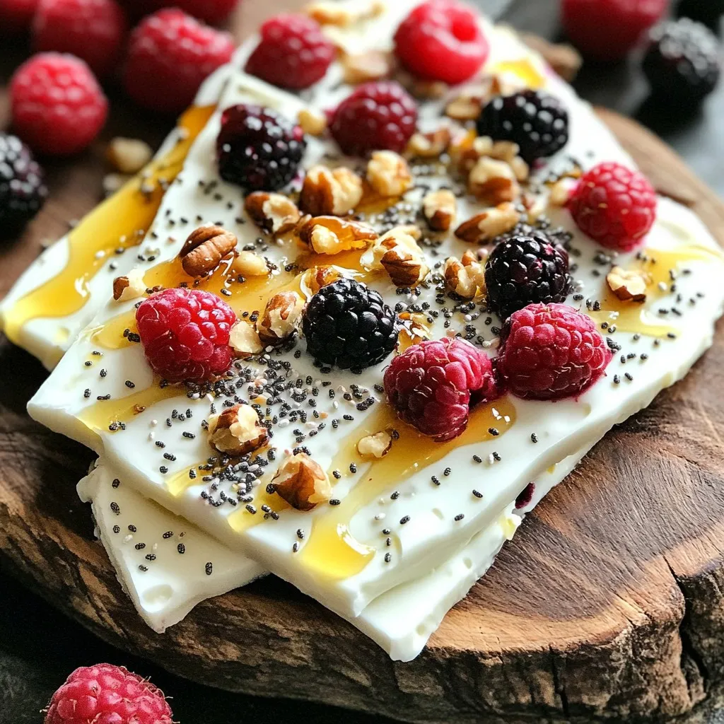 To make High-Protein Greek Yogurt Breakfast Bark, you need just a few simple ingredients. Here’s what you’ll gather: - 2 cups Greek yogurt (plain, non-fat or low-fat) - 1/4 cup honey or maple syrup - 1/2 teaspoon vanilla extract - 1/2 cup mixed berries (strawberries, blueberries, raspberries) - 1/4 cup chopped nuts (almonds, walnuts, or pistachios) - 2 tablespoons chia seeds - A pinch of sea salt Each of these ingredients plays a vital role in creating a tasty and nutritious snack. Greek yogurt packs a protein punch. Just one cup can have around 20 grams of protein! This helps you feel full for longer. It also has probiotics, which are good for your gut. These tiny helpers can aid digestion and boost your immune system. Plus, Greek yogurt is low in sugar and high in calcium, great for your bones. If you want to change things up, you can swap honey for maple syrup or agave. Each adds a unique sweetness. For toppings, try different fruits like peaches or bananas. You can also use seeds like pumpkin or sunflower instead of nuts. This way, you can make it nut-free if needed. Customize it to suit your taste! First, grab a large bowl. Add 2 cups of Greek yogurt to the bowl. You can use plain, non-fat, or low-fat yogurt. Next, pour in 1/4 cup of honey or maple syrup for sweetness. Add 1/2 teaspoon of vanilla extract for flavor. Lastly, sprinkle in a pinch of sea salt. Mix everything well until smooth and creamy. This mixture will be the base for your breakfast bark. Now, get your baking sheet and line it with parchment paper. This helps the yogurt not stick. Pour the yogurt mixture onto the parchment paper. Use a spatula to spread it evenly. Aim for about 1/2 inch in thickness. Make sure it's nice and flat. An even layer helps it freeze better. Time for the fun part! Sprinkle 1/2 cup of mixed berries over the yogurt. You can use strawberries, blueberries, or raspberries. Next, add 1/4 cup of chopped nuts like almonds, walnuts, or pistachios. Then, add 2 tablespoons of chia seeds. Press down gently on all the toppings. This will help them stick into the yogurt. Place the baking sheet in the freezer. Let it freeze for at least 4 hours. You want the yogurt to be completely hardened. This step is key for the bark to hold its shape. After freezing, take the baking sheet out. Let it sit at room temperature for about 5 minutes. This makes it easier to cut. Now, cut the bark into pieces or break it into shards. Serve your breakfast bark right away or store it in an airtight container. Enjoy this tasty treat, or keep it in the freezer for up to 2 weeks! To mix your ingredients well, use a large bowl. Start with Greek yogurt, honey or maple syrup, and vanilla extract. Add a pinch of sea salt for flavor. Use a whisk or spatula to blend. Mix until smooth and creamy. Make sure there are no lumps left. This step is key for a tasty bark. For the best texture, spread the yogurt mixture evenly. Aim for about 1/2 inch thick. If it's too thick, it won’t freeze well. If it's too thin, it may break easily when cut. Use a spatula to smooth the surface. This helps your toppings stick better and creates a nice finish. To serve your breakfast bark, use a wooden platter. This adds a rustic touch. Arrange the pieces neatly to show off the colors. Add extra fresh berries on the side for a pop of color. You can also drizzle more honey on top for sweetness. This makes it look and taste even better! {{image_2}} You can change up the fruit in this recipe. Try using bananas, peaches, or mangos. Each fruit will give your breakfast bark a new taste. Fresh fruit adds natural sweetness and great color. You can also use dried fruit like cranberries or apricots for a chewy texture. Just chop them into small pieces. Mixing fruits keeps breakfast fun and tasty. If you want a nut-free version, skip the nuts entirely. You can replace them with seeds like pumpkin or sunflower seeds. These seeds add crunch and healthy fats. You can also add more chia seeds to boost protein. This way, you still get a great texture without nuts. To make this recipe vegan, use plant-based yogurt. Look for coconut, almond, or soy yogurt. Replace honey with maple syrup for sweetness. This way, you keep all the great flavors while following a vegan diet. The texture will be just as creamy and delicious. Enjoy your vegan breakfast bark guilt-free! To keep your breakfast bark fresh, store it in an airtight container. This helps prevent freezer burn. You can also wrap individual pieces in plastic wrap for easy grabbing. Be sure to place parchment paper between layers if stacking. Freezing your breakfast bark is simple. Just place it in the freezer for at least four hours. When you want to eat some, take out only what you need. Let it sit at room temperature for about five minutes to soften. This makes it easier to bite into. Your breakfast bark lasts well in the freezer for up to two weeks. After that, it may lose some flavor and texture. For the best taste, eat it sooner rather than later. If you notice any ice crystals or changes in color, it's time to toss it. Yes, you can use flavored Greek yogurt. It adds a fun twist to the bark. Just keep in mind that flavored yogurt may have added sugars. If you want to control the sweetness, you might skip the honey or syrup. If you don’t have chia seeds, try using flaxseeds or sunflower seeds. Both options add fiber and crunch. You can also skip seeds altogether and focus on nuts or fruits. It takes about 4 hours for the bark to freeze completely. For best results, let it freeze overnight. This ensures the yogurt is firm and easy to cut into pieces. Yes, this recipe is great for meal prep. You can make it in advance and store it in your freezer. This way, you have a healthy, quick breakfast ready to go when you need it. This article explored how to make a tasty breakfast bark using Greek yogurt. We covered the key ingredients and their benefits, plus great alternatives for flavor. You learned step-by-step instructions for mixing, freezing, and serving. I shared tips to ensure your bark has the best texture and looks good on the plate. Finally, we discussed variations and storage to keep your treats fresh. Enjoy creating your own breakfast bark and make it your own with fun toppings!