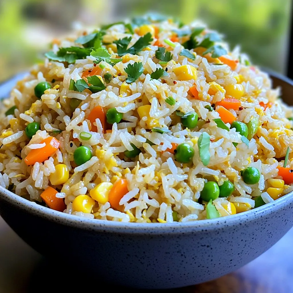 To make this dish, you need a few key items: - 3 cups cooked jasmine rice (best if it's day-old) - 4 tablespoons unsalted butter - 4 cloves garlic, minced - 1 small onion, finely chopped - 1 cup mixed vegetables (carrots, peas, corn) - 2 green onions, sliced - 3 tablespoons soy sauce - 1 teaspoon sesame oil - 1 teaspoon ground black pepper - Salt to taste - Fresh cilantro for garnish (optional) These ingredients create a rich base of flavor, making your fried rice truly special. Feel free to get creative with your fried rice. You can add: - Bell peppers, diced - Mushrooms, sliced - Eggs, scrambled - Peas, fresh or frozen - Sesame seeds for crunch Adding these can change the flavor and texture. Mix and match based on what you have at home! If you're missing an ingredient, don’t worry. Here are some swaps: - Use any type of cooked rice if jasmine isn't available. - Swap butter for olive oil for a lighter option. - Replace soy sauce with tamari for a gluten-free version. - Use garlic powder if you don’t have fresh garlic. These substitutions help you adapt the recipe to your pantry and make it your own. Start by gathering your ingredients. You need fresh vegetables and aromatics. Chop one small onion finely. Mince four cloves of garlic. Measure one cup of mixed vegetables. I love using carrots, peas, and corn for color and flavor. Next, heat a large non-stick skillet or wok over medium heat. Add two tablespoons of unsalted butter. Let it melt and swirl it around the pan. Once the butter is hot, add the chopped onion. Sauté it until it turns translucent, which takes about 2-3 minutes. This step builds a great base for the dish. Now, stir in the minced garlic. Cook it for about 30 seconds. Be careful not to burn it; you want that lovely garlic aroma filling your kitchen. After that, add your mixed vegetables. Stir-fry them for about 3-4 minutes until they are tender. Push the vegetable mixture to one side of the skillet. Add the remaining two tablespoons of butter to the empty side. Let it melt before you add the cooked jasmine rice. Using day-old rice gives the best texture. Spread the rice out in the pan and let it fry for 2-3 minutes without stirring. This helps create those crispy bits we all love. Once the rice is slightly crispy, mix it back with the vegetable mixture. Now it’s time to add flavor. Pour in three tablespoons of soy sauce, one teaspoon of sesame oil, and one teaspoon of ground black pepper. Add salt to taste. Stir everything well to combine. Cook for another 2-3 minutes. This allows all the flavors to meld together beautifully. To finish, mix in the sliced green onions and remove the skillet from heat. This final touch adds freshness. For serving, I recommend using a large bowl or dish. Garnish with fresh cilantro and extra sliced green onions for that pop of color. A drizzle of extra sesame oil adds even more flavor. Enjoy your homemade garlic butter fried rice—it’s better than takeout! Using leftover rice makes this dish better. Day-old jasmine rice works best. It dries out a bit, which helps the rice fry well. Freshly cooked rice can be too sticky. If you don't have leftover rice, spread fresh rice on a tray to cool. Let it sit for at least 30 minutes before using it. Soggy rice can ruin your fried rice. To avoid this, never add too much liquid. Use just enough soy sauce and sesame oil to coat the rice. Stir-frying the rice at high heat helps it crisp up. Make sure to fry the rice in batches if your skillet is small. This way, the rice gets enough heat. You can boost flavors with simple add-ins. Try adding cooked shrimp or chicken for protein. Toss in some scrambled eggs for extra richness. For a kick, add chili flakes or diced jalapeños. Fresh herbs like cilantro bring brightness. Mix and match these to make your fried rice unique. {{image_2}} You can easily make this dish vegetarian or vegan. To do this, skip the butter and use olive oil or vegan butter. You can also add more veggies like bell peppers or zucchini. This keeps the dish colorful and full of flavor. For added protein, toss in some chickpeas or edamame. These choices make the fried rice hearty and healthy. If you want protein, there are many great options. You can use cooked chicken, shrimp, or tofu. For chicken, dice it into small pieces and cook it first. For shrimp, add them after the garlic is fragrant. They only need a few minutes to cook through. For tofu, press and cube it, then fry it until golden. This gives a nice texture and flavor. To add a kick, make spicy garlic butter fried rice. You can mix in some red pepper flakes or a splash of sriracha. This adds heat without overpowering the dish. If you like it extra spicy, add diced jalapeños when cooking the veggies. Serve with lime wedges for a fresh finish. This version is perfect for those who love bold flavors. To keep your garlic butter fried rice fresh, store it right. Use an airtight container to hold the rice. Let it cool down to room temperature first. This helps prevent moisture buildup. Place it in the fridge if you plan to eat it within a few days. You can keep it for up to four days. If you want to save it longer, freezing is a great option. When you're ready to eat your leftover fried rice, reheat it well. I suggest using a skillet or wok for best results. Heat a bit of oil in the pan over medium heat. Add the rice and stir it often. This helps heat it evenly and keeps the texture nice. If the rice seems dry, splash in a bit of water or soy sauce. Heat until it's hot, usually about 5 to 7 minutes. To freeze your fried rice, first, let it cool. Then, scoop it into freezer-safe bags or containers. Be sure to squeeze out extra air before sealing. Label each bag with the date. When you're ready to use it, thaw it overnight in the fridge. Then follow the reheating instructions to enjoy your meal again. This method makes meal prep easy and keeps your dish tasty! Yes, you can use other rice types. Jasmine rice works best for this dish. Other options include basmati or long-grain rice. Just make sure the rice is cooked and cooled. This helps the grains stay separate and not clump together. To make garlic butter fried rice gluten-free, swap soy sauce for tamari. Tamari is a gluten-free option that tastes very similar. Always check labels to ensure the product is gluten-free. You can also use coconut aminos as a soy sauce alternative. Garlic butter fried rice pairs well with many sides. Try serving it with grilled chicken or shrimp for protein. You can also add a fresh salad or steamed broccoli for a healthy balance. For a fun twist, serve it with spring rolls or dumplings. Garlic butter fried rice is easy and tasty. We covered key ingredients, cooking tips, and fun variations. Whether you like chicken, shrimp, or vegan options, you can personalize this dish. Store any leftovers for later meals. Being creative with flavors makes it even better. Remember, using leftover rice helps achieve the right texture. Enjoy making this dish your own every time!